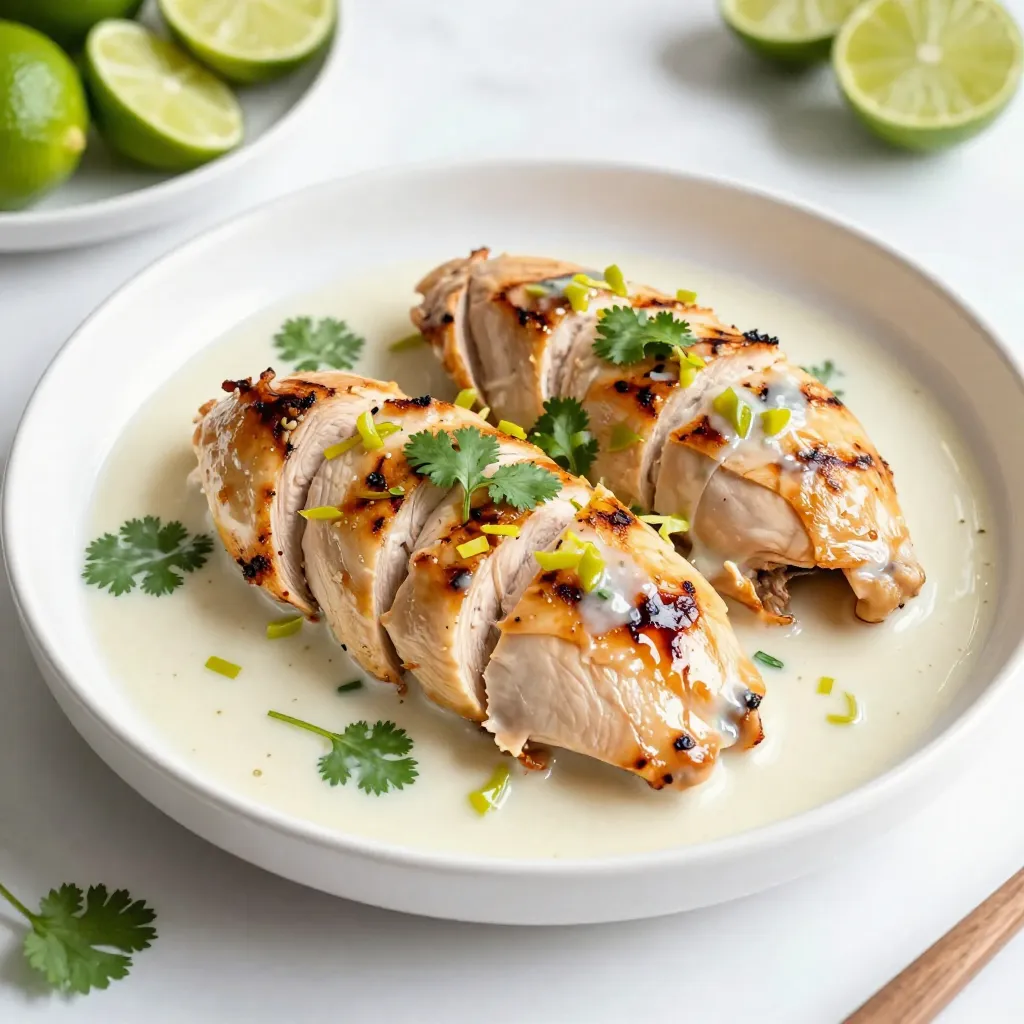 - 4 boneless, skinless chicken breasts - 1 can (13.5 oz) coconut milk - Zest of 2 limes - Juice of 2 limes - 3 garlic cloves, minced - 1 tablespoon ginger, grated - 1 tablespoon brown sugar - 1 teaspoon salt - 1 teaspoon black pepper - 1 tablespoon olive oil - Fresh cilantro, for garnish To make coconut lime chicken, start with fresh chicken breasts. They are the star of this dish. The marinade gives the chicken its tasty flavor. You will need a can of coconut milk. This rich ingredient adds creaminess. The zest and juice of two limes bring tanginess. The garlic and ginger add depth. Brown sugar balances the flavors, while salt and pepper enhance them. Don’t forget the olive oil! It helps with cooking and adds richness. Finally, fresh cilantro makes the dish pop. It adds color and freshness. Gather all these ingredients, and you are ready to create a delicious meal! {{ingredient_image_1}} To start, I whisk together the marinade ingredients. In a large bowl, combine the coconut milk, lime zest, lime juice, minced garlic, grated ginger, brown sugar, salt, and black pepper. This mixture creates a sweet and tangy flavor that will soak into the chicken. Next, I place the chicken breasts into the bowl. I ensure each piece is fully coated in the marinade. Then, I cover the bowl and put it in the fridge for at least one hour. If you have more time, let it marinate overnight. This extra time helps the flavors blend deeply into the chicken. Now it's time to cook! I preheat my grill or skillet over medium-high heat. I add a tablespoon of olive oil to the pan or grill. This oil helps prevent sticking and adds flavor. After the grill is hot, I take the chicken out of the marinade. I let any extra marinade drip off before placing it on the grill. I cook each side for about 6-7 minutes. I aim for an internal temperature of 165°F (74°C). This temperature ensures the chicken is safe to eat and juicy. To get nice grill marks, I avoid moving the chicken too much while it cooks. Once the chicken is cooked, I remove it from the heat and let it rest for about 5 minutes. This resting time helps the juices settle back into the meat. After resting, I slice the chicken and drizzle some of the reserved marinade over it. I always use marinade that has not touched raw chicken. Finally, I garnish the dish with freshly chopped cilantro. This adds a lovely color and a burst of fresh flavor. To get the best flavor from your coconut lime chicken, marinate it for at least one hour. For even more taste, let it sit overnight. This gives the chicken time to soak up all the yummy coconut and lime flavors. You can adjust the marinade to fit your taste. Want it sweeter? Add more brown sugar. Enjoy more zing? Squeeze in more lime juice. You have two great options for cooking: grilling or using a skillet. If you grill, you get those nice grill marks. This makes your chicken look great and adds flavor. If you choose a skillet, use medium-high heat and add olive oil. Both methods will keep your chicken juicy. Always check the chicken’s internal temperature. It should reach 165°F (74°C). This means it’s safe to eat. Now that your chicken is ready, think about sides. Coconut lime chicken pairs well with rice, beans, or a fresh salad. These sides add color and nutrition to your meal. For presentation, slice the chicken into strips. This makes it easy to serve and looks nice on the plate. Drizzle some reserved marinade over the top for extra flavor. Finish with fresh cilantro for a burst of green. It’s not just tasty; it looks great too! Pro Tips Marinate Longer for More Flavor: For the best flavor, marinate the chicken overnight. This allows the coconut and lime flavors to deeply penetrate the meat. Check for Doneness: Use a meat thermometer to ensure your chicken reaches an internal temperature of 165°F (74°C) for safe consumption. Rest the Chicken: Letting the chicken rest for 5 minutes after cooking helps retain its juices, resulting in a more succulent bite. Customize Your Marinade: Feel free to add additional spices or herbs to the marinade, like chili flakes for heat or lemongrass for an extra citrusy flavor. {{image_2}} You can change the protein in this dish. Shrimp works great. It cooks fast and tastes amazing. For a plant-based option, use tofu. Cut it into cubes and marinate just like the chicken. If you want a dairy-free option, use coconut milk as your base. It adds creaminess without any dairy. You can also try nut-based milk if you like. To make the taste pop, add spices. Try cayenne pepper for heat or cumin for warmth. Fresh herbs like basil or mint can also make a big difference. Want to switch up the citrus? Use oranges or lemons. They add a nice twist to the dish. Each option brings a new flavor experience. You can bake this chicken in the oven too. Preheat to 400°F (200°C). Place the marinated chicken on a baking sheet. Bake for 25-30 minutes, or until cooked through. If you prefer a slow cooker, place the chicken and marinade inside. Cook on low for 4-6 hours. This method makes the chicken super tender and full of flavor. After enjoying your coconut lime chicken, store any leftovers right. Keep the chicken in shallow containers. This helps it cool fast. Cover the containers tightly with lids or plastic wrap. You can also use freezer bags. Make sure to squeeze out the air to avoid freezer burn. To keep your chicken moist, use gentle heat. The stovetop is best for reheating. Just add a splash of water or broth in the pan. Cover it to lock in steam. This way, the chicken stays juicy. The microwave is quicker but can dry out the chicken. If you use it, heat in short bursts. Check often to avoid overcooking. You can freeze raw or cooked chicken. If freezing raw, wrap it tightly in plastic. This helps prevent freezer burn. For cooked chicken, let it cool first. Then, place it in airtight containers. When you’re ready to use it, thaw safely in the fridge overnight. Never thaw at room temperature. This keeps bacteria from growing. Can I use frozen chicken for this recipe? Yes, you can use frozen chicken. Just remember to thaw it first. Thawing helps the chicken soak up more flavor from the marinade. Place the frozen chicken in the fridge overnight or use the microwave's defrost setting. What should I serve with coconut lime chicken? Coconut lime chicken pairs well with many sides. I recommend serving it with rice or a fresh salad. You can also add grilled veggies for a colorful plate. The bright flavors of lime and coconut complement these options nicely. How can I tell if the chicken is fully cooked? You can check if the chicken is done by using a meat thermometer. It should read 165°F (74°C) in the thickest part. If you don’t have a thermometer, check if the meat is no longer pink inside. Juices should run clear. Can I make this recipe ahead of time? Yes, you can make this dish ahead of time. Marinating the chicken overnight enhances the flavor. You can also cook the chicken in advance and store it in the fridge. Just reheat it gently when you're ready to serve. This guide covered all you need to cook a great coconut lime chicken. We talked about choosing the right ingredients and making the marinade. I shared steps for grilling or cooking on a skillet, along with tips for juicy chicken. You learned about storing leftovers and quick reheating methods. Try the variations for new flavors. With practice, you’ll master this dish. Enjoy making it your own.