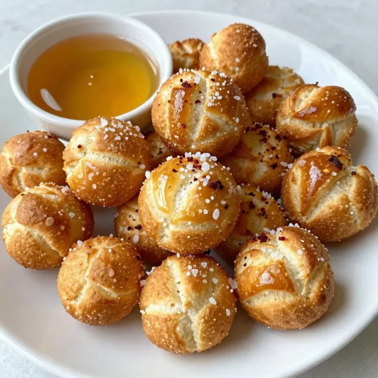 - 1 cup warm water (110°F) - 2 ¼ teaspoons active dry yeast - 2 tablespoons granulated sugar - 4 cups all-purpose flour - 1 teaspoon salt - ¼ cup baking soda - 1 egg, beaten (for egg wash) - ½ cup hot honey (store-bought or homemade) - Flaky sea salt, for topping - Optional: crushed red pepper flakes, for extra heat To make hot honey pretzel bites, you need simple ingredients. Warm water helps activate the yeast. The sugar feeds the yeast, making it frothy. Flour gives the bites their structure, while salt adds flavor. Baking soda is key for that lovely crust. Using an egg wash gives a golden finish. Hot honey adds a sweet kick. Flaky sea salt enhances the taste. If you like heat, crushed red pepper flakes are a fun option. Gather all these items before you start. It makes cooking smoother. Trust me, you want everything ready when the dough is rising! {{ingredient_image_1}} 1. In a bowl, combine 1 cup of warm water, 2 ¼ teaspoons of active dry yeast, and 2 tablespoons of sugar. 2. Let this sit for about 5 minutes until it gets frothy. 3. In a large bowl, mix 4 cups of all-purpose flour with 1 teaspoon of salt. 4. Make a well in the center and pour in the yeast mixture. 5. Stir until a dough forms. 1. Knead the dough on a floured surface for about 5-7 minutes. It should feel smooth. 2. Place the dough in a greased bowl. Cover it with a towel and let it rise for 1 hour. It should double in size. 3. Once risen, punch down the dough. Divide it into 24 equal pieces. 4. Roll each piece into a small ball. 1. In a large pot, bring 10 cups of water and ¼ cup of baking soda to a boil. 2. Drop each ball into the boiling water for about 30 seconds. 3. Use a slotted spoon to remove them and place them on a parchment-lined baking sheet. 4. Brush each pretzel bite with a beaten egg. 5. Sprinkle with flaky sea salt and, if you like, crushed red pepper flakes. 6. Preheat the oven to 450°F (230°C). 7. Bake for 12-15 minutes until they are golden brown. 8. Let them cool slightly before drizzling with hot honey. These steps will guide you to create delicious hot honey pretzel bites. Enjoy the process and the tasty results! To get the best pretzel bites, start with proper kneading. Knead the dough for 5-7 minutes. You want it smooth and elastic. If it feels sticky, add a little more flour. After kneading, let the dough rise in a greased bowl. Cover it with a towel and wait for about one hour. This helps the dough grow big and fluffy. Boiling the pretzel bites in baking soda water is key. It gives them that classic pretzel flavor and texture. Boil each piece for 30 seconds. This step also helps create the shiny crust. Don't skip this step if you want great results! To adjust the heat level, add crushed red pepper flakes. You can sprinkle these on top, or mix them into the hot honey. This will give your bites a spicy kick. Just remember, a little goes a long way! For serving, think outside the box! Pair your pretzel bites with a variety of dips. Cheese sauce, mustard, or even ranch dressing can make great options. This way, everyone can customize their snack. Enjoy playing with different flavors! Pro Tips Use Fresh Yeast: Ensure your yeast is fresh for the best rise and texture in your pretzel bites. Boiling Solution: The baking soda in the boiling water is crucial for that classic pretzel flavor and texture. Perfect Egg Wash: A well-brushed egg wash gives your pretzel bites that beautiful golden color and crispy crust. Customize Heat Levels: Adjust the amount of crushed red pepper flakes according to your spice preference for the hot honey drizzle. {{image_2}} You can have fun with hot honey by adding unique flavors. Here are some ideas: - Citrus zest: Add lemon or orange zest for a bright twist. - Herbs: Infuse with rosemary or thyme for a fresh taste. - Spices: Try cinnamon or ginger for warm notes. If you want to change up the toppings, consider these alternatives: - Cheese: Grate some Parmesan or cheddar on top. - Nuts: Add crushed nuts for a crunchy finish. - Sweet toppings: Drizzle with maple syrup or chocolate sauce for a sweet kick. For those who need a gluten-free snack, you can still enjoy these pretzel bites. Use these flour substitutes: - Almond flour: A great nutty option that works well. - Coconut flour: Use less, as it absorbs more moisture. - Gluten-free flour blend: Look for a mix that includes xanthan gum. Make these adjustments to the recipe: - Hydration: You may need more liquid with gluten-free flours. - Kneading: Gluten-free dough needs gentle mixing, not kneading. - Baking time: Keep an eye on them, as gluten-free bites may bake faster. With these variations, you can create a delightful snack that fits your taste and dietary needs! To keep your pretzel bites fresh, place them in an airtight container. This helps seal in moisture and flavor. You can store them at room temperature for up to two days. If you want to keep them longer, refrigerate them for up to a week. For the best taste, enjoy them fresh. When it's time to enjoy leftovers, you can reheat them easily. The best method is to use an oven. Preheat your oven to 350°F (175°C). Place the pretzel bites on a baking sheet for about 5-7 minutes. This will make them warm and crispy again. You can also use a microwave, but they may lose some texture. If you prefer more flavor, drizzle some hot honey on top right before serving. Hot honey is honey mixed with chili peppers for heat. You can buy it or make it at home. To make hot honey, simply heat 1 cup of honey with 1-2 teaspoons of crushed red pepper flakes. Let it steep for about 15 minutes. The longer it sits, the spicier it gets. Strain out the flakes if you want a smoother honey. This sweet and spicy blend pairs perfectly with the pretzel bites. Yes, you can prepare the pretzel bites ahead of time. Make the dough and let it rise as directed. After shaping the bites, you can freeze them before boiling. To freeze, place them on a baking sheet, cover, and freeze until firm. Then transfer them to a freezer bag. When you’re ready to bake, boil them straight from the freezer. Just add a few extra minutes to the baking time. To make the pretzel bites vegan, replace the egg wash with a plant-based milk like almond or oat milk. For the hot honey, you can use agave syrup or maple syrup. If you want to keep the spicy element, mix the syrup with a bit of chili powder or crushed red pepper. This way, you keep the flavor and stay true to a vegan lifestyle. You now know how to make mouthwatering pretzel bites at home. We covered all key steps, from mixing ingredients to baking the perfect bite. Remember to knead well and boil the dough in baking soda water for that classic texture. You can even customize flavors with hot honey or red pepper flakes. Enjoy these pretzel bites fresh or store them for later. With these tips, you can easily impress family and friends at any gathering. Get ready to savor every delicious bite!