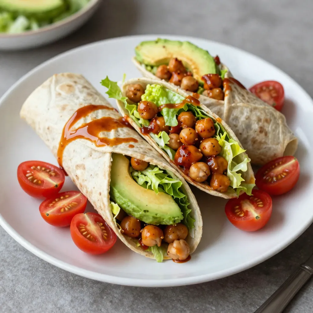 - 1 can (15 oz) chickpeas, drained and rinsed - 1/4 cup buffalo sauce (adjust for spice preference) - 1 tablespoon olive oil - 1 teaspoon garlic powder - 1 teaspoon onion powder - Salt and pepper to taste - 1 avocado, sliced - 1 cup romaine lettuce, shredded - 1/2 cup cherry tomatoes, halved - 4 whole wheat tortillas or wraps - 1/4 cup vegan ranch dressing (optional) The main ingredients in these wraps provide a great mix of flavors. Chickpeas are the star, offering protein and fiber. Buffalo sauce gives a spicy kick that makes this dish special. Olive oil adds healthy fat, while garlic and onion powder bring rich taste. Fresh veggies like avocado and tomatoes add crunch and freshness. Vegan ranch dressing is a fun add-on. It cools the heat from the buffalo sauce. You can also toss in extra veggies or herbs. Consider cucumbers, bell peppers, or cilantro for more flavor. These options help you customize your wrap. These wraps are not just tasty; they are also healthy. Chickpeas provide protein and fiber. Avocado adds healthy fats and vitamins. Romaine lettuce gives you crunch and nutrients. Each wrap is filling and balanced. They make a great meal or snack. You can feel good about eating these wraps! {{ingredient_image_1}} Start with one can of chickpeas. Drain and rinse them well. In a medium bowl, use a fork or potato masher to mash the chickpeas. Leave some whole for texture. This gives the wraps a nice bite. Next, add 1/4 cup of buffalo sauce to the mashed chickpeas. You can adjust this based on how spicy you like it. Mix in 1 tablespoon of olive oil, 1 teaspoon of garlic powder, and 1 teaspoon of onion powder. Add salt and pepper to taste. Stir until everything is well combined. Make sure to taste it; adjust the sauce if you want more heat. Heat a skillet over medium heat. Take one tortilla and place it in the skillet. Warm it for about 30 seconds on each side. You want it soft and easy to fold. Repeat with the other tortillas. Now, lay a warm tortilla flat on a clean surface. Scoop a spoonful of the chickpea mixture into the center. Top it with sliced avocado, shredded romaine lettuce, and halved cherry tomatoes. For wrapping, fold in the sides of the tortilla first. Then, roll it up tightly from the bottom. This keeps all the tasty filling inside. Repeat the process for the remaining tortillas. Enjoy your delicious Vegan Buffalo Chickpea Wraps! To get the best flavor from chickpeas, start with canned ones. Rinse them well to remove any canning liquid. This helps reduce sodium and improves the taste. If you prefer dried chickpeas, soak them overnight. Cook them in boiling water until soft. This ensures they have the right texture for your wraps. I like to mash them slightly, leaving some whole for crunch. The spice in the buffalo sauce can vary. If you want it milder, use less sauce. You can also mix in some garlic powder or onion powder to balance the heat. Taste the mixture before you assemble your wraps. This way, you can make the flavors just right for you. Feel free to add more sauce if you enjoy the heat! Cut each wrap in half diagonally. This makes them easier to eat and look great on a platter. Arrange them nicely, and add cherry tomatoes for color. A drizzle of buffalo sauce on top adds flair. You can also serve with a side of vegan ranch dressing for dipping. This makes your wraps pop and impresses your guests! Pro Tips Adjust the Spice Level: Feel free to modify the amount of buffalo sauce based on your heat preference. Start with a smaller amount and gradually add more for extra kick. Texture Matters: For a more varied texture, consider adding some diced celery or chopped green onions to the chickpea mixture. Wrap It Right: Ensure you wrap tightly so that the filling doesn’t spill out while you’re enjoying your delicious creation. Make Ahead: You can prepare the chickpea mixture ahead of time and store it in the fridge. Just assemble the wraps when you’re ready to serve! {{image_2}} You can easily make this recipe gluten-free. Use gluten-free tortillas instead of whole wheat. Many stores sell tasty options made from rice or corn. Just check the label to be sure they fit your needs. This way, everyone can enjoy the wraps without worry. If you want more protein, try using lentils or quinoa. Both add great texture and flavor. You can also use chickpea salad or even tofu. Just make sure to spice them up like the chickpeas. This keeps the wraps exciting and tasty. Add more flavor with toppings. Try sliced cucumbers for crunch. Pickled red onions can add a tangy bite. For a spicy kick, toss in jalapeños or hot sauce. Lastly, fresh herbs like cilantro can brighten the wrap. Feel free to mix and match to find your favorite combo! To store your leftover wraps, place them in an airtight container. Keep them in the fridge for up to three days. If you want them to stay fresh, wrap each one in plastic wrap before placing them in the container. This helps keep them moist and tasty. You can freeze these wraps for later enjoyment. First, wrap each one tightly in plastic wrap. Then, place them in a freezer-safe bag or container. They can last in the freezer for up to three months. When you crave them, just thaw them in the fridge overnight. When you’re ready to eat, take the wraps out of the fridge or freezer. If they are frozen, let them thaw first. To reheat, you can use a skillet over medium heat. Warm each wrap for about two to three minutes on each side. This will make them soft again and bring out the flavors. You can also use a microwave. Heat for about 30 seconds, but check to avoid making them too soggy. Yes, you can make these wraps in advance. Prepare the chickpea mixture and store it in the fridge. You can keep it for up to three days. When ready to eat, warm the tortillas and assemble the wraps. This method saves time and keeps your meal fresh. You can use several alternatives for buffalo sauce. Try hot sauce mixed with vegan butter for a similar flavor. You can also use a mix of barbecue sauce and hot sauce for a sweet and spicy twist. Adjust the amounts to fit your taste. Absolutely! These wraps are kid-friendly because they are tasty and fun to eat. You can adjust the spice level by using less buffalo sauce. Plus, kids can help assemble their wraps, making it a fun cooking activity. Each Vegan Buffalo Chickpea Wrap has about 300 calories. This number can change based on the toppings and sauces you add. If you use less sauce or add more veggies, the calorie count can vary. Always check your specific ingredients for accuracy. You learned how to make tasty Vegan Buffalo Chickpea Wraps. We covered key ingredients, how to prepare them, and tips for the best flavor. Remember, you can change ingredients to suit your taste or dietary needs. These wraps store well and can even be frozen for later. Try different spices and add-ons to make them unique! Enjoy these wraps as a healthy meal or snack. Now, get cooking and share your creations with friends!