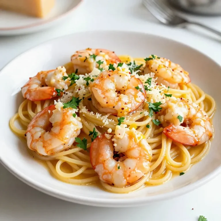 To make Lemon Garlic Shrimp Scampi, you will need the following ingredients: - Large shrimp (1 pound) - Unsalted butter (4 tablespoons) - Olive oil (2 tablespoons) - Garlic (4 cloves, minced) - Lemons (2, zested and juiced) - Red pepper flakes (1/4 teaspoon, adjust per heat preference) - Salt and pepper (to taste) - Linguine or spaghetti (8 ounces) - Fresh parsley (for garnish) - Grated Parmesan cheese (optional) Each ingredient plays a key role in the dish. The shrimp provide a sweet and tender bite. The butter adds richness, while the olive oil ensures a nice sauté. Garlic gives a savory depth that pairs well with the bright lemon. Lemon zest and juice brighten the dish, making it fresh and zesty. Red pepper flakes add a touch of heat. Salt and pepper help enhance all the flavors. Linguine or spaghetti serves as the perfect base, soaking up the sauce. Fresh parsley adds a pop of color and freshness. Lastly, Parmesan cheese can add a delightful savory layer, enhancing the dish's overall appeal. These ingredients combine to create a vibrant and tasty meal that’s easy to prepare. {{ingredient_image_1}} - Start by boiling a large pot of salted water. - Add 8 ounces of linguine or spaghetti. - Cook according to package directions for about 8-10 minutes until al dente. - Reserve 1/2 cup of pasta water before draining. - In a large skillet, melt 2 tablespoons of butter with 2 tablespoons of olive oil over medium heat. - Once the butter is melted and the oil is hot, add 4 cloves of minced garlic. - Sauté the garlic for about 1 minute until it smells great. Be careful not to burn it. - Add 1 pound of shrimp, 1/4 teaspoon of red pepper flakes, and salt and pepper to taste. - Cook the shrimp for 2-3 minutes on each side until they turn pink and opaque. - Once the shrimp are cooked, add the zest and juice of 2 lemons to the skillet. - Stir to mix everything well. If it seems dry, add a few tablespoons of the reserved pasta water. - Add the drained pasta to the skillet and gently toss it in the lemon garlic sauce. - Stir in the remaining 2 tablespoons of butter until it melts. Adjust the seasoning if needed. To cook shrimp perfectly, look for a pink color. Shrimp cook fast, so watch them closely. Cook them for about 2-3 minutes on each side. If you overcook shrimp, they can get tough and rubbery. For great flavor, season them well with salt and pepper. Add red pepper flakes for a mild kick. The lemon juice will also bring out the shrimp's taste. To achieve al dente pasta, cook it for a shorter time than the package says. Start checking it a minute or two early. You want it to be firm but not hard. Always reserve pasta water before you drain it. This water is starchy and can help bind your sauce later. If the sauce needs some thinning, add a splash of the reserved water. Pair Lemon Garlic Shrimp Scampi with a crisp salad or garlic bread. A fresh green salad adds nice crunch and balance. For garnishing, sprinkle fresh parsley on top. You can also add grated Parmesan cheese for extra flavor. Use lemon slices as a pretty garnish, too. This dish looks great on any table! Pro Tips Use Fresh Shrimp: Fresh shrimp will provide the best flavor and texture in your dish. If using frozen shrimp, be sure to thaw them properly before cooking. Adjust Garlic to Taste: If you're a garlic lover, feel free to add more minced garlic for an extra punch of flavor. Just be careful not to burn it while sautéing. Perfect Pasta Cooking: Make sure to cook your pasta al dente, as it will continue to cook slightly when mixed with the shrimp and sauce. Lemon Zest is Key: Don't skip the lemon zest! It adds a bright, aromatic flavor that elevates the dish significantly. {{image_2}} You can easily swap shrimp for chicken if you prefer. Just cut the chicken into bite-sized pieces. Cook it the same way you do with shrimp. If you want to try different pasta, you can use penne or fettuccine instead of linguine. Each type brings its own feel to the dish. Adding fresh herbs can really boost the taste. Consider using basil or thyme for a fresh twist. You can also add spinach or cherry tomatoes for some color and nutrition. Just toss them in with the shrimp to cook until tender. If you're gluten-free, look for gluten-free pasta options. Many brands make great alternatives. For a low-fat version, you can cut the butter in half and use more olive oil. This still keeps the dish tasty without the extra fat. To keep your Lemon Garlic Shrimp Scampi fresh, first let it cool. Place it in an airtight container. Store it in the fridge. The leftovers will stay good for up to three days. Make sure to check for any off smells before eating. When reheating, use a skillet over low heat. This method warms the dish evenly. You can add a splash of water or broth to keep it moist. Stir occasionally to avoid burning. If you prefer the microwave, use a microwave-safe dish and cover it. Heat in short intervals to maintain the flavor and texture. If you want to freeze it, portion the dish first. Use freezer-safe containers or bags. Label them with the date. Shrimp scampi can last up to three months in the freezer. To thaw, move it to the fridge overnight. For quick thawing, place it in cold water. Avoid using hot water, as this can cook the shrimp. Making Lemon Garlic Shrimp Scampi takes about 25 minutes in total. You will spend 10 minutes prepping the ingredients. The cooking part takes about 15 minutes. Yes, you can use frozen shrimp. If you choose frozen, thaw them first. To thaw shrimp, place them in cold water for about 15-20 minutes. This helps keep their texture nice. Fresh shrimp have a better taste, but frozen works well too. There are many great sides to pair with your dish. Here are a few ideas: - Garlic bread for dipping in the sauce. - A fresh salad with greens and a light dressing. - Steamed asparagus or broccoli for a healthy touch. - Rice or quinoa to soak up that zesty sauce. These options will enhance your meal and keep it light and tasty! This blog post covered making a tasty Lemon Garlic Shrimp Scampi. You learned about the key ingredients, cooking steps, and handy tips to make it perfect. I shared ideas for variations and storage tips too. Remember, cooking is fun and a great way to experiment. Feel free to switch ingredients based on what you like. Enjoy your meal and happy cooking!