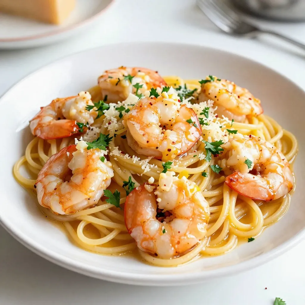 To make Lemon Garlic Shrimp Scampi, you will need the following ingredients: - Large shrimp (1 pound) - Unsalted butter (4 tablespoons) - Olive oil (2 tablespoons) - Garlic (4 cloves, minced) - Lemons (2, zested and juiced) - Red pepper flakes (1/4 teaspoon, adjust per heat preference) - Salt and pepper (to taste) - Linguine or spaghetti (8 ounces) - Fresh parsley (for garnish) - Grated Parmesan cheese (optional) Each ingredient plays a key role in the dish. The shrimp provide a sweet and tender bite. The butter adds richness, while the olive oil ensures a nice sauté. Garlic gives a savory depth that pairs well with the bright lemon. Lemon zest and juice brighten the dish, making it fresh and zesty. Red pepper flakes add a touch of heat. Salt and pepper help enhance all the flavors. Linguine or spaghetti serves as the perfect base, soaking up the sauce. Fresh parsley adds a pop of color and freshness. Lastly, Parmesan cheese can add a delightful savory layer, enhancing the dish's overall appeal. These ingredients combine to create a vibrant and tasty meal that’s easy to prepare. {{ingredient_image_1}} - Start by boiling a large pot of salted water. - Add 8 ounces of linguine or spaghetti. - Cook according to package directions for about 8-10 minutes until al dente. - Reserve 1/2 cup of pasta water before draining. - In a large skillet, melt 2 tablespoons of butter with 2 tablespoons of olive oil over medium heat. - Once the butter is melted and the oil is hot, add 4 cloves of minced garlic. - Sauté the garlic for about 1 minute until it smells great. Be careful not to burn it. - Add 1 pound of shrimp, 1/4 teaspoon of red pepper flakes, and salt and pepper to taste. - Cook the shrimp for 2-3 minutes on each side until they turn pink and opaque. - Once the shrimp are cooked, add the zest and juice of 2 lemons to the skillet. - Stir to mix everything well. If it seems dry, add a few tablespoons of the reserved pasta water. - Add the drained pasta to the skillet and gently toss it in the lemon garlic sauce. - Stir in the remaining 2 tablespoons of butter until it melts. Adjust the seasoning if needed. To cook shrimp perfectly, look for a pink color. Shrimp cook fast, so watch them closely. Cook them for about 2-3 minutes on each side. If you overcook shrimp, they can get tough and rubbery. For great flavor, season them well with salt and pepper. Add red pepper flakes for a mild kick. The lemon juice will also bring out the shrimp's taste. To achieve al dente pasta, cook it for a shorter time than the package says. Start checking it a minute or two early. You want it to be firm but not hard. Always reserve pasta water before you drain it. This water is starchy and can help bind your sauce later. If the sauce needs some thinning, add a splash of the reserved water. Pair Lemon Garlic Shrimp Scampi with a crisp salad or garlic bread. A fresh green salad adds nice crunch and balance. For garnishing, sprinkle fresh parsley on top. You can also add grated Parmesan cheese for extra flavor. Use lemon slices as a pretty garnish, too. This dish looks great on any table! Pro Tips Use Fresh Shrimp: Fresh shrimp will provide the best flavor and texture in your dish. If using frozen shrimp, be sure to thaw them properly before cooking. Adjust Garlic to Taste: If you're a garlic lover, feel free to add more minced garlic for an extra punch of flavor. Just be careful not to burn it while sautéing. Perfect Pasta Cooking: Make sure to cook your pasta al dente, as it will continue to cook slightly when mixed with the shrimp and sauce. Lemon Zest is Key: Don't skip the lemon zest! It adds a bright, aromatic flavor that elevates the dish significantly. {{image_2}} You can easily swap shrimp for chicken if you prefer. Just cut the chicken into bite-sized pieces. Cook it the same way you do with shrimp. If you want to try different pasta, you can use penne or fettuccine instead of linguine. Each type brings its own feel to the dish. Adding fresh herbs can really boost the taste. Consider using basil or thyme for a fresh twist. You can also add spinach or cherry tomatoes for some color and nutrition. Just toss them in with the shrimp to cook until tender. If you're gluten-free, look for gluten-free pasta options. Many brands make great alternatives. For a low-fat version, you can cut the butter in half and use more olive oil. This still keeps the dish tasty without the extra fat. To keep your Lemon Garlic Shrimp Scampi fresh, first let it cool. Place it in an airtight container. Store it in the fridge. The leftovers will stay good for up to three days. Make sure to check for any off smells before eating. When reheating, use a skillet over low heat. This method warms the dish evenly. You can add a splash of water or broth to keep it moist. Stir occasionally to avoid burning. If you prefer the microwave, use a microwave-safe dish and cover it. Heat in short intervals to maintain the flavor and texture. If you want to freeze it, portion the dish first. Use freezer-safe containers or bags. Label them with the date. Shrimp scampi can last up to three months in the freezer. To thaw, move it to the fridge overnight. For quick thawing, place it in cold water. Avoid using hot water, as this can cook the shrimp. Making Lemon Garlic Shrimp Scampi takes about 25 minutes in total. You will spend 10 minutes prepping the ingredients. The cooking part takes about 15 minutes. Yes, you can use frozen shrimp. If you choose frozen, thaw them first. To thaw shrimp, place them in cold water for about 15-20 minutes. This helps keep their texture nice. Fresh shrimp have a better taste, but frozen works well too. There are many great sides to pair with your dish. Here are a few ideas: - Garlic bread for dipping in the sauce. - A fresh salad with greens and a light dressing. - Steamed asparagus or broccoli for a healthy touch. - Rice or quinoa to soak up that zesty sauce. These options will enhance your meal and keep it light and tasty! This blog post covered making a tasty Lemon Garlic Shrimp Scampi. You learned about the key ingredients, cooking steps, and handy tips to make it perfect. I shared ideas for variations and storage tips too. Remember, cooking is fun and a great way to experiment. Feel free to switch ingredients based on what you like. Enjoy your meal and happy cooking!