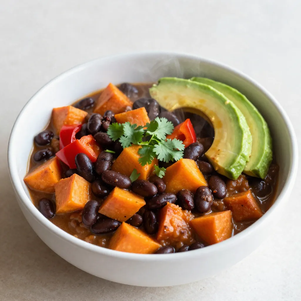 To make Sweet Potato Black Bean Chili, you need the following items: - 2 medium sweet potatoes, peeled and diced - 1 can (15 oz) black beans, drained and rinsed - 1 can (14.5 oz) diced tomatoes, with juices - 1 medium onion, chopped - 2 cloves garlic, minced - 1 red bell pepper, chopped - 1 green bell pepper, chopped - 2 cups vegetable broth - 1 tablespoon chili powder - 1 teaspoon cumin - 1 teaspoon smoked paprika - Salt and pepper to taste - 2 tablespoons olive oil You can make your chili even better with these garnishes: - Fresh cilantro - Avocado slices To cook this dish, you will need some basic kitchen tools: - A large pot - A cutting board - A knife - A stirring spoon - Measuring spoons and cups With these ingredients and tools, you can create a warm and tasty chili. Each item adds flavor and nutrition, making this dish not just good, but also healthy. {{ingredient_image_1}} Start by heating 2 tablespoons of olive oil in a large pot over medium heat. Add 1 chopped onion and 2 minced garlic cloves. Sauté until the onion turns soft and clear, about 5 minutes. Next, toss in 1 diced red bell pepper and 1 diced green bell pepper. Cook these for about 3 to 4 minutes, until they soften. This mix makes a great base for your chili. Now, stir in 2 medium sweet potatoes that you have peeled and diced. Add 1 tablespoon of chili powder, 1 teaspoon of cumin, and 1 teaspoon of smoked paprika. Cook this mix for another minute. You want the spices to release their aroma and flavor. Once the base is ready, pour in 2 cups of vegetable broth and 1 can of diced tomatoes (with juices) into the pot. Bring this mixture to a boil. Once it boils, turn down the heat and let it simmer. Cover the pot and let it cook for about 25 to 30 minutes. Check to see if the sweet potatoes are tender. This step helps all the flavors blend well. After 25 minutes, add 1 can of black beans that you have drained and rinsed. Stir the chili well. You should taste and add salt and pepper to your liking. Let it simmer for another 5 to 10 minutes. If you like a thicker texture, mash a few sweet potato pieces against the side of the pot. Once the chili is done, it is time to serve. Ladle the hot chili into bowls. You can garnish with fresh cilantro if you like. Adding avocado slices on top can also give it a creamy touch. This dish is not only tasty but also healthy and filling. Enjoy your homemade sweet potato black bean chili! When picking sweet potatoes, look for firm ones. Avoid any that feel soft or have spots. The skin should be smooth and free of deep cuts. Choose medium-sized sweet potatoes for even cooking. Their color can range from orange to purple, so pick what you like best. To boost flavors in your chili, add fresh herbs like cilantro or parsley. A squeeze of lime juice adds a nice zing. You can also include a dash of hot sauce for extra heat. If you want a smoky taste, add more smoked paprika. For a sweet touch, consider a pinch of brown sugar. If you want less heat, skip the chili powder or use less. For a milder flavor, add more sweet potatoes or black beans. If you love spice, try adding jalapeños or cayenne pepper. Always taste your chili as it cooks. This way, you can adjust the spices to your liking. Pro Tips Use Fresh Ingredients: Fresh sweet potatoes and bell peppers will enhance the flavor and texture of your chili. Adjust Spice Level: Increase or decrease the chili powder based on your heat preference; you can also add diced jalapeños for an extra kick! Thicken the Chili: For a heartier chili, mash some of the sweet potatoes against the pot's side or add a tablespoon of tomato paste. Garnish Creatively: Consider adding toppings like sour cream, shredded cheese, or lime wedges to elevate the dish and add layers of flavor. {{image_2}} You can easily boost the veggie power in your sweet potato black bean chili. Try adding carrots or zucchini. Both add flavor and texture. You can also toss in corn for sweetness or spinach for greens. Just chop them up and throw them in during the cooking steps. This makes your chili even more colorful and healthy. If you want more protein, consider adding meat or tofu. Ground turkey or chicken works well. Cook it first, then mix it in with the veggies. For a meatless option, use tempeh or extra black beans. These options make the chili hearty and filling. You can also add quinoa for a protein boost. Spice blends can change the taste of your chili. If you like it hotter, add cayenne pepper or jalapeños. For a smokier flavor, try chipotle powder. You can also use taco seasoning as a fun twist. Experiment with different spices to find your perfect blend. After cooking, let the sweet potato black bean chili cool down. Once it cools, store it in an airtight container. It will stay fresh in the fridge for up to five days. Always label your container with the date. This helps you remember when you made it. To freeze your chili, use freezer-safe containers or bags. Make sure to leave some space at the top. Chili expands when frozen. It can last in the freezer for up to three months. When you’re ready to eat, just take it out and thaw it in the fridge overnight. Reheat your chili on the stove over medium heat. Stir occasionally until it's hot. You can also microwave it in a bowl. Heat it for one to two minutes, stirring halfway through. If it seems thick, add a splash of vegetable broth or water to loosen it up. Enjoy your warm, hearty meal! Yes, you can use other beans. Some great alternatives are kidney beans, pinto beans, or chickpeas. These beans add unique flavors and textures to the chili. Just remember to drain and rinse canned beans before adding them. Each type of bean will change the taste a bit, so feel free to experiment until you find your favorite mix. Absolutely! Sweet potato black bean chili is perfect for meal prep. You can make a big batch and store it in the fridge for up to four days. Just divide it into containers for easy lunches or dinners. It also freezes well. Store it in airtight containers, and it lasts up to three months in the freezer. When ready to eat, just reheat in the microwave or on the stove. To spice up your chili, add extra chili powder or cayenne pepper. You can also add fresh jalapeños or hot sauce for more heat. If you like smoky flavor, try adding chipotle peppers in adobo sauce. Start with a little and taste as you go. This way, you can find the perfect level of heat for your taste buds. This blog post covers everything you need for a great chili. We looked at the ingredients, from sweet potatoes to spice blends. I shared tips on cooking and served ideas, plus storage info. You can even tweak the chili with extra veggies or protein. Chili can be both simple and versatile. Now, you’re ready to make it your own. Enjoy cooking and savor every bite!