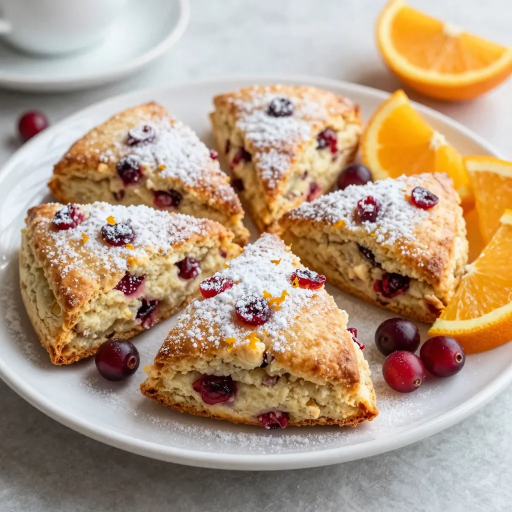 - 2 cups all-purpose flour - 1/2 cup granulated sugar - 1 tablespoon baking powder - 1/2 teaspoon salt - 1/2 cup unsalted butter, cold and cubed - 1 cup fresh or dried cranberries - Zest of 1 large orange - 1/2 cup heavy cream - 1 egg, beaten (for egg wash) When making cranberry orange scones, these ingredients work together to create a lovely flavor. Each item plays a key role in the final product. Can you use different flour? Yes! You can swap all-purpose flour for whole wheat flour or almond flour. Both can give a unique taste and texture. What if you don't have heavy cream? You can use whole milk or a mix of milk and melted butter. These alternatives will still keep the scones rich. Need different sweeteners? You can replace granulated sugar with brown sugar or honey. Each option will change the flavor a bit but will still taste great! {{ingredient_image_1}} 1. First, preheat your oven to 400°F (200°C). This step gets your oven ready for baking. 2. Next, grab a large bowl. In the bowl, whisk together: - 2 cups all-purpose flour - 1/2 cup granulated sugar - 1 tablespoon baking powder - 1/2 teaspoon salt Whisk until everything is mixed well. 3. Now, add the cold, cubed butter (1/2 cup) to the flour mixture. Use a pastry cutter or your fingers to mix. You want it to look like coarse crumbs. 4. Then, fold in the cranberries (1 cup) and the zest of 1 large orange. Mix gently until they are evenly spread in the dough. 5. Gradually add the heavy cream (1/2 cup) to the mixture. Stir just until the dough comes together. Avoid overmixing to keep it light. 6. Turn the dough out onto a floured surface and knead it gently a few times until smooth. 7. Pat the dough into a circle about 1 inch thick. Cut the dough into wedges or use a circle cutter for round scones. 8. Place the scones on a lined baking sheet. Brush the tops with a beaten egg for a nice golden color. 9. Bake in your preheated oven for 15-20 minutes. Look for a light golden top to know they’re done. 10. Once baked, remove the scones from the oven. Let them cool on a wire rack before you enjoy them. To get the best scone, start with cold butter. It keeps the scones flaky. When mixing, do not overwork the dough. Mix until just combined. This helps keep your scones light and airy. Kneading is simple. After mixing, turn the dough onto a floured surface. Gently knead it a few times, just until smooth. Avoid heavy pressure. You want to keep the air inside. For added flavor, try adding cinnamon or nutmeg. These spices pair well with cranberries and orange. You can also add a splash of vanilla for depth. When serving, think about pairing your scones with clotted cream or jam. A dollop of orange marmalade adds a nice touch. These pairings make each bite even more delicious. To present your scones, arrange them on a platter. Dust with powdered sugar for a sweet look. Garnish with fresh cranberries and orange slices. This makes your dish pop with color and charm. Serve your scones warm for the best taste. They are great with tea or coffee. You can also offer jam or clotted cream on the side. These add richness and flavor to your scone experience. Pro Tips Keep Butter Cold: Use cold, cubed butter to ensure your scones are flaky. The cold butter will create steam during baking, leading to a light texture. Don’t Overmix: Mix the dough just until it comes together. Overmixing can lead to tough scones, so handle the dough gently. Freshness Matters: If using dried cranberries, consider soaking them in warm water for 10 minutes to rehydrate and enhance their flavor. Egg Wash for Shine: Brushing the tops of the scones with a beaten egg before baking gives them a beautiful golden color and a shiny finish. {{image_2}} You can easily change the flavor of your cranberry orange scones. Here are some fun ideas: - Adding nuts or chocolate: Try mixing in chopped walnuts or pecans. These add a nice crunch. You could also add semi-sweet or dark chocolate chips for a sweet twist. The chocolate pairs well with the tart cranberries. - Using different citrus fruits: Instead of orange zest, try lemon or lime. These fruits give a bright flavor. Feel free to mix them, too! A blend of lemon and orange can make your scones pop with freshness. If you have dietary needs, these scone variations can work for you: - Gluten-free version using alternate flours: Use a gluten-free flour blend. Look for one that has xanthan gum for better texture. This will help the scones rise and stay light. - Vegan alternatives for butter and cream: You can swap the butter with coconut oil or vegan butter. Use almond milk or oat milk instead of heavy cream. These changes keep the scones rich and tasty while being dairy-free. These variations make the scones fun and accessible for everyone! To keep your cranberry orange scones fresh, place them in an airtight container. This way, they stay soft and tasty. You can also wrap them in plastic wrap before putting them in the container. If you want to keep them longer, freezing is a great option. To freeze scones, first, let them cool completely. Then, wrap each scone in plastic wrap. After that, place them in a freezer bag. This helps prevent freezer burn. When you want to eat them, just take out what you need. Reheating scones correctly is key to keeping their texture. You can use an oven or a microwave. The oven works best for keeping the scones crisp. To reheat in the oven, preheat it to 350°F (175°C). Place the scones on a baking sheet. Heat them for about 10 minutes. This warms them through and makes them slightly crispy again. If you use a microwave, put a scone on a plate. Heat it for about 15-20 seconds. Be careful not to overheat, or they might become tough. Enjoy these warm scones with your favorite drink! Can I use frozen cranberries? Yes, you can use frozen cranberries. Just make sure to rinse and drain them first. They may make the dough a bit wetter, so adjust the flour if needed. Frozen cranberries add a nice tart flavor too. How do I know when the scones are done baking? You can tell the scones are done when they turn golden brown on top. A toothpick inserted into the center should come out clean. Baking time is usually 15 to 20 minutes, so keep an eye on them in the last few minutes. What can I serve with cranberry orange scones? Cranberry orange scones taste great with butter or cream cheese. You can also serve them with homemade jam or clotted cream. Fresh orange slices or a drizzle of honey can add a nice touch. Enjoy them with tea or coffee for a cozy treat! Today, we explored making delicious cranberry orange scones. We covered all the key ingredients and gave you helpful tips for great texture and flavor. You learned about substitutes and variations for dietary needs. Storing and reheating scones is easy too. With the right care, you can enjoy these treats longer. Baking is fun, and now, you’re ready to impress with your scones. Let's get baking!