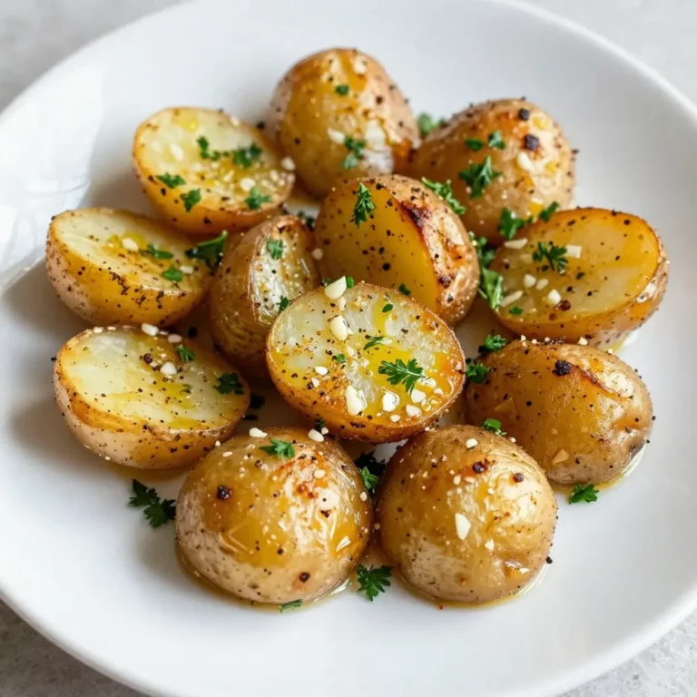 - 1.5 lbs baby potatoes, halved - 4 cloves garlic, minced - 3 tablespoons olive oil - 2 teaspoons dried thyme - 2 teaspoons dried rosemary - 1 teaspoon smoked paprika - Salt and black pepper to taste - Fresh parsley, chopped (for garnish) When measuring, it is key to be exact. For the potatoes, use 1.5 pounds, which is about 680 grams. The garlic should be minced, using four cloves, yielding about 1 tablespoon. Use three tablespoons of olive oil for a rich flavor. You will need two teaspoons each of dried thyme and dried rosemary. The smoked paprika adds depth, so one teaspoon is enough. For seasoning, add salt and black pepper to your taste. Finally, sprinkle fresh parsley on top for a lovely finish. If you don't have baby potatoes, you can use regular potatoes. Just cut them into smaller pieces. For the herbs, fresh thyme and rosemary work great if you have them. You can use garlic powder instead of fresh garlic in a pinch. If you want a different flavor, try using cayenne pepper instead of smoked paprika. This will add a nice kick! {{ingredient_image_1}} Start by preheating your oven to 425°F (220°C). This heat will help the potatoes get crispy. A hot oven is key for roasting. In a large mixing bowl, add the halved baby potatoes. Next, add the minced garlic. Pour in three tablespoons of olive oil. Then, sprinkle two teaspoons of dried thyme and two teaspoons of dried rosemary. Add one teaspoon of smoked paprika. Finally, season with salt and black pepper to taste. Toss everything together well. Make sure every potato gets coated in the herbs and oil. This step boosts flavor in every bite. Spread the potato mixture in a single layer on a baking sheet. Use parchment paper to prevent sticking. Place the sheet in the hot oven. Roast the potatoes for 25 to 30 minutes. They should turn golden brown and be tender when pierced with a fork. Be sure to toss them halfway through for even cooking. Once done, take them out and let them cool for a bit. Transfer to a serving dish and garnish with fresh parsley. Enjoy your tasty garlic herb roasted potatoes! To get the best results, spread the halved potatoes in a single layer on the baking sheet. This step lets the hot air flow around each potato. Toss them halfway through cooking for even browning. If you crowd the pan, some potatoes may steam instead of roast. I love to add fresh herbs when I can. For a burst of flavor, add fresh thyme or rosemary right before serving. A squeeze of lemon juice also brightens the dish. If you want a spicy kick, sprinkle in some red pepper flakes. A large mixing bowl is key for tossing the potatoes with oil and spices. Use a sturdy baking sheet to hold them while they roast. Parchment paper can help keep the potatoes from sticking. A good sharp knife makes cutting the baby potatoes easy. Pro Tips Choose the Right Potatoes: For the best texture and flavor, opt for waxy baby potatoes like red or yellow potatoes, as they hold their shape well during roasting. Don't Skimp on Oil: Ensure each potato is well-coated in olive oil to achieve a crispy exterior. A little extra oil can make a big difference in texture. Experiment with Herbs: Feel free to switch up the herbs according to your taste. Fresh herbs can also be used for an even more vibrant flavor. Check for Doneness: Use a fork to check if the potatoes are tender. If they aren’t, give them a few more minutes in the oven, keeping an eye on them to prevent burning. {{image_2}} You can change the herbs in garlic herb roasted potatoes to mix things up. Instead of thyme and rosemary, try using: - Oregano - Basil - Dill - Sage Each herb brings its own flavor. Oregano gives a warm, earthy taste. Basil adds a sweet note. Dill offers a fresh, bright touch. Experiment with these herbs to find your favorite blend. Want to boost the taste? Add some fun extras! Here are some ideas to consider: - Lemon zest for a bright, citrus flavor - Parmesan cheese for a cheesy crust - Red pepper flakes for a spicy kick - Bacon bits for a smoky, savory touch These add-ins can take your potatoes to the next level. Mix and match based on what you like. You don’t have to stick with baby potatoes. Try other types for different tastes. Here are some great options: - Yukon Gold for a creamy texture - Red potatoes for a slight sweetness - Sweet potatoes for a healthy twist Each variety changes the dish's flavor and texture. Choose what you enjoy most or what you have on hand. This keeps your garlic herb roasted potatoes fresh and exciting! After enjoying your garlic herb roasted potatoes, let them cool first. Place the cooled potatoes in an airtight container. Store them in the fridge for up to three days. This keeps them fresh and tasty. To reheat your roasted potatoes, use the oven for the best results. Preheat the oven to 350°F (175°C). Spread the potatoes on a baking sheet. Heat for about 10-15 minutes, or until warm. You can also use a microwave. Just heat them for 1-2 minutes. They won’t be as crispy, but they will still taste great. You can freeze garlic herb roasted potatoes if you want to keep them longer. First, let them cool completely. Then, place them in a freezer-safe bag. Remove as much air as possible before sealing. They can last for up to three months in the freezer. To use them, thaw overnight in the fridge and reheat as mentioned before. Yes, you can use regular potatoes. Just cut them into smaller pieces. This helps them cook evenly. Baby potatoes are great because they are tender and flavorful. However, regular potatoes work well too. You may need to adjust the cooking time if they are larger. This recipe is already gluten-free! All the ingredients are safe for those avoiding gluten. Just ensure your olive oil and spices are pure and free from gluten. You can enjoy these garlic herb roasted potatoes without any worries. These potatoes pair well with many dishes. Try them with grilled chicken or steak. They also go great with roasted veggies or a fresh salad. You can even serve them as a side for a hearty soup. The options are endless! You learned how to make garlic herb roasted potatoes with simple steps and tips. We covered ingredients, measurements, and smart swaps. I shared ways to get even roasting and boost flavor. I also suggested different herbs and add-ins for fun variations. Lastly, I gave easy storage advice to keep leftovers fresh. Enjoy cooking and experimenting with this tasty dish. Your kitchen will smell great, and everyone will love the flavors!