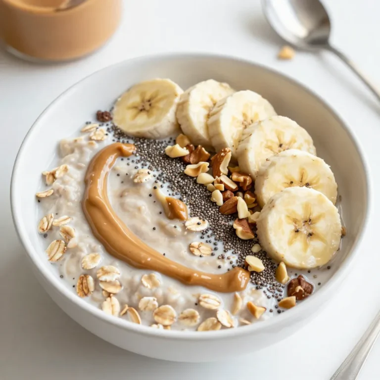 - 1 cup rolled oats - 2 cups almond milk (or any preferred milk) - 1/4 cup natural peanut butter - 2 tablespoons chia seeds These main ingredients form the base of your peanut butter protein overnight oats. Rolled oats provide fiber and keep you full. Almond milk makes it creamy and adds flavor. Natural peanut butter gives you protein and healthy fats. Chia seeds add texture and boost nutrition. - 1 tablespoon maple syrup (optional, for sweetness) - 1/2 teaspoon vanilla extract - A pinch of salt The optional ingredients enhance the taste. Maple syrup adds sweetness, while vanilla extract gives a nice aroma. A pinch of salt balances the flavors and makes everything pop. - Sliced bananas - Chopped nuts - Berries Toppings make your oats fun and colorful. Sliced bananas add natural sweetness. Chopped nuts bring crunch and healthy fats. Berries add a burst of flavor and bright color. You can mix and match to suit your taste! {{ingredient_image_1}} To start, grab a large mixing bowl. In this bowl, combine the rolled oats, almond milk, and natural peanut butter. Next, add the chia seeds, protein powder, maple syrup, vanilla extract, and a pinch of salt. Make sure you mix everything well. Whisk the ingredients until they blend smoothly. This step is key to avoid clumps and ensure a creamy texture. Now that your mixture is ready, it’s time to store it. Divide the mixture evenly into jars or containers. I like to use glass jars with lids; they work great. Once you fill the jars, seal them tightly. Place the jars in the refrigerator. Let them chill overnight, or for at least four hours. This helps the oats soak up the liquid and become soft. In the morning, take out your jars of oats. Open a jar and give the oats a good stir. This helps mix the flavors. If you find the mixture too thick, simply add a splash of milk. This will give you your desired consistency. Finally, top your oats with sliced bananas, chopped nuts, or berries. Enjoy your tasty and nutritious meal! To get the right texture in your oats, adjust the liquid. If you want thicker oats, use less almond milk. For a creamier mix, add more milk. I find that using two cups of almond milk works well for most. Mixing is key. I like to whisk the oats and milk together first. This helps them blend nicely. Make sure the peanut butter is smooth to avoid clumps. You can also stir well after soaking to get everything mixed. You can make your oats even better by adding other ingredients. Try adding cocoa powder for a chocolatey taste. You can also mix in spices like cinnamon or nutmeg for warmth. If you want to switch from peanut butter, almond or cashew butter works great. Each nut butter gives a different flavor. You can even try sunflower seed butter if you have a nut allergy. Making these oats in bulk saves time. You can double the recipe and store extras. This way, you have a quick breakfast ready for busy days. For storage, use jars with tight lids. Glass jars are great because they keep the oats fresh. They will stay good for about four days in the fridge. Just remember to add toppings right before eating. Pro Tips Adjust the Sweetness: Depending on your preference, you can add more or less maple syrup to achieve your desired level of sweetness. Experiment with Milk: Feel free to use different types of milk such as oat milk, soy milk, or even coconut milk for varying flavors. Add More Protein: If you're looking for an extra protein boost, consider adding more protein powder or incorporating Greek yogurt as a topping. Mix in Spices: Enhance the flavor by adding spices like cinnamon or nutmeg to the oat mixture before refrigerating. {{image_2}} You can switch up the protein in your overnight oats. If you prefer plant-based options, try using pea protein or hemp protein. These choices work well with oats. They add a nice boost without the dairy. For non-dairy protein powders, look for ones made from rice or soy. They mix easily and taste great. You can pick a flavor that suits your taste too. This way, you keep your oats tasty and healthy. Want to jazz up your oats? Try a chocolate peanut butter version! Just mix in cocoa powder or chocolate protein powder. This gives a rich flavor. You’ll feel like you are having dessert for breakfast. Fruit-infused variations are also fun. You can add mashed bananas or chopped apples to the mix. Berries work well too. They add a sweet and tangy taste, plus a pop of color. If you need gluten-free oats, you can use certified gluten-free rolled oats. They taste just as good and are safe for those with gluten issues. If you want to cut down on sugar, use sugar-free sweeteners like stevia or monk fruit. These options give you sweetness without the calories. You can enjoy your oats guilt-free while still making them delicious. Peanut butter protein overnight oats stay fresh for up to five days in the fridge. Store them in airtight containers to keep them from drying out. Glass jars or plastic containers work well. Divide the oats into portions for easy grab-and-go breakfasts. You can freeze prepared oats if you want to save some for later. Just scoop the mixture into freezer-safe containers. Leave a little space at the top for expansion. To thaw, move the oats to the fridge the night before you want to eat them. This keeps the texture nice. When you're ready to enjoy your oats, you can reheat them in the microwave. Use a microwave-safe bowl and heat in short bursts. Stir after each burst to avoid hot spots. If the oats feel too thick, add a splash of almond milk to maintain that creamy texture. Yes, you can easily make these oats vegan. Here are some simple swaps: - Use plant-based milk like almond, soy, or oat milk. - Replace natural peanut butter with almond or sunflower seed butter. - Use a vegan protein powder instead of regular protein powder. - Skip the maple syrup if you prefer a less sweet taste. These swaps keep the recipe tasty and healthy. Peanut butter protein overnight oats can last in the fridge for up to 4 to 5 days. Be sure to store them in airtight containers. This keeps the oats fresh and tasty. If you notice any odd smell or change in texture, it’s best to throw them out. Absolutely! You can use other nut butters. Here are some great options: - Almond butter for a milder taste. - Cashew butter for a creamy texture. - Sunflower seed butter if you want a nut-free option. Each nut butter brings its unique flavor, so feel free to experiment! You learned how to make tasty peanut butter protein overnight oats. We covered the key ingredients, helpful steps, and smart storage tips. Remember to play with flavors and toppings to find what you love. You can also try different proteins to suit your needs. These oats are easy to make and great for any diet. Enjoy them for breakfast or a snack. Get creative and make it your own!