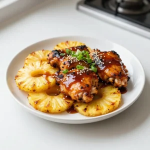 - 4 boneless, skinless chicken thighs - 1 cup pineapple juice - 1/4 cup soy sauce You want tasty chicken, so I use boneless, skinless chicken thighs. They cook well and stay juicy. Pineapple juice adds sweetness and tartness. It also helps tenderize the chicken. Soy sauce gives the dish a nice salty kick. These three work together to create a flavorful base. - 2 tablespoons honey - 2 cloves garlic, minced - 1 tablespoon grated fresh ginger Honey adds a rich sweetness to the marinade. It balances the saltiness of the soy sauce. Garlic brings depth and aroma. Fresh ginger adds a zing that brightens the dish. All these flavors mix well and enhance the chicken. - 1 tablespoon cornstarch (optional, for thickening) - 2 green onions, chopped (for garnish) - Sesame seeds (for garnish) - Salt and pepper to taste Cornstarch is optional. If you want a thicker sauce, use it. Green onions give a fresh crunch and color. Sesame seeds add a nutty touch and nice texture. Don&rsquo;t forget salt and pepper to season the chicken before grilling. These final touches make your dish pop! {{ingredient_image_1}} To start, combine the marinade ingredients. In a large bowl, mix 1 cup of pineapple juice, 1/4 cup of soy sauce, 2 tablespoons of honey, 2 minced garlic cloves, and 1 tablespoon of grated ginger. Whisk until everything blends well. Next, add the 4 chicken thighs to the bowl. Make sure the chicken is fully submerged in the marinade. Cover the bowl and place it in the fridge. Marinate for at least 1 hour. If you can, let it sit overnight. This gives the chicken time to soak up all those great flavors. Now, it's time to prepare the grill. If you have a gas grill, turn it on and set it to medium-high heat. For charcoal grills, light the coals and let them ash over. Aim for a medium heat level. The ideal grilling temperature is about 375&deg;F to 450&deg;F. This range helps get nice grill marks and cook the food evenly. First, let&rsquo;s cook the pineapple rings. Place them on the grill for about 3 to 4 minutes per side. You want to see those lovely grill marks, and the pineapple should caramelize a bit. After that, take the marinated chicken thighs out of the marinade. Let the extra marinade drip off, and season the chicken with salt and pepper. Place the chicken on the grill. Cook it for about 6 to 8 minutes per side. The chicken is ready when it reaches 165&deg;F (75&deg;C) inside. This process ensures you get tender, juicy chicken that pairs perfectly with the sweet pineapple. - How to achieve perfect grill marks: Start with a clean grill. Preheat it to medium-high heat. Place the chicken on the grill and don&rsquo;t move it for 4-5 minutes. This helps create those lovely grill marks. Flip once and let it cook for another 6-8 minutes. - Avoiding dry chicken: Marinate the chicken for at least one hour. This keeps the chicken juicy. Also, don&rsquo;t overcook it. Use a meat thermometer to check the internal temperature. Aim for 165&deg;F (75&deg;C) for perfectly cooked chicken. - Methods for thickening teriyaki sauce: You can use cornstarch mixed with water. This is a quick way to thicken your sauce. Another option is to simmer it until it reduces. Both methods give you a rich, sticky sauce. - When to apply thickener: If you want a thicker sauce, do this while the chicken grills. Pour the leftover marinade into a saucepan. Bring it to a boil before adding the cornstarch mixture. Simmer it for a few minutes until it thickens. - Serving suggestions for a gourmet look: Use a nice platter for serving. Arrange the grilled chicken and pineapple neatly. Add extra pineapple rings and drizzle the thickened sauce over the top. It looks fresh and inviting. - Pairing options for a complete meal: Serve this dish with steamed rice or a vibrant salad. You can also add a refreshing drink, like iced tea or a fruity soda, to enhance the meal experience. Pro Tips Marinate Longer for Flavor: For the best flavor, marinate the chicken thighs overnight. This allows the flavors to penetrate deeper into the meat, resulting in a more delicious dish. Use Fresh Pineapple: Fresh pineapple not only enhances the flavor but also contains enzymes that help tenderize the chicken. This will give you a juicier and more flavorful result compared to canned pineapple. Check Grill Temperature: Ensure your grill is preheated to the right temperature. A medium-high heat is ideal for grilling chicken, as it helps achieve a nice char while keeping the inside juicy. Rest the Chicken: After grilling, let the chicken rest for a few minutes before slicing. This allows the juices to redistribute, making the chicken more tender and flavorful. {{image_2}} You can switch proteins for this dish. Chicken thighs are great, but tofu works well for a vegetarian option. If you prefer pork, use pork chops or tenderloin. Both choices absorb flavors nicely. You can also play with fruits. While pineapple is sweet and tangy, mango adds a tropical twist. You might try peach slices for a juicy bite. Each fruit brings its own flavor and charm to the dish. To make your teriyaki sauce, combine soy sauce, honey, garlic, and ginger. You can also try making a homemade version. Use equal parts soy sauce and honey, and add garlic and ginger to taste. If you like spice, add red pepper flakes or sriracha for heat. For a gluten-free option, replace soy sauce with tamari. This keeps the flavor but fits special diets. This dish pairs well with many sides. Steamed rice is a classic choice. It soaks up the sauce and balances the sweet and savory flavors. You can also serve it with a fresh salad for crunch. For drinks, a light beer or iced tea complements the dish. A fruity cocktail also works well, adding a fun twist. These pairings enhance the meal and make it even more enjoyable. To store leftover grilled pineapple teriyaki chicken, let it cool first. Place it in an airtight container. This helps keep the chicken fresh. You can store it in the fridge for up to four days. Always remember to check for any bad smells before eating. You can freeze cooked chicken and pineapple for later. First, let them cool completely. Then, put them in freezer bags or containers. Make sure to squeeze out excess air to prevent freezer burn. This dish can last in the freezer for up to three months. When you&rsquo;re ready to eat, thaw it in the fridge overnight. Reheat in a skillet over medium heat until warm, or use a microwave. For meal prep, cut the chicken and pineapple into portions. This makes it easy to grab and go. You can also mix the chicken with rice or veggies for a complete meal. Freezer-friendly options include marinating extra chicken to grill later. Just remember to label your bags with dates for easy tracking. You should marinate the chicken for at least 1 hour. This helps the chicken absorb all the tasty flavors. For even better results, marinate it overnight. The longer it sits, the more flavor it gets. Just remember, too long may make it mushy. Yes, you can use chicken breasts. They cook faster than thighs, so keep that in mind. Breasts have less fat, which means they may dry out quicker. Make sure to check the temperature often. Cook them for about 5-7 minutes per side. Fresh pineapple is best for this recipe. It adds a bright, juicy flavor. Canned or frozen pineapple can work but may lack that fresh taste. If you use canned, drain it well. Fresh pineapple also caramelizes nicely on the grill. To check if your chicken is cooked, use a meat thermometer. Insert it into the thickest part of the thigh or breast. The safe cooking temperature is 165&deg;F (75&deg;C). This ensures it is safe to eat and juicy. If you don&rsquo;t have a thermometer, cut into the chicken. It should be white, with no pink inside. This recipe post covered everything you need for a tasty grilled chicken dish. We explored key ingredients, from chicken thighs to fresh ginger. I shared steps for marinating, grilling, and perfecting your sauce. You learned tips to avoid dry chicken and make your meal look gourmet. In the end, this dish is easy to customize and perfect for sharing. Try different flavors and sides to make it your own. Enjoy cooking and impress your family and friends!