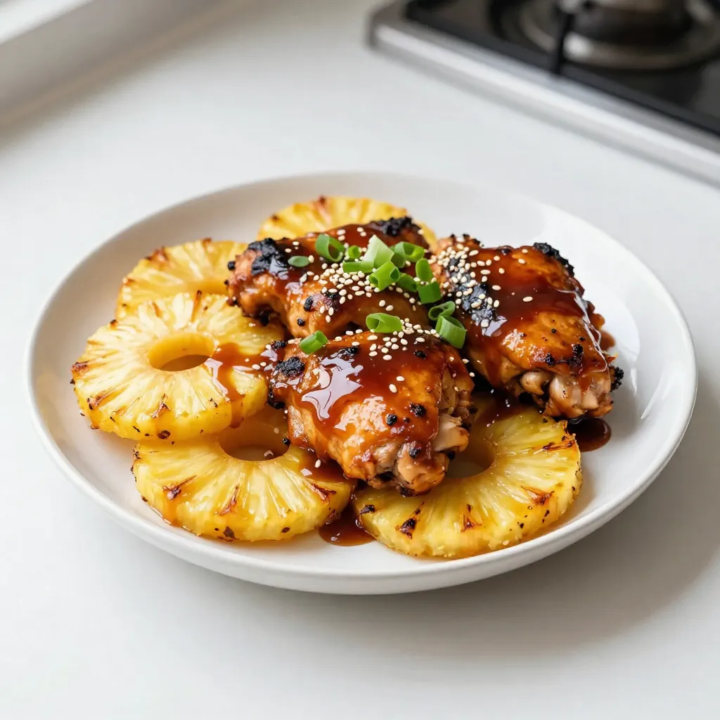 - 4 boneless, skinless chicken thighs - 1 cup pineapple juice - 1/4 cup soy sauce You want tasty chicken, so I use boneless, skinless chicken thighs. They cook well and stay juicy. Pineapple juice adds sweetness and tartness. It also helps tenderize the chicken. Soy sauce gives the dish a nice salty kick. These three work together to create a flavorful base. - 2 tablespoons honey - 2 cloves garlic, minced - 1 tablespoon grated fresh ginger Honey adds a rich sweetness to the marinade. It balances the saltiness of the soy sauce. Garlic brings depth and aroma. Fresh ginger adds a zing that brightens the dish. All these flavors mix well and enhance the chicken. - 1 tablespoon cornstarch (optional, for thickening) - 2 green onions, chopped (for garnish) - Sesame seeds (for garnish) - Salt and pepper to taste Cornstarch is optional. If you want a thicker sauce, use it. Green onions give a fresh crunch and color. Sesame seeds add a nutty touch and nice texture. Don’t forget salt and pepper to season the chicken before grilling. These final touches make your dish pop! {{ingredient_image_1}} To start, combine the marinade ingredients. In a large bowl, mix 1 cup of pineapple juice, 1/4 cup of soy sauce, 2 tablespoons of honey, 2 minced garlic cloves, and 1 tablespoon of grated ginger. Whisk until everything blends well. Next, add the 4 chicken thighs to the bowl. Make sure the chicken is fully submerged in the marinade. Cover the bowl and place it in the fridge. Marinate for at least 1 hour. If you can, let it sit overnight. This gives the chicken time to soak up all those great flavors. Now, it's time to prepare the grill. If you have a gas grill, turn it on and set it to medium-high heat. For charcoal grills, light the coals and let them ash over. Aim for a medium heat level. The ideal grilling temperature is about 375°F to 450°F. This range helps get nice grill marks and cook the food evenly. First, let’s cook the pineapple rings. Place them on the grill for about 3 to 4 minutes per side. You want to see those lovely grill marks, and the pineapple should caramelize a bit. After that, take the marinated chicken thighs out of the marinade. Let the extra marinade drip off, and season the chicken with salt and pepper. Place the chicken on the grill. Cook it for about 6 to 8 minutes per side. The chicken is ready when it reaches 165°F (75°C) inside. This process ensures you get tender, juicy chicken that pairs perfectly with the sweet pineapple. - How to achieve perfect grill marks: Start with a clean grill. Preheat it to medium-high heat. Place the chicken on the grill and don’t move it for 4-5 minutes. This helps create those lovely grill marks. Flip once and let it cook for another 6-8 minutes. - Avoiding dry chicken: Marinate the chicken for at least one hour. This keeps the chicken juicy. Also, don’t overcook it. Use a meat thermometer to check the internal temperature. Aim for 165°F (75°C) for perfectly cooked chicken. - Methods for thickening teriyaki sauce: You can use cornstarch mixed with water. This is a quick way to thicken your sauce. Another option is to simmer it until it reduces. Both methods give you a rich, sticky sauce. - When to apply thickener: If you want a thicker sauce, do this while the chicken grills. Pour the leftover marinade into a saucepan. Bring it to a boil before adding the cornstarch mixture. Simmer it for a few minutes until it thickens. - Serving suggestions for a gourmet look: Use a nice platter for serving. Arrange the grilled chicken and pineapple neatly. Add extra pineapple rings and drizzle the thickened sauce over the top. It looks fresh and inviting. - Pairing options for a complete meal: Serve this dish with steamed rice or a vibrant salad. You can also add a refreshing drink, like iced tea or a fruity soda, to enhance the meal experience. Pro Tips Marinate Longer for Flavor: For the best flavor, marinate the chicken thighs overnight. This allows the flavors to penetrate deeper into the meat, resulting in a more delicious dish. Use Fresh Pineapple: Fresh pineapple not only enhances the flavor but also contains enzymes that help tenderize the chicken. This will give you a juicier and more flavorful result compared to canned pineapple. Check Grill Temperature: Ensure your grill is preheated to the right temperature. A medium-high heat is ideal for grilling chicken, as it helps achieve a nice char while keeping the inside juicy. Rest the Chicken: After grilling, let the chicken rest for a few minutes before slicing. This allows the juices to redistribute, making the chicken more tender and flavorful. {{image_2}} You can switch proteins for this dish. Chicken thighs are great, but tofu works well for a vegetarian option. If you prefer pork, use pork chops or tenderloin. Both choices absorb flavors nicely. You can also play with fruits. While pineapple is sweet and tangy, mango adds a tropical twist. You might try peach slices for a juicy bite. Each fruit brings its own flavor and charm to the dish. To make your teriyaki sauce, combine soy sauce, honey, garlic, and ginger. You can also try making a homemade version. Use equal parts soy sauce and honey, and add garlic and ginger to taste. If you like spice, add red pepper flakes or sriracha for heat. For a gluten-free option, replace soy sauce with tamari. This keeps the flavor but fits special diets. This dish pairs well with many sides. Steamed rice is a classic choice. It soaks up the sauce and balances the sweet and savory flavors. You can also serve it with a fresh salad for crunch. For drinks, a light beer or iced tea complements the dish. A fruity cocktail also works well, adding a fun twist. These pairings enhance the meal and make it even more enjoyable. To store leftover grilled pineapple teriyaki chicken, let it cool first. Place it in an airtight container. This helps keep the chicken fresh. You can store it in the fridge for up to four days. Always remember to check for any bad smells before eating. You can freeze cooked chicken and pineapple for later. First, let them cool completely. Then, put them in freezer bags or containers. Make sure to squeeze out excess air to prevent freezer burn. This dish can last in the freezer for up to three months. When you’re ready to eat, thaw it in the fridge overnight. Reheat in a skillet over medium heat until warm, or use a microwave. For meal prep, cut the chicken and pineapple into portions. This makes it easy to grab and go. You can also mix the chicken with rice or veggies for a complete meal. Freezer-friendly options include marinating extra chicken to grill later. Just remember to label your bags with dates for easy tracking. You should marinate the chicken for at least 1 hour. This helps the chicken absorb all the tasty flavors. For even better results, marinate it overnight. The longer it sits, the more flavor it gets. Just remember, too long may make it mushy. Yes, you can use chicken breasts. They cook faster than thighs, so keep that in mind. Breasts have less fat, which means they may dry out quicker. Make sure to check the temperature often. Cook them for about 5-7 minutes per side. Fresh pineapple is best for this recipe. It adds a bright, juicy flavor. Canned or frozen pineapple can work but may lack that fresh taste. If you use canned, drain it well. Fresh pineapple also caramelizes nicely on the grill. To check if your chicken is cooked, use a meat thermometer. Insert it into the thickest part of the thigh or breast. The safe cooking temperature is 165°F (75°C). This ensures it is safe to eat and juicy. If you don’t have a thermometer, cut into the chicken. It should be white, with no pink inside. This recipe post covered everything you need for a tasty grilled chicken dish. We explored key ingredients, from chicken thighs to fresh ginger. I shared steps for marinating, grilling, and perfecting your sauce. You learned tips to avoid dry chicken and make your meal look gourmet. In the end, this dish is easy to customize and perfect for sharing. Try different flavors and sides to make it your own. Enjoy cooking and impress your family and friends!