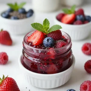 - 1 cup mixed berries (strawberries, blueberries, raspberries) - 2 tablespoons maple syrup (or honey) - 1 tablespoon chia seeds - 1 teaspoon lemon juice - A pinch of salt - Medium-sized bowl - Fork - Airtight container or jar - Hand blender (optional) Gather your ingredients first. You need one cup of mixed berries. I love using strawberries, blueberries, and raspberries together. They create a sweet and tangy flavor. Next, grab two tablespoons of maple syrup or honey. This will sweeten your jam just right. You will also need one tablespoon of chia seeds. These tiny seeds help thicken the jam. A teaspoon of lemon juice adds brightness. Finally, add a pinch of salt to enhance the flavors. For equipment, you only need a few simple tools. A medium-sized bowl helps mix everything well. A fork is great for mashing the berries. An airtight container or jar is essential for storage. If you want a smoother jam, a hand blender can help, but it&rsquo;s not a must. This quick and easy recipe lets you enjoy fresh, homemade berry chia jam in no time! {{ingredient_image_1}} First, take your mixed berries. I love using strawberries, blueberries, and raspberries for flavor. Place them in a medium bowl. Next, use a fork to mash the berries. You want to mash them until they reach your preferred consistency. If you like some chunks, leave larger pieces. This adds nice texture to the jam. Now, it's time to mix in the other ingredients. Add 2 tablespoons of maple syrup or honey to sweeten the jam. Then, add 1 tablespoon of chia seeds. These seeds are key as they will help thicken the jam. Next, squeeze in 1 teaspoon of lemon juice for brightness and a pinch of salt to balance the flavors. Stir everything well until it is fully combined. A good mix ensures even flavor throughout. Let the mixture sit for about 5 to 10 minutes. During this time, the chia seeds soak up moisture. This process helps the jam thicken nicely. If you prefer a smoother jam, you can use a hand blender to blend it briefly. Taste the jam after thickening. If it needs more sweetness, add a bit more maple syrup or honey. To make your jam just right, taste it after mixing. If it&rsquo;s not sweet enough, add more maple syrup or honey. Start with a little and mix well. Keep tasting until it suits your taste buds. Each berry has its own sweetness, so this step is key. Serving this jam in small jars looks cute and fun. Add a sprig of mint on top for a fresh touch. You can pair this jam with many foods. Try it on toast for breakfast or mix it into yogurt for a snack. It also makes a great topping for pancakes. Each bite will feel like a treat! To get the perfect jam thickness, let it sit for 5-10 minutes. This gives chia seeds time to absorb moisture. If you want it smoother, use a hand blender for a few seconds. If your jam feels too thick, just add a splash of water or more fruit. Adjust until it feels just right! Pro Tips Choose Ripe Berries: Select fresh, ripe berries for the best flavor. Overripe berries may lead to a jam that&rsquo;s too sweet or mushy. Experiment with Sweeteners: Feel free to substitute maple syrup with agave nectar or coconut sugar for a different flavor profile. Adjust Consistency: If the jam is too thick after sitting, stir in a bit of water or additional lemon juice to reach your desired consistency. Store Properly: To extend the shelf life, keep the jam in an airtight container and use clean utensils to scoop it out. {{image_2}} You can have fun with flavors in your berry chia jam. Start by using different types of berries. Mix strawberries, blueberries, and raspberries for a classic taste. If you want something new, try blackberries or cherries. Each berry brings its own sweet and tart notes. You can also add spices like cinnamon or vanilla. A dash of cinnamon adds warmth. A splash of vanilla gives the jam a lovely aroma. If you prefer a low-calorie option, you can swap the sweetener. Instead of maple syrup or honey, try agave syrup or stevia. Agave syrup is sweeter than sugar and has a mild taste. Stevia is a plant-based sweetener that has zero calories. Both options keep the jam tasty without extra calories. Chia seeds are great, but they are not the only option. You can explore other seeds like flaxseeds. Flaxseeds can provide a similar texture. They also offer extra fiber and nutrients. Use ground flaxseeds for the best results. They blend well into the jam while keeping it healthy. To keep your Minute Berry Chia Jam fresh, store it in a clean, airtight jar. Make sure the jar is sealed tightly to prevent air from getting in. Place the jar in the refrigerator right after you make the jam. This keeps it cool and tasty. Your jam will stay fresh for about one week in the fridge. Check for any changes in smell or color before using. If it looks or smells off, it&rsquo;s best to toss it. If you want to save some jam for later, freezing is a great option. Use a freezer-safe container or a zip-top bag for this. Fill the container, leaving some space for expansion. The jam can last for up to three months in the freezer. When you&rsquo;re ready to use it, thaw it in the fridge overnight. Yes, you can use frozen berries. They work well in this jam. Just thaw them first. This helps break down the berries easily. Frozen berries may have more water. You might need to adjust the amount of sweetener. Taste the jam and tweak as needed. Homemade chia jam lasts about one week in the fridge. Store it in a clean jar or airtight container. This keeps it fresh and tasty. Always check for any off smells or changes in color. If it looks or smells strange, throw it away. If your jam is too thick, add a bit of water. Start with a teaspoon and mix well. This helps loosen the jam's texture. You can also add more berries or a splash of lemon juice. Adjust until you reach your desired consistency. This post covered how to make tasty chia jam using berries and common ingredients. I shared steps for preparation, combining, and thickening for the perfect texture. You learned how to adjust sweetness and present your jam beautifully. We discussed variations, storage tips, and answers to common FAQs. Making chia jam is simple and fun. Enjoy experimenting with flavors and sharing your creations!