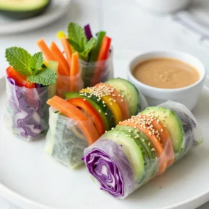 To make rainbow veggie spring rolls, you need fresh and colorful ingredients. Here&rsquo;s what to gather: - 1 pack of rice paper wrappers - 1 cup red cabbage, thinly sliced - 1 cup carrots, julienned - 1 cup bell peppers (red, yellow, and green), thinly sliced - 1 cup cucumber, julienned - 1 avocado, sliced - 1 cup fresh mint leaves - 1 cup fresh cilantro leaves These ingredients create a vibrant mix. Each adds a unique crunch and taste. The rice paper wraps hold it all together nicely. For the dipping sauce, you&rsquo;ll want a mix of sweet and savory. Here&rsquo;s what you need: - 1/4 cup peanut butter - 2 tablespoons soy sauce (or tamari for gluten-free) - 2 tablespoons lime juice - 1 tablespoon honey or agave syrup - Water (to thin) This sauce pairs perfectly with the fresh rolls. It also adds a creamy element to each bite. You can make your dish even more appealing with some garnishes: - 1/4 cup sesame seeds Sprinkling sesame seeds on top gives the rolls a nice finish. It adds a bit of crunch and a touch of style. Enjoy creating this colorful dish! {{ingredient_image_1}} Start by washing all your veggies. Clean the red cabbage, carrots, bell peppers, cucumber, and avocado. Slice each vegetable into thin strips or julienne them. Use a sharp knife for clean cuts. Place each type in separate bowls. This keeps things neat and organized. You will enjoy the colors and textures of your fresh veggies. Get a large shallow dish or wide bowl. Fill it with warm water. Dip one rice paper wrapper into the water for about 10-15 seconds until it feels soft. Carefully take it out and lay it flat on a clean surface. Now, it&rsquo;s time to fill the wrapper! On the lower third, layer a small handful of red cabbage. Next, add some carrot sticks, bell pepper strips, and cucumber. Place an avocado slice on top. Don't forget a few mint and cilantro leaves for flavor. To roll, fold the sides of the rice paper over the filling. Then, roll it tightly from the bottom up. Make sure it is snug but not too tight. Repeat this with your remaining wrappers and filling. Each roll should look colorful and inviting! For the perfect dipping sauce, take a small bowl. Whisk together peanut butter, soy sauce, lime juice, and honey. If it&rsquo;s too thick, add a splash of water to thin it out. Mix until smooth. Taste it! Adjust flavors if needed. This sauce adds a creamy, zesty touch to your spring rolls. Now you are ready to enjoy your colorful and fresh rainbow veggie spring rolls! Rolling spring rolls takes a bit of practice but is easy once you know how. First, soak a rice paper wrapper in warm water for about 10-15 seconds. It should feel soft but still firm. Lay it flat on a clean surface. Place your filling on the bottom third of the wrapper. Use a mix of red cabbage, carrots, bell peppers, cucumber, avocado, mint, and cilantro. Now, fold the sides in first. Then, roll it tightly from the bottom up. Keep it snug but don&rsquo;t squeeze too hard. This way, you avoid tearing the wrapper. If you find it hard to roll, try using less filling. If you have leftover spring rolls, store them properly to keep them fresh. Place them in an airtight container. You can separate layers with parchment paper. This prevents them from sticking together. Store them in the fridge for up to two days. If you want to keep them longer, freeze the rolls. Wrap them in plastic wrap and place them in a freezer bag. They can last for about a month in the freezer. When ready to eat, let them thaw overnight in the fridge. Many people make mistakes when making spring rolls. Here are a few to watch for: - Soaking the wrapper for too long can make it too soft. - Overfilling the spring rolls makes them hard to roll. - Forgetting to fold the sides in can lead to spills when rolling. - Not using fresh herbs makes the rolls less tasty. By avoiding these mistakes, your spring rolls will look great and taste even better! Pro Tips Choose Fresh Ingredients: Use the freshest vegetables possible for vibrant colors and maximum crunch in your spring rolls. Soak Rice Paper Quickly: Don't soak the rice paper wrappers for too long; 10-15 seconds is usually enough to soften them without tearing. Experiment with Fillings: Feel free to customize your spring rolls with other vegetables or proteins like shrimp, tofu, or even fruit for a sweet twist. Keep the Dipping Sauce Smooth: If your dipping sauce is too thick, add water gradually until you reach your desired consistency for easy dipping. {{image_2}} You can add protein to your spring rolls. Tofu is a great choice. Use firm tofu and slice it thin. Cook it in a pan until golden. Shrimp is another option. Boil or saut&eacute; shrimp until they turn pink. Add a few pieces to your rolls for extra flavor. Choose proteins based on your taste. While peanut sauce is tasty, there are many options. Try soy sauce mixed with rice vinegar. This gives a nice tang. Sweet chili sauce adds a kick and sweetness. For a creamy dip, use tahini mixed with lemon juice. You can even mix yogurt with herbs for a fresh taste. The sauce choice can change the whole dish. You can switch up the veggies based on the season. In spring, use asparagus or snap peas for crunch. Summer brings fresh tomatoes and zucchini. In fall, add roasted sweet potatoes or butternut squash. Winter calls for hearty greens like kale. Use what you have for a fresh twist. This makes each roll unique and fun! To keep your rainbow veggie spring rolls fresh, store them in an airtight container. Place a damp paper towel in the container. This towel keeps the rolls moist. Make sure the rolls do not touch each other to prevent sticking. Store them in the fridge for the best taste. They taste best within 1-2 days of making. You can freeze spring rolls, but they need care. First, wrap each roll in plastic wrap. This step keeps them from freezer burn. Next, place the wrapped rolls in a freezer-safe bag. They can last up to 2 months in the freezer. When you want to eat them, let them thaw in the fridge overnight. Then, enjoy them cold or warm them gently. Each ingredient has its own shelf life. Here&rsquo;s a quick list: - Rice paper wrappers: Keep them in a cool, dry place. They last for a long time. - Fresh veggies: Use them within a week for the best crispness. - Avocado: Use it within a day or two after cutting. - Mint and cilantro: These herbs stay fresh for about a week in the fridge. Always check your ingredients before using them. Fresh items make the best spring rolls! Yes, you can make these spring rolls in advance. Just prepare them up to two days before serving. Store them in an airtight container. Place a damp paper towel between layers to keep them fresh. This way, you can enjoy these colorful treats anytime. If you can't find rice paper, try using lettuce leaves. Butter lettuce works well. You can also use thin tortillas. These options still let you enjoy the fresh veggies inside. Yes, Rainbow Veggie Spring Rolls can be gluten-free. Just use tamari instead of soy sauce in the dipping sauce. Check your rice paper wrappers to ensure they are gluten-free. This way, everyone can enjoy these tasty rolls. To add spice, mix some sriracha into the dipping sauce. You can also add sliced jalape&ntilde;os inside the rolls. If you like heat, try adding a pinch of chili flakes. These options will make your spring rolls have a nice kick. Rainbow Veggie Spring Rolls are fresh, colorful, and fun to make. We discussed key ingredients, step-by-step instructions, and tips for rolling. I shared ways to personalize your rolls with proteins and sauces. Also, we covered storage methods for leftovers. In closing, making these spring rolls is easy and rewarding. They are a healthy snack or meal. Enjoy the process and get creative with your fillings. Happy rolling!