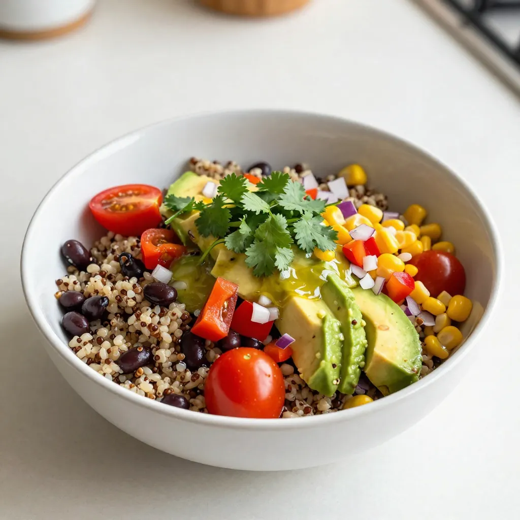 - 1 cup quinoa, rinsed - 2 cups vegetable broth (or water) - 1 can (15 oz) black beans, drained and rinsed - 1 cup cherry tomatoes, halved - 1 red bell pepper, diced - 1 cup corn (fresh, frozen, or canned) - 1 avocado, diced - 1/4 cup red onion, finely chopped - 1/4 cup cilantro, chopped - 2 tablespoons lime juice - 2 tablespoons olive oil - 1 teaspoon cumin - 1/2 teaspoon smoked paprika - Salt and pepper to taste Gathering the right ingredients is key to making your Southwest Quinoa Salad shine. Start with 1 cup of quinoa. Rinse it well to remove any bitter flavors. You will need 2 cups of vegetable broth for cooking. If you prefer, you can use water. Next, grab a 15 oz can of black beans. Rinse and drain these to keep them fresh. You’ll also need 1 cup of cherry tomatoes. Halve them for a nice pop of color. A red bell pepper adds crunch and sweetness. Dicing it will help it mix well. Toss in 1 cup of corn. Fresh, frozen, or canned works great here. Don’t forget the avocado! Dice it just before serving to keep it fresh. You’ll also need 1/4 cup of red onion for a sharp bite and 1/4 cup of cilantro for freshness. For the dressing, you will need 2 tablespoons of lime juice and 2 tablespoons of olive oil. Spice it up with 1 teaspoon of cumin and 1/2 teaspoon of smoked paprika. Finally, season with salt and pepper to taste. These ingredients come together to create a salad that is both flavorful and healthy. Each item plays a role in balancing taste and texture. {{ingredient_image_1}} To start, rinse the quinoa well. This helps remove any bitter taste. Use a fine mesh strainer and run cold water over it for about a minute. Next, in a medium pot, combine the rinsed quinoa and 2 cups of vegetable broth. This broth adds flavor. Bring it to a boil over medium-high heat. Once it boils, reduce the heat to low. Cover the pot and cook for about 15 minutes. The quinoa should absorb the liquid and become fluffy. Use a fork to fluff it up and let it cool a bit. For the dressing, gather these ingredients: - 2 tablespoons olive oil - 2 tablespoons lime juice - 1 teaspoon cumin - 1/2 teaspoon smoked paprika - Salt and pepper to taste In a small bowl, add the olive oil and lime juice. Then, add the cumin and smoked paprika. Sprinkle some salt and pepper in too. Whisk everything together until it blends nicely. This dressing packs a punch and ties everything together. Now, let’s combine all the ingredients. In a large bowl, mix together: - 1 can black beans, drained and rinsed - 1 cup cherry tomatoes, halved - 1 red bell pepper, diced - 1 cup corn - 1 avocado, diced - 1/4 cup red onion, finely chopped - 1/4 cup cilantro, chopped Once your quinoa has cooled, add it to the bowl with the veggies. Pour the dressing over the salad. Gently toss everything together. Be careful not to mash the avocado. Taste your salad to see if it needs more salt, pepper, or lime juice. After mixing, it’s best to refrigerate the salad for at least 30 minutes. This helps the flavors meld together. Enjoy the fresh taste of your Southwest Quinoa Salad! To get the best taste, always adjust your seasoning. Start with the basics: salt and pepper. After mixing in the dressing, taste your salad. If it needs more flavor, add lime juice or salt. This step helps you create a salad that suits your taste perfectly. Tasting while you cook is key. You want to enjoy the flavor at every step. Choose a ripe avocado. It should feel soft but not mushy. This adds creaminess to the salad. To keep your quinoa fluffy, rinse it well before cooking. This removes the bitter coating called saponin. Cook it in vegetable broth for added flavor. Always fluff the quinoa with a fork after cooking. This keeps the grains separate and light. Using canned beans and corn saves time. They are ready to go. Just rinse and add them to your salad. For meal prep, make the salad ahead of time. Store it in the fridge for at least 30 minutes before serving. This allows the flavors to blend. You can also chop your veggies in advance. Just keep them in an airtight container. Pro Tips Cooking Quinoa Perfectly: Rinse the quinoa thoroughly before cooking to remove its natural coating, called saponin, which can make it taste bitter. Enhancing Flavor: Toast the quinoa in a dry pan for a few minutes before adding the broth; this brings out a nutty flavor that adds depth to your salad. Substituting Ingredients: Feel free to substitute the beans or vegetables based on what you have on hand; chickpeas or diced cucumbers work great too! Meal Prep Tip: This salad keeps well in the fridge for up to 3 days, making it a perfect option for meal prep or make-ahead lunches! {{image_2}} You can easily change up the proteins in this salad. Adding grilled chicken or shrimp can make it heartier. Each option boosts protein and adds flavor. Feel free to experiment with different veggies, too. Zucchini is a great choice for extra crunch. You can also swap in different bell pepper colors for a vibrant look. Try yellow or orange for a sweet twist. Switching up the dressing can give your salad a new vibe. Use fresh orange juice instead of lime for a sweeter taste. Lemon juice also works well for a bright, tangy kick. You can explore spices to add depth. Try chili powder for heat or oregano for an earthy note. Mixing in some garlic powder can also enhance the flavor. This salad pairs well with tortilla chips for a fun snack. You can serve it as a side dish next to grilled meats. If you want to make it a main dish, add proteins like chicken or shrimp. This will turn your salad into a filling meal. This Southwest Quinoa Salad lasts about 3 to 5 days in the fridge. To store it well, place it in an airtight container. Make sure to keep it covered to keep the flavors fresh. Yes, you can freeze this salad! However, the texture of the avocado may change. To freeze, put the salad in a freezer-safe container. When you are ready to eat it, thaw it overnight in the fridge. For the best taste and texture, avoid refreezing it. To refresh the salad after refrigeration, give it a good stir. You can add a splash of lime juice or a drizzle of olive oil to perk it up. For serving leftovers, consider topping it with fresh cilantro or extra diced avocado for a tasty touch. Quinoa is a tiny seed, but we eat it like a grain. It has a nutty flavor and a fluffy texture. Quinoa is full of protein and fiber, making it a great choice for meals. It has all nine essential amino acids, which is rare for plants. This makes quinoa a complete protein. It also has vitamins and minerals, like magnesium and iron. Eating quinoa can help keep your heart healthy and your body strong. Yes, you can make this salad ahead of time! It tastes even better after sitting for a bit. The flavors mix well when it chills. You can prepare the salad and store it in the fridge. Just cover it tightly with plastic wrap or a lid. It's best to eat it within three days for freshness. If you make it too early, the avocado may brown, which we can prevent. Southwest Quinoa Salad is packed with nutrients. It has protein from quinoa and black beans. The veggies add vitamins and minerals. Here are some key benefits: - Quinoa: High in protein, fiber, and B vitamins. - Black Beans: Full of fiber and iron, good for digestion. - Cherry Tomatoes: Rich in vitamin C and antioxidants. - Red Bell Pepper: High in vitamin A and C. - Avocado: Contains healthy fats and potassium. - Cilantro: Has vitamins and can help detox the body. This salad is a tasty way to get healthy! To keep avocado from browning, use fresh lime juice. Lime juice slows down the browning process. Here are some tips to keep it bright: - Add lime juice: Toss the diced avocado in lime juice right away. - Cover tightly: If you have leftovers, cover the salad well. - Store separately: You can store the avocado and mix it in just before serving. These steps will help keep your salad looking fresh and tasty! In this post, we covered how to make a tasty Southwest Quinoa Salad. We went through ingredients, step-by-step cooking, and dressing tips. I shared ways to enhance flavor and texture and offered storage advice. Remember, this salad is flexible! You can add proteins or use different veggies. Enjoy making it and feel free to experiment. Cooking should be fun and easy, so let your creativity shine!