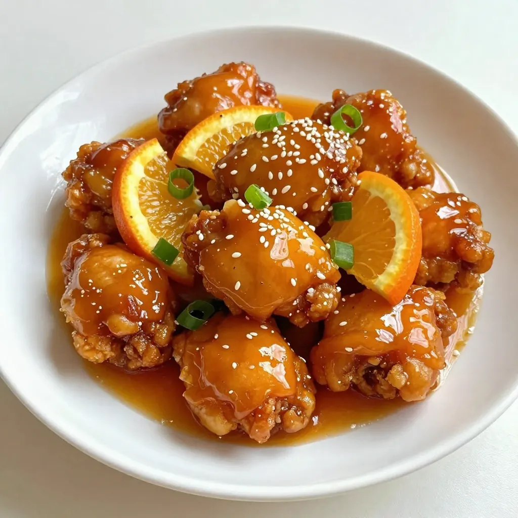 To make delicious sticky orange chicken, you need simple ingredients. Here’s what you will need: - 1 lb (450g) boneless chicken thighs, cut into bite-sized pieces - 1/2 cup cornstarch - 1/4 cup vegetable oil (for frying) - 1/4 cup honey - 1/2 cup orange juice (freshly squeezed for best flavor) - Zest of 1 orange - 3 tablespoons soy sauce (low sodium) - 1 tablespoon rice vinegar - 2 cloves garlic, minced - 1 inch fresh ginger, minced - 1 teaspoon sesame oil These ingredients create a sweet and tangy flavor that makes this dish stand out. Adding garnishes makes your sticky orange chicken look great. You can use: - 1 tablespoon sliced green onions - Sesame seeds These garnishes add color and texture to your dish. They make it more appealing and tasty. You might not have every ingredient at home. Here are some easy swaps: - Replace chicken thighs with chicken breasts for a leaner option. - Use agave syrup instead of honey for a vegan choice. - If you lack fresh ginger, try using ground ginger. Just use less! - For a gluten-free option, choose tamari instead of soy sauce. These substitutions keep the flavor while meeting different needs. {{ingredient_image_1}} First, start with boneless chicken thighs. Cut them into bite-sized pieces. In a large bowl, add the chicken and toss it with cornstarch. Make sure every piece is well coated. This step is key for a crispy result. Coating the chicken helps it fry better and adds texture. Next, heat the vegetable oil in a large skillet or wok. Use medium-high heat until the oil shimmers. Carefully add the chicken in batches. Don’t overcrowd the pan; this keeps the chicken crispy. Fry each piece for about 4 to 5 minutes per side. Look for a golden-brown color. Once done, remove the chicken and let it drain on paper towels. For the sauce, grab a separate bowl. Whisk together honey, orange juice, and orange zest. Add soy sauce, rice vinegar, minced garlic, and ginger. Mix well until smooth. This sauce gives the dish its sticky and sweet flavor. Now, pour the sauce mixture into the same skillet used for frying. Bring it to a simmer over medium heat. Add the fried chicken and stir gently. Cook for 2 to 3 more minutes to let the sauce thicken. Finish by drizzling sesame oil over the chicken for extra flavor. To get crispy orange chicken, start with cornstarch. Coat each chicken piece well. This helps form a crunchy crust. Heat the oil until it shimmers. Fry the chicken in small batches. This way, it cooks evenly and gets crispy. Don’t overcrowd the pan. Let the chicken rest on paper towels to drain excess oil. This keeps it crispy. To boost the sauce flavor, use fresh ingredients. Fresh orange juice gives the best taste. Don’t skip the orange zest; it adds great aroma. Garlic and ginger bring warmth and depth. For extra spice, add a pinch of red pepper flakes. You can also mix in a splash of lime juice for a tangy twist. This makes the sauce even more lively. One common mistake is not coating the chicken well. Make sure every piece is covered in cornstarch. Another mistake is cooking at too low a heat. This can lead to soggy chicken. Always heat the oil before adding the chicken. Lastly, avoid stirring too much while frying. Let the chicken brown nicely before flipping. This ensures a great texture and flavor. Pro Tips Coat the Chicken Well: Ensure the chicken pieces are thoroughly coated in cornstarch for a perfect crispy texture when fried. Control the Heat: Maintain medium-high heat when frying to achieve a golden brown crust without burning the chicken. Use Fresh Ingredients: Freshly squeezed orange juice and zest elevate the flavor of the sauce, making it more aromatic and delicious. Let the Sauce Thicken: Allow the sauce to simmer with the chicken for a few minutes to enhance the sticky texture and flavor. {{image_2}} To make a spicy version, add red pepper flakes or sriracha to the sauce. Start with 1 teaspoon of red pepper flakes. Mix this into the sauce when you whisk together the honey, orange juice, and other ingredients. Taste and adjust as needed. The heat will balance well with the sweetness of the honey and orange. This twist adds a fun kick to your dish. You can make a baked version for a lighter meal. Instead of frying the chicken, coat it in cornstarch. Place the chicken on a baking sheet lined with parchment paper. Bake at 400°F (200°C) for about 20-25 minutes. Flip the chicken halfway through for even cooking. Then, toss the baked chicken in the sauce just like before. This keeps the flavor while reducing the oil. If you prefer a vegetarian option, swap the chicken with tofu or tempeh. Cut the tofu into bite-sized cubes and press to remove excess moisture. Coat the tofu in cornstarch and fry or bake it until crispy. Use the same delicious orange sauce to coat the tofu. This option gives you all the flavor without meat, making it perfect for vegetarians. After cooking your sticky orange chicken, let it cool first. Store leftovers in an airtight container. Keep the chicken in the fridge for up to three days. Make sure to separate any sauce to keep the chicken crispy. If you mix it with the sauce, the chicken will get soggy. To reheat, use a skillet over medium heat. Add a touch of oil to keep it moist. Heat the chicken for about five minutes. Stir it often until it's warm all the way through. You can also microwave it, but the chicken may not stay crispy. Cover it with a damp paper towel and heat in 30-second bursts. You can freeze sticky orange chicken for up to three months. Place it in a freezer-safe container. Make sure to label it with the date. To thaw, move it to the fridge overnight before reheating. This keeps the chicken juicy and flavorful. Just remember, freezing may change its texture slightly. To reduce the sweetness, cut back on honey. Use just 2 tablespoons instead of 1/4 cup. You can also add more soy sauce to balance the flavors. Try adding a splash of extra vinegar for some tang. This will help create a more savory dish without losing its flavor. Yes, you can prepare parts of the recipe in advance. Cook the chicken and make the sauce ahead of time. Store them separately in the fridge. When ready to eat, reheat the chicken and mix it with the sauce. This way, the chicken stays crispy and the sauce remains fresh. Sticky Orange Chicken tastes great with various sides. Here are some ideas: - Steamed white rice or jasmine rice - Fried rice with veggies - Stir-fried broccoli or green beans - Asian-style slaw for a crunchy bite These sides complement the chicken and enhance your meal experience! You learned how to make sticky orange chicken from scratch. We covered key ingredients and helpful tips for perfect results. You also discovered tasty variations and proper storage methods. Keeping these steps in mind will help you cook a meal that impresses everyone. Use this recipe to master sticky orange chicken and enjoy cooking! The best food brings joy, so get started today.