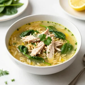 - 1 lb boneless, skinless chicken breasts - 6 cups chicken broth - 1 cup orzo pasta The star of this dish is the chicken. I recommend using boneless, skinless breasts for easy cooking and shredding. The broth adds rich flavor and warms the soup. Orzo pasta brings a fun twist and gives the soup a nice texture. - 1 large onion, finely chopped - 1 medium carrot, diced - 2 cloves garlic, minced - 1 cup fresh spinach, chopped - 1 teaspoon dried oregano - Salt and pepper to taste Onion and carrot add sweetness and crunch. Garlic gives depth and warmth to the flavor. Spinach adds color and nutrients. Oregano, salt, and pepper season the soup, making every bite tasty. - 3 large eggs - 1/3 cup fresh lemon juice - 2 tablespoons olive oil - Fresh dill or parsley for garnish Eggs and lemon juice create a creamy, tangy finish. Olive oil brings richness and helps cook the veggies. Fresh herbs like dill or parsley add a bright touch right before serving. These ingredients unite to make a soup that comforts and delights. {{ingredient_image_1}} Saut&eacute;ing Vegetables First, grab a large pot and heat two tablespoons of olive oil over medium heat. Add one finely chopped onion, one diced carrot, and two minced garlic cloves. Saut&eacute; these veggies for 5 to 7 minutes. You want them soft and fragrant. This step builds a great base for your soup. Adding Chicken Broth Next, pour in six cups of chicken broth. Bring it to a simmer. The warmth will bring out the flavors of the veggies and prepare the soup for the chicken. Simmering Once the broth simmers, drop in one pound of boneless, skinless chicken breasts. Let the chicken cook for about 15 to 20 minutes. Make sure it&rsquo;s fully cooked before you move to the next step. Shredding the Chicken Remove the chicken from the pot and let it cool for a bit. After that, use two forks to shred the chicken into bite-sized pieces. This makes it easy to eat and mix back into the soup. Cooking the Orzo Return the shredded chicken to the pot along with one cup of orzo pasta. Cook for another 10 minutes or until the pasta is al dente. Stir occasionally to prevent the pasta from sticking. Tempering Eggs and Lemon Juice In a separate bowl, whisk together three large eggs and 1/3 cup of fresh lemon juice. To avoid scrambling the eggs, temper the mixture by slowly adding a ladle of hot broth from the soup. Stir constantly while adding the broth. Final Seasoning and Mixing Gradually stir the tempered egg mixture back into the soup. Then, add one cup of chopped spinach and one teaspoon of dried oregano. Season with salt and pepper to taste. Allow the soup to heat through for another 2 to 3 minutes. This melds all the flavors beautifully. Serve your Greek lemon chicken soup hot, garnished with fresh dill or parsley for an extra burst of flavor! Adjusting Lemon Juice Lemon juice brightens the soup. Start with 1/3 cup, then taste it. If you want more zing, add more juice. Use fresh lemons for the best taste. Enhancing with Fresh Herbs Fresh herbs make a big difference. I love using dill or parsley. They add color and flavor. Chop them finely and sprinkle on top before serving. Shredding Chicken Tips Shredding the chicken is easy. After cooking, let it cool just enough to handle. Use two forks to pull it apart. Aim for bite-sized pieces for even cooking. Avoiding Scrambled Eggs To keep the eggs smooth, temper them first. Mix the eggs with lemon juice. Then slowly add hot soup broth while stirring. This keeps the eggs from scrambling. Serving Suggestions Serve the soup hot in deep bowls. This keeps it warm longer. Pair it with crusty bread for dipping. It&rsquo;s comforting and filling. Garnishing Tips A sprinkle of fresh herbs on top is key. It adds color and freshness. You can also add a slice of lemon on the side for extra flair. Pro Tips Use Fresh Ingredients: Always opt for fresh vegetables and herbs for the best flavor. Fresh spinach and freshly squeezed lemon juice make a significant difference in this dish. Perfectly Cooked Chicken: Make sure to monitor the chicken closely while cooking. Overcooking can result in dry chicken, so remove it from the pot as soon as it&rsquo;s no longer pink inside. Tempering Eggs: When adding the egg mixture to the soup, always temper it first. This prevents the eggs from scrambling and ensures a smooth, creamy texture in your soup. Garnish for Flavor: Don&rsquo;t skip the fresh dill or parsley garnish. It not only enhances the presentation but also adds a fresh flavor that complements the lemony broth beautifully. {{image_2}} You can switch out orzo for other small pasta. Try ditalini or acini di pepe. They work well and add different textures. You can even use rice for a gluten-free option. Make this soup meat-free by skipping the chicken. Use vegetable broth instead of chicken broth. Add more veggies like zucchini, bell peppers, or mushrooms for depth. Chickpeas also add protein and heartiness. Spices can change the flavor profile. Add cumin for warmth or smoked paprika for depth. You can also add vegetables like peas or corn for sweetness. Each addition brings a new layer of taste. The lemon is key to this soup. You can add lemon zest for extra brightness. For a tangy twist, try using lime juice instead. This can give the soup a fresh kick. Use authentic Greek ingredients for a true taste. Feta cheese adds creaminess and tang. Kalamata olives give a briny flavor. Fresh herbs like mint or thyme can also enhance the dish. Different regions may have their own versions. In some areas, people add potatoes for heartiness. Others may include local spices or herbs to make it unique. Don't be afraid to experiment! To keep your Greek lemon chicken soup fresh, store it in the fridge. Place it in an airtight container. It will last for about three to four days. Let the soup cool before sealing it. This helps keep the flavors intact. You can freeze this soup for later enjoyment. Allow it to cool completely. Then, pour it into freezer-safe containers. Leave some space at the top for expansion. The soup can last up to three months in the freezer. When you&rsquo;re ready to eat it, move the soup to the fridge to thaw overnight. Reheat it on the stove over medium heat. Stir it often until it's hot. Avoid boiling it, as this can change the texture. Check your soup for freshness. If it smells sour or has an off color, it&rsquo;s time to toss it. Look for signs of freezer burn if frozen. This can happen if it&rsquo;s not sealed well. Always trust your senses to ensure you enjoy delicious soup! Can I use chicken thighs instead of breasts? Yes, you can use chicken thighs. They add more flavor and stay moist. Just cook them the same way as the breasts. Adjust the cooking time if the thighs are larger. How do I make this soup gluten-free? To make this soup gluten-free, swap orzo with gluten-free pasta. Look for rice or corn-based pasta. Ensure all other ingredients, like broth, are gluten-free too. How can I make the soup creamier? To add creaminess, stir in some heavy cream or coconut milk. You can also add a bit of cream cheese. Blend a small portion of the soup and mix it back in for a smooth texture. What can I add for extra protein? You can add chickpeas or beans for more protein. Tofu is a great option too. Shredded rotisserie chicken can work well if you're in a hurry. How do I know when the chicken is done? The chicken is done when it reaches an internal temperature of 165&deg;F. It should be white and no longer pink inside. Use a meat thermometer for accuracy. How long can I simmer the soup? You can simmer the soup for 30 minutes. This allows all the flavors to meld together. If you simmer too long, the pasta may become mushy, so keep an eye on it. This soup features simple, tasty ingredients like chicken, orzo, and veggies. We walked through easy steps to make it, from saut&eacute;ing vegetables to adding the right herbs. With some handy tips, you can tweak the flavors and impress everyone. Remember, you can adjust for diet needs or personal taste. Store it well for later enjoyment. Cook with confidence and have fun experimenting!