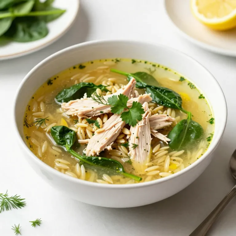 - 1 lb boneless, skinless chicken breasts - 6 cups chicken broth - 1 cup orzo pasta The star of this dish is the chicken. I recommend using boneless, skinless breasts for easy cooking and shredding. The broth adds rich flavor and warms the soup. Orzo pasta brings a fun twist and gives the soup a nice texture. - 1 large onion, finely chopped - 1 medium carrot, diced - 2 cloves garlic, minced - 1 cup fresh spinach, chopped - 1 teaspoon dried oregano - Salt and pepper to taste Onion and carrot add sweetness and crunch. Garlic gives depth and warmth to the flavor. Spinach adds color and nutrients. Oregano, salt, and pepper season the soup, making every bite tasty. - 3 large eggs - 1/3 cup fresh lemon juice - 2 tablespoons olive oil - Fresh dill or parsley for garnish Eggs and lemon juice create a creamy, tangy finish. Olive oil brings richness and helps cook the veggies. Fresh herbs like dill or parsley add a bright touch right before serving. These ingredients unite to make a soup that comforts and delights. {{ingredient_image_1}} Sautéing Vegetables First, grab a large pot and heat two tablespoons of olive oil over medium heat. Add one finely chopped onion, one diced carrot, and two minced garlic cloves. Sauté these veggies for 5 to 7 minutes. You want them soft and fragrant. This step builds a great base for your soup. Adding Chicken Broth Next, pour in six cups of chicken broth. Bring it to a simmer. The warmth will bring out the flavors of the veggies and prepare the soup for the chicken. Simmering Once the broth simmers, drop in one pound of boneless, skinless chicken breasts. Let the chicken cook for about 15 to 20 minutes. Make sure it’s fully cooked before you move to the next step. Shredding the Chicken Remove the chicken from the pot and let it cool for a bit. After that, use two forks to shred the chicken into bite-sized pieces. This makes it easy to eat and mix back into the soup. Cooking the Orzo Return the shredded chicken to the pot along with one cup of orzo pasta. Cook for another 10 minutes or until the pasta is al dente. Stir occasionally to prevent the pasta from sticking. Tempering Eggs and Lemon Juice In a separate bowl, whisk together three large eggs and 1/3 cup of fresh lemon juice. To avoid scrambling the eggs, temper the mixture by slowly adding a ladle of hot broth from the soup. Stir constantly while adding the broth. Final Seasoning and Mixing Gradually stir the tempered egg mixture back into the soup. Then, add one cup of chopped spinach and one teaspoon of dried oregano. Season with salt and pepper to taste. Allow the soup to heat through for another 2 to 3 minutes. This melds all the flavors beautifully. Serve your Greek lemon chicken soup hot, garnished with fresh dill or parsley for an extra burst of flavor! Adjusting Lemon Juice Lemon juice brightens the soup. Start with 1/3 cup, then taste it. If you want more zing, add more juice. Use fresh lemons for the best taste. Enhancing with Fresh Herbs Fresh herbs make a big difference. I love using dill or parsley. They add color and flavor. Chop them finely and sprinkle on top before serving. Shredding Chicken Tips Shredding the chicken is easy. After cooking, let it cool just enough to handle. Use two forks to pull it apart. Aim for bite-sized pieces for even cooking. Avoiding Scrambled Eggs To keep the eggs smooth, temper them first. Mix the eggs with lemon juice. Then slowly add hot soup broth while stirring. This keeps the eggs from scrambling. Serving Suggestions Serve the soup hot in deep bowls. This keeps it warm longer. Pair it with crusty bread for dipping. It’s comforting and filling. Garnishing Tips A sprinkle of fresh herbs on top is key. It adds color and freshness. You can also add a slice of lemon on the side for extra flair. Pro Tips Use Fresh Ingredients: Always opt for fresh vegetables and herbs for the best flavor. Fresh spinach and freshly squeezed lemon juice make a significant difference in this dish. Perfectly Cooked Chicken: Make sure to monitor the chicken closely while cooking. Overcooking can result in dry chicken, so remove it from the pot as soon as it’s no longer pink inside. Tempering Eggs: When adding the egg mixture to the soup, always temper it first. This prevents the eggs from scrambling and ensures a smooth, creamy texture in your soup. Garnish for Flavor: Don’t skip the fresh dill or parsley garnish. It not only enhances the presentation but also adds a fresh flavor that complements the lemony broth beautifully. {{image_2}} You can switch out orzo for other small pasta. Try ditalini or acini di pepe. They work well and add different textures. You can even use rice for a gluten-free option. Make this soup meat-free by skipping the chicken. Use vegetable broth instead of chicken broth. Add more veggies like zucchini, bell peppers, or mushrooms for depth. Chickpeas also add protein and heartiness. Spices can change the flavor profile. Add cumin for warmth or smoked paprika for depth. You can also add vegetables like peas or corn for sweetness. Each addition brings a new layer of taste. The lemon is key to this soup. You can add lemon zest for extra brightness. For a tangy twist, try using lime juice instead. This can give the soup a fresh kick. Use authentic Greek ingredients for a true taste. Feta cheese adds creaminess and tang. Kalamata olives give a briny flavor. Fresh herbs like mint or thyme can also enhance the dish. Different regions may have their own versions. In some areas, people add potatoes for heartiness. Others may include local spices or herbs to make it unique. Don't be afraid to experiment! To keep your Greek lemon chicken soup fresh, store it in the fridge. Place it in an airtight container. It will last for about three to four days. Let the soup cool before sealing it. This helps keep the flavors intact. You can freeze this soup for later enjoyment. Allow it to cool completely. Then, pour it into freezer-safe containers. Leave some space at the top for expansion. The soup can last up to three months in the freezer. When you’re ready to eat it, move the soup to the fridge to thaw overnight. Reheat it on the stove over medium heat. Stir it often until it's hot. Avoid boiling it, as this can change the texture. Check your soup for freshness. If it smells sour or has an off color, it’s time to toss it. Look for signs of freezer burn if frozen. This can happen if it’s not sealed well. Always trust your senses to ensure you enjoy delicious soup! Can I use chicken thighs instead of breasts? Yes, you can use chicken thighs. They add more flavor and stay moist. Just cook them the same way as the breasts. Adjust the cooking time if the thighs are larger. How do I make this soup gluten-free? To make this soup gluten-free, swap orzo with gluten-free pasta. Look for rice or corn-based pasta. Ensure all other ingredients, like broth, are gluten-free too. How can I make the soup creamier? To add creaminess, stir in some heavy cream or coconut milk. You can also add a bit of cream cheese. Blend a small portion of the soup and mix it back in for a smooth texture. What can I add for extra protein? You can add chickpeas or beans for more protein. Tofu is a great option too. Shredded rotisserie chicken can work well if you're in a hurry. How do I know when the chicken is done? The chicken is done when it reaches an internal temperature of 165°F. It should be white and no longer pink inside. Use a meat thermometer for accuracy. How long can I simmer the soup? You can simmer the soup for 30 minutes. This allows all the flavors to meld together. If you simmer too long, the pasta may become mushy, so keep an eye on it. This soup features simple, tasty ingredients like chicken, orzo, and veggies. We walked through easy steps to make it, from sautéing vegetables to adding the right herbs. With some handy tips, you can tweak the flavors and impress everyone. Remember, you can adjust for diet needs or personal taste. Store it well for later enjoyment. Cook with confidence and have fun experimenting!