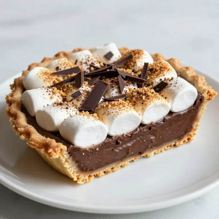 For a great S'mores Chocolate Pie, you need a few simple ingredients. Here’s the full list: - Pre-made graham cracker pie crust - 1 cup milk chocolate chips - 1 cup heavy cream - 1/2 cup granulated sugar - 2 large eggs - 1 teaspoon vanilla extract - 1 cup mini marshmallows - 1/2 cup crushed graham crackers (for topping) - 1/4 cup chocolate shavings (for garnish) Each ingredient plays a key role. The graham cracker crust gives a nice crunch. The milk chocolate chips melt to create a rich filling. Heavy cream adds smoothness. Granulated sugar sweetens the pie just right. Eggs help set the filling as it bakes. Vanilla extract gives a warm flavor. Mini marshmallows add a fun gooey top. Crushed graham crackers and chocolate shavings make the pie look pretty. When you gather these ingredients, you’re ready for a fun baking adventure. The mix of flavors and textures will impress anyone who tries it! {{ingredient_image_1}} - Preheat the oven: Set your oven to 350°F (175°C). This helps your pie bake evenly. - Prepare the chocolate filling: In a medium saucepan, mix heavy cream and milk chocolate chips over low heat. Stir until smooth and melted. Remove from heat when done. - Mix the base ingredients: In a bowl, whisk together granulated sugar, large eggs, and vanilla extract. Slowly pour in the melted chocolate mixture and stir until combined. - Pour filling into the crust: Carefully pour the filling into the graham cracker pie crust. Smooth the top with a spatula for an even finish. - Bake the pie: Place the pie in the oven and bake for 25-30 minutes. You want it slightly set but still fudgy. - Adding marshmallows: After baking, take the pie out and sprinkle mini marshmallows on top. Broil for 1-2 minutes until golden brown. Keep a close eye to prevent burning. - Cooling the pie: Let the pie cool at room temperature for about 30 minutes. It will firm up as it cools. - Garnishing before serving: Once cool, sprinkle crushed graham crackers on top and add chocolate shavings for a nice touch. - Serving suggestions: Cut the pie into wedges. Serve at room temperature or chilled for a refreshing treat. To get a fudgy texture, bake the pie just until set. Check it around 25 minutes. The center should still jiggle a bit. This means it will firm up nicely as it cools. Broiling marshmallows safely is key. After baking, sprinkle the marshmallows on top. Broil for just 1-2 minutes. Stay close to the oven. Watch them turn golden to avoid burning. You can use dark chocolate instead of milk chocolate. This gives the pie a richer taste. If you want a sweeter pie, stick with milk chocolate. For a dairy-free version, choose dairy-free chocolate chips. Use coconut cream instead of heavy cream. This keeps the pie creamy and tasty. Get creative when serving! Slice the pie into wedges and place them on colorful plates. This makes it look fun and inviting. For garnish, sprinkle crushed graham crackers on top. Add chocolate shavings for a fancy touch. These small details make your pie stand out and look delicious. Pro Tips Use Quality Chocolate: For the best flavor, opt for high-quality milk chocolate chips. This will enhance the overall taste of your pie. Watch the Marshmallows: When broiling the marshmallows, keep a close eye on them to avoid burning. They can go from perfectly toasted to charred in seconds! Let It Cool: Allowing the pie to cool for at least 30 minutes helps it to set properly, making it easier to slice and serve. Garnish Creatively: Feel free to add toppings such as crushed nuts or a drizzle of caramel for an extra layer of flavor and texture. {{image_2}} You can easily change up the flavor of your s'mores chocolate pie. Here are two fun ideas: - Peanut Butter S'mores Chocolate Pie: Mix in half a cup of creamy peanut butter with the melted chocolate. This adds a rich, nutty taste. - Mint Chocolate Version: Add a teaspoon of peppermint extract to the chocolate filling. This gives your pie a refreshing twist. The crust can also change how your pie tastes. Here are some options: - Oreo Crust: Use crushed Oreo cookies instead of graham crackers. This adds a chocolatey crunch to every bite. - Homemade Graham Cracker Crust: If you want to make your own, blend graham crackers with melted butter. Press this mixture into a pie plate for a fresh, buttery crust. You can match your pie to the seasons. Here are some ideas: - Fall: Pumpkin Spice Touch: Add pumpkin spice to the chocolate filling for a cozy fall flavor. It brings warmth and nostalgia to the pie. - Summer: Fruity S'mores Chocolate Pie: Top the pie with fresh berries like strawberries or raspberries. This adds a bright and fruity taste to your dessert. Feel free to mix and match these ideas to create your perfect s'mores chocolate pie! To keep your S'mores Chocolate Pie fresh, store it in the fridge. Use an airtight container to prevent it from drying out. If you do not have a container, wrap the pie tightly with plastic wrap. This keeps the moisture in and helps maintain the flavor. If you want to freeze the pie, slice it first. Wrap each slice in plastic wrap and place them in a freezer bag. This makes it easy to grab a piece later. To thaw, take a slice out of the freezer and let it sit in the fridge for a few hours. You can also leave it out for about 30 minutes at room temperature. Your pie lasts about 3 to 5 days in the fridge. If frozen, it can last up to 3 months. Check for signs of spoilage, like an off smell or a change in color. If the marshmallows look dry or hard, it's best to toss the pie. Enjoy your dessert while it's fresh for the best taste! Can I make this pie ahead of time? Yes, you can make this pie ahead of time. Bake the pie and let it cool. Store it in the fridge for up to three days. Serve it chilled or at room temperature. What can I serve with s'mores chocolate pie? This pie pairs well with whipped cream or vanilla ice cream. Fresh berries also add a nice touch. You can serve them on the side for added flavor. Why is my pie not set? If your pie isn’t set, it may need more baking time. Check the filling; it should be slightly wobbly but not liquidy. Let it cool completely to firm up more. How to fix burnt marshmallows? If your marshmallows burn, scrape off the burnt bits with a knife. You can add fresh mini marshmallows on top. Broil them again for a few seconds until golden. Can I use dark chocolate? Yes, you can use dark chocolate if you prefer a richer flavor. Just keep the same amount. Dark chocolate will give the pie a deeper taste and less sweetness. What if I don’t have graham crackers? If you lack graham crackers, use crushed cookies instead. Vanilla wafers or digestive biscuits work well too. Just make sure to mix them with melted butter for a solid crust. This blog post detailed how to make a delicious s'mores chocolate pie. You learned about the key ingredients and step-by-step instructions for preparation, baking, and serving the pie. I shared tips to improve texture and presentation. You can also try variations for every season or special ingredient substitutes. Remember to store your pie properly for the best taste. Enjoy creating this tasty treat that’s perfect for any occasion!