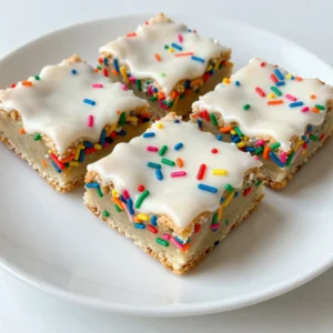 To make Funfetti Sugar Cookie Bars, you will need: - 2 ½ cups all-purpose flour - 1 teaspoon baking soda - ½ teaspoon baking powder - 1 teaspoon salt - 1 cup unsalted butter, softened - 1 ½ cups granulated sugar - 2 large eggs - 1 teaspoon vanilla extract - ½ teaspoon almond extract - ½ cup rainbow sprinkles (plus more for topping) - 1 cup powdered sugar (for icing) - 2 tablespoons milk (for icing) - 1 teaspoon vanilla extract (for icing) When measuring, use dry measuring cups for flour and sugar. Spoon flour into the cup, then level it off with a knife. For liquids, use a clear measuring cup with markings. Always check at eye level. This ensures you get the right amount. Accurate measuring helps your bars bake perfectly every time. Use high-quality butter for rich flavor. Unsalted butter gives you control over saltiness. I prefer pure vanilla extract over imitation. It adds depth to your bars. Choose vibrant, fresh sprinkles for the best look and taste. For icing, use fine powdered sugar to ensure a smooth finish. These choices make your Funfetti Sugar Cookie Bars not just tasty, but also a feast for the eyes! {{ingredient_image_1}} First, you need to prepare your baking pan. Preheat your oven to 350°F (175°C). Grab a 9x13 inch baking pan. Line it with parchment paper. Leave some paper hanging over the edges. This makes it easy to lift out your cookie bars later. Next, let’s mix our ingredients. In a bowl, whisk together 2 ½ cups of all-purpose flour, 1 teaspoon of baking soda, ½ teaspoon of baking powder, and 1 teaspoon of salt. Set this bowl aside. In a large bowl, cream 1 cup of softened unsalted butter and 1 ½ cups of granulated sugar. Use an electric mixer at medium speed. Mix for about 3-4 minutes until it looks light and fluffy. Now, add 2 large eggs, one at a time. Mix well after each egg. Then, add 1 teaspoon of vanilla extract and ½ teaspoon of almond extract. Mix until everything is combined. Gradually add the dry mixture to the wet mixture. Mix on low speed until it is just combined. Be careful not to overmix. Finally, gently fold in ½ cup of rainbow sprinkles. Now it’s time to bake! Spread the cookie dough into your prepared pan. Smooth the top with a spatula. Bake in your preheated oven for 20-25 minutes. The edges should be lightly golden. A toothpick should come out clean when inserted into the center. After baking, let the bars cool in the pan on a wire rack. Make sure they cool completely before you ice them. To get soft and chewy Funfetti Sugar Cookie Bars, make sure not to overmix the dough. After adding the dry ingredients, mix on low just until you see no flour. This keeps the bars tender. Use softened butter for a creamy mix. If the butter is too cold, the bars can turn out hard. One common mistake is not measuring flour correctly. Use a spoon to fluff the flour, then scoop it into your measuring cup. Level it off with a knife. Another mistake is baking too long. Check your bars at 20 minutes. They should look slightly golden at the edges. If you bake them too long, they'll become dry. These cookie bars are great warm or chilled. For a fun twist, serve with ice cream on top. You can also cut them into fun shapes using cookie cutters. Add a drizzle of extra icing and more sprinkles for a festive touch. These treats are perfect for parties or just a fun family snack! Pro Tips Chill the Dough: For thicker bars, chill the dough in the refrigerator for 30 minutes before spreading it in the pan. This helps prevent spreading while baking. Use Fresh Sprinkles: Make sure your rainbow sprinkles are fresh, as older sprinkles can lose their color and texture, affecting the look of your cookie bars. Custom Icing Flavors: Experiment with different extracts in your icing, such as lemon or coconut, to give your cookie bars a unique twist. Storage Tips: Store the bars in an airtight container at room temperature for up to a week, or refrigerate to keep them fresh longer. {{image_2}} You can use many types of sprinkles in your Funfetti Sugar Cookie Bars. Classic rainbow sprinkles add color and fun. You can also try chocolate sprinkles for a richer taste. For a holiday twist, use themed sprinkles like hearts or stars. Mix and match them to create your own unique look! While the recipe calls for vanilla and almond extracts, feel free to experiment. You can swap almond for coconut extract for a tropical vibe. Lemon or orange zest can also brighten the bars. If you enjoy spices, try adding a pinch of cinnamon for warmth. The options are endless! Making these bars gluten-free is easy! Use a 1:1 gluten-free flour blend instead of all-purpose flour. For a dairy-free version, replace the butter with coconut oil or a vegan butter substitute. You can also use non-dairy milk for the icing. These swaps let everyone enjoy the fun! To keep your Funfetti Sugar Cookie Bars fresh, store them in an airtight container. This helps to lock in moisture and flavor. Place a piece of wax paper between layers to avoid sticking. Keep the bars at room temperature for easy access. If you have extra cookie bars, freezing is a great option. First, let the bars cool completely. Then, cut them into squares. Wrap each piece in plastic wrap and place them in a freezer bag. This will help prevent freezer burn. You can store them in the freezer for up to three months. When you're ready to enjoy, let them thaw on the counter. These cookie bars will stay fresh for about a week at room temperature. If stored properly in an airtight container, they can last a bit longer. However, for the best taste and texture, eat them within the first few days. The sprinkles may lose some color over time, but they will still taste great! Yes, you can make these bars ahead of time! They stay fresh for several days. Just store them in an airtight container at room temperature. If you want to keep them longer, freeze them. Cut them into squares and wrap each piece in plastic wrap. Place the wrapped bars in a zip-top bag. They last for up to three months in the freezer. To check if the bars are done, look for a light golden edge. Insert a toothpick into the center. If it comes out clean or with a few crumbs, they are ready. Keep an eye on the timer; they usually bake for 20-25 minutes. Don't overbake, or they might turn dry. Absolutely! You can swap out a few ingredients. Use gluten-free flour if you have a gluten allergy. For dairy-free options, use vegan butter. You can also replace eggs with unsweetened applesauce or flaxseed meal mixed with water. Just be sure to adjust the measurements accordingly. In this blog post, I covered the key steps to making Funfetti Sugar Cookie Bars. We explored ingredients, measuring tips, and quality suggestions to ensure the best results. You learned how to prep your baking pan, mix ingredients, and avoid common mistakes. Plus, I shared variations and storage tips to keep your treats fresh. Always remember, baking is fun! With practice, you’ll master these cookie bars in no time. Enjoy creating and sharing them with friends and family!