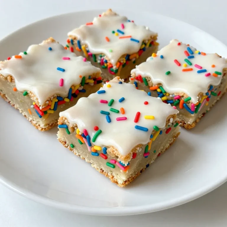 To make Funfetti Sugar Cookie Bars, you will need: - 2 ½ cups all-purpose flour - 1 teaspoon baking soda - ½ teaspoon baking powder - 1 teaspoon salt - 1 cup unsalted butter, softened - 1 ½ cups granulated sugar - 2 large eggs - 1 teaspoon vanilla extract - ½ teaspoon almond extract - ½ cup rainbow sprinkles (plus more for topping) - 1 cup powdered sugar (for icing) - 2 tablespoons milk (for icing) - 1 teaspoon vanilla extract (for icing) When measuring, use dry measuring cups for flour and sugar. Spoon flour into the cup, then level it off with a knife. For liquids, use a clear measuring cup with markings. Always check at eye level. This ensures you get the right amount. Accurate measuring helps your bars bake perfectly every time. Use high-quality butter for rich flavor. Unsalted butter gives you control over saltiness. I prefer pure vanilla extract over imitation. It adds depth to your bars. Choose vibrant, fresh sprinkles for the best look and taste. For icing, use fine powdered sugar to ensure a smooth finish. These choices make your Funfetti Sugar Cookie Bars not just tasty, but also a feast for the eyes! {{ingredient_image_1}} First, you need to prepare your baking pan. Preheat your oven to 350°F (175°C). Grab a 9x13 inch baking pan. Line it with parchment paper. Leave some paper hanging over the edges. This makes it easy to lift out your cookie bars later. Next, let’s mix our ingredients. In a bowl, whisk together 2 ½ cups of all-purpose flour, 1 teaspoon of baking soda, ½ teaspoon of baking powder, and 1 teaspoon of salt. Set this bowl aside. In a large bowl, cream 1 cup of softened unsalted butter and 1 ½ cups of granulated sugar. Use an electric mixer at medium speed. Mix for about 3-4 minutes until it looks light and fluffy. Now, add 2 large eggs, one at a time. Mix well after each egg. Then, add 1 teaspoon of vanilla extract and ½ teaspoon of almond extract. Mix until everything is combined. Gradually add the dry mixture to the wet mixture. Mix on low speed until it is just combined. Be careful not to overmix. Finally, gently fold in ½ cup of rainbow sprinkles. Now it’s time to bake! Spread the cookie dough into your prepared pan. Smooth the top with a spatula. Bake in your preheated oven for 20-25 minutes. The edges should be lightly golden. A toothpick should come out clean when inserted into the center. After baking, let the bars cool in the pan on a wire rack. Make sure they cool completely before you ice them. To get soft and chewy Funfetti Sugar Cookie Bars, make sure not to overmix the dough. After adding the dry ingredients, mix on low just until you see no flour. This keeps the bars tender. Use softened butter for a creamy mix. If the butter is too cold, the bars can turn out hard. One common mistake is not measuring flour correctly. Use a spoon to fluff the flour, then scoop it into your measuring cup. Level it off with a knife. Another mistake is baking too long. Check your bars at 20 minutes. They should look slightly golden at the edges. If you bake them too long, they'll become dry. These cookie bars are great warm or chilled. For a fun twist, serve with ice cream on top. You can also cut them into fun shapes using cookie cutters. Add a drizzle of extra icing and more sprinkles for a festive touch. These treats are perfect for parties or just a fun family snack! Pro Tips Chill the Dough: For thicker bars, chill the dough in the refrigerator for 30 minutes before spreading it in the pan. This helps prevent spreading while baking. Use Fresh Sprinkles: Make sure your rainbow sprinkles are fresh, as older sprinkles can lose their color and texture, affecting the look of your cookie bars. Custom Icing Flavors: Experiment with different extracts in your icing, such as lemon or coconut, to give your cookie bars a unique twist. Storage Tips: Store the bars in an airtight container at room temperature for up to a week, or refrigerate to keep them fresh longer. {{image_2}} You can use many types of sprinkles in your Funfetti Sugar Cookie Bars. Classic rainbow sprinkles add color and fun. You can also try chocolate sprinkles for a richer taste. For a holiday twist, use themed sprinkles like hearts or stars. Mix and match them to create your own unique look! While the recipe calls for vanilla and almond extracts, feel free to experiment. You can swap almond for coconut extract for a tropical vibe. Lemon or orange zest can also brighten the bars. If you enjoy spices, try adding a pinch of cinnamon for warmth. The options are endless! Making these bars gluten-free is easy! Use a 1:1 gluten-free flour blend instead of all-purpose flour. For a dairy-free version, replace the butter with coconut oil or a vegan butter substitute. You can also use non-dairy milk for the icing. These swaps let everyone enjoy the fun! To keep your Funfetti Sugar Cookie Bars fresh, store them in an airtight container. This helps to lock in moisture and flavor. Place a piece of wax paper between layers to avoid sticking. Keep the bars at room temperature for easy access. If you have extra cookie bars, freezing is a great option. First, let the bars cool completely. Then, cut them into squares. Wrap each piece in plastic wrap and place them in a freezer bag. This will help prevent freezer burn. You can store them in the freezer for up to three months. When you're ready to enjoy, let them thaw on the counter. These cookie bars will stay fresh for about a week at room temperature. If stored properly in an airtight container, they can last a bit longer. However, for the best taste and texture, eat them within the first few days. The sprinkles may lose some color over time, but they will still taste great! Yes, you can make these bars ahead of time! They stay fresh for several days. Just store them in an airtight container at room temperature. If you want to keep them longer, freeze them. Cut them into squares and wrap each piece in plastic wrap. Place the wrapped bars in a zip-top bag. They last for up to three months in the freezer. To check if the bars are done, look for a light golden edge. Insert a toothpick into the center. If it comes out clean or with a few crumbs, they are ready. Keep an eye on the timer; they usually bake for 20-25 minutes. Don't overbake, or they might turn dry. Absolutely! You can swap out a few ingredients. Use gluten-free flour if you have a gluten allergy. For dairy-free options, use vegan butter. You can also replace eggs with unsweetened applesauce or flaxseed meal mixed with water. Just be sure to adjust the measurements accordingly. In this blog post, I covered the key steps to making Funfetti Sugar Cookie Bars. We explored ingredients, measuring tips, and quality suggestions to ensure the best results. You learned how to prep your baking pan, mix ingredients, and avoid common mistakes. Plus, I shared variations and storage tips to keep your treats fresh. Always remember, baking is fun! With practice, you’ll master these cookie bars in no time. Enjoy creating and sharing them with friends and family!