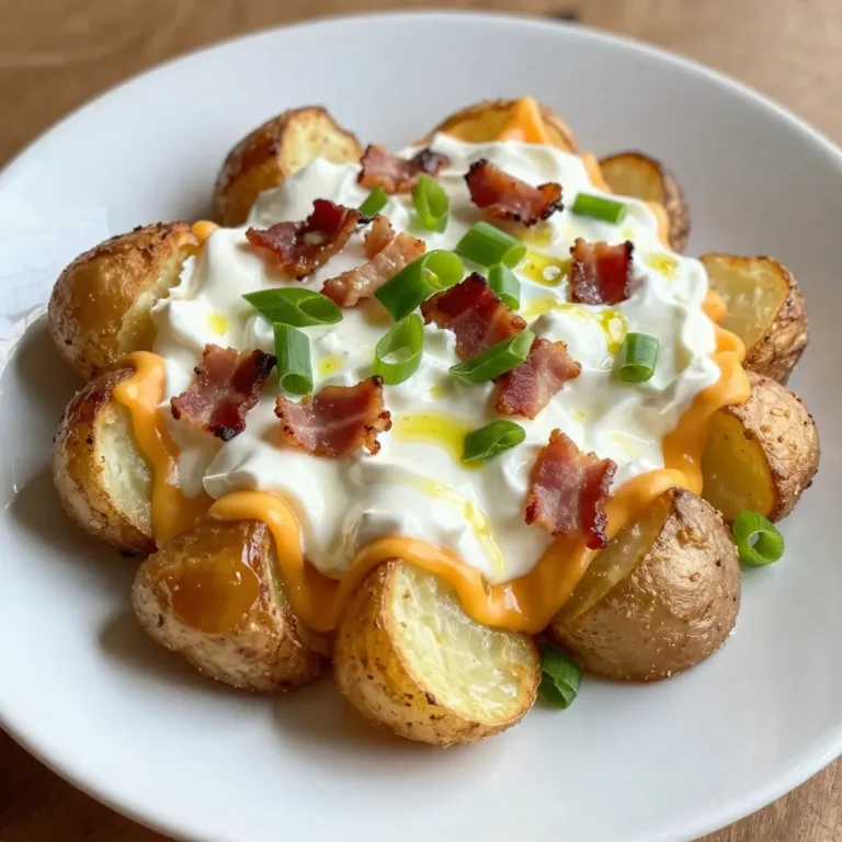 - 2 pounds baby potatoes - 1/2 cup sour cream - 1/4 cup cream cheese, softened - 1 cup shredded sharp cheddar cheese - 1/2 cup cooked bacon bits (or chopped green onions for a vegetarian option) - 1/4 cup green onions, sliced - 1 teaspoon garlic powder - 1 teaspoon onion powder - Salt and pepper to taste - Olive oil for drizzling I love using baby potatoes for this dish. They cook fast and have a nice creamy texture. You’ll want to start with two pounds. They shine in this recipe. The sour cream and cream cheese give that rich, creamy feel. Mix in half a cup of sour cream and a quarter cup of softened cream cheese. Sharp cheddar cheese adds great flavor. You’ll use a full cup, divided. For protein, add bacon bits. If you want a veggie option, use green onions instead. Spices bring out the best in the potatoes. Use a teaspoon each of garlic powder and onion powder. Salt and pepper are key, too. Use them to taste. And don’t forget the olive oil for that crispy finish! Gather these ingredients, and you’re set for a delicious meal. Each one adds flavor and comfort to the dish. {{ingredient_image_1}} To begin, place 2 pounds of baby potatoes in a large pot. Cover them with water and add a pinch of salt. Bring the water to a boil. Cook the potatoes for about 15 to 20 minutes. You want them fork-tender, which means they should break apart easily when poked with a fork. After boiling, drain the potatoes and let them cool for a few minutes. Be careful when handling hot potatoes to avoid burns. Once the potatoes cool enough to touch, lay them on a parchment-lined baking sheet. Use a potato masher or the bottom of a glass to smash each potato down to about 1/2 inch thick. This helps them cook evenly. Next, drizzle olive oil over the smashed potatoes. Sprinkle with salt and pepper to taste. These simple steps enhance the flavor of your dish. Now, let’s prepare the cheesy topping. In a mixing bowl, combine 1/2 cup sour cream, 1/4 cup softened cream cheese, 1 teaspoon garlic powder, and 1 teaspoon onion powder. Mix until creamy and smooth. Spoon this cheese mixture generously over each smashed potato. For extra flavor, scatter 1/2 cup cooked bacon bits or chopped green onions on top. Finally, sprinkle 1 cup shredded sharp cheddar cheese over everything. Bake the potatoes in a preheated oven at 425°F (220°C) for 15 to 20 minutes. Look for melted, bubbly cheese and crispy edges. Enjoy! To get crispy edges on your loaded smashed potatoes, start with boiling them just right. Aim for fork-tender, about 15-20 minutes. After smashing, drizzle olive oil generously over each potato. This helps them crisp up nicely in the oven. For a gooey cheese topping, mix half of your cheddar into the cheese blend before baking. This gives a rich base. Then, sprinkle the remaining cheese on top just before baking. This creates a delicious, gooey layer that pulls apart beautifully. You need a few key tools to smash and bake your potatoes. A good potato masher or the bottom of a glass works great for smashing. For baking, use a sturdy baking sheet lined with parchment paper. The parchment keeps the potatoes from sticking and helps with easy cleanup. One common mistake is overcooking the potatoes. If they’re too soft, they won’t hold their shape when you smash them. Watch the clock and test with a fork. Another mistake is mishandling the toppings. If you put too much cheese on too soon, it can burn. Layer it wisely for the best results. For dietary needs, bacon can be swapped with chopped green onions. This keeps the flavor and adds a fresh twist. If you need dairy-free options, use vegan cheese and plant-based sour cream for the same creamy texture. Pro Tips Choose the Right Potatoes: Baby potatoes are ideal for smashing as they have a creamy texture and hold their shape well during cooking. Don't Overcook: Keep an eye on the boiling time; overcooked potatoes can become mushy and difficult to smash. Customize Your Toppings: Feel free to add your favorite toppings like jalapeños, olives, or different types of cheese for a unique twist. Serve Immediately: These potatoes are best enjoyed fresh out of the oven when the cheese is gooey and the edges are crispy. {{image_2}} You can easily make loaded smashed potatoes vegetarian or vegan. For a vegetarian twist, swap bacon bits for chopped green onions. This adds a fresh taste and crunch. If you want a vegan option, replace the sour cream and cream cheese with dairy-free alternatives. Look for plant-based sour cream and cream cheese. Many brands offer great flavors that work well in this dish. Let your creativity shine with toppings and spices! Try adding crispy fried onions or jalapeños for a kick. You can also mix in spices like smoked paprika or cumin for a unique flavor. When it comes to cheese, experiment with different types. Gouda or pepper jack can add new taste dimensions to your loaded smashed potatoes. Feel free to mix and match your favorite toppings! You don't have to stick to just one cooking method. For a quicker option, use an air fryer. Cook at 400°F for about 12-15 minutes for crispy edges. If you have an Instant Pot, you can boil the potatoes first, then smash and bake. Want a smoky flavor? Grill the smashed potatoes on medium heat. They will get a delicious, charred taste. Each method offers a new way to enjoy this comfort food! To keep your loaded smashed potatoes fresh, store them in an airtight container. Allow them to cool before sealing. Place the container in the fridge. They can last for about three to four days. If you notice any off smells or discoloration, it’s best to toss them out. To reheat leftover potatoes, the oven is your best friend. Preheat it to 350°F (175°C). Place the potatoes on a baking sheet. Cover them with foil to keep them moist. Bake for about 15-20 minutes or until heated through. You can also use the microwave for quick reheating. Just cover them with a damp paper towel and heat for 1-2 minutes. This helps keep the texture nice. Freezing loaded smashed potatoes is a great way to save them. First, let them cool completely. Then, arrange them on a baking sheet in a single layer. Freeze them for about 1-2 hours. Once frozen, transfer them to a freezer bag or container. They can last up to three months. To thaw, move them to the fridge overnight. Reheat them in the oven for the best results. For loaded smashed potatoes, I recommend using baby potatoes. They are small, tender, and have a creamy texture. You can also use Yukon Gold potatoes. Their buttery flavor adds a nice touch to the dish. Avoid starchy potatoes like Russets, as they may become too mushy when smashed. Yes, you can prep loaded smashed potatoes ahead of time! Boil and smash the potatoes. Then, store them in the fridge without toppings. When you're ready to eat, add the toppings and bake them. This tip saves time and makes meal prep easy. You’ll know the potatoes are done when they are fork-tender. This means you can easily pierce them with a fork. Usually, boiling for 15-20 minutes works well. Keep an eye on them to avoid overcooking. You want them soft but not falling apart. If you want a different flavor, use Greek yogurt instead of sour cream. It has a similar creaminess and tang. For a dairy-free option, try using cashew cream. Both options give you a tasty twist while keeping the dish rich and creamy. Loaded smashed potatoes are easy and fun to make. We covered the main ingredients, how to prepare them, and tips for baking. You can change up flavors with different toppings or diets. Remember to avoid common mistakes like overcooking and to store leftovers properly. Enjoy your tasty creations and share them with friends. Cooking can be a fun experience, so be creative and explore!