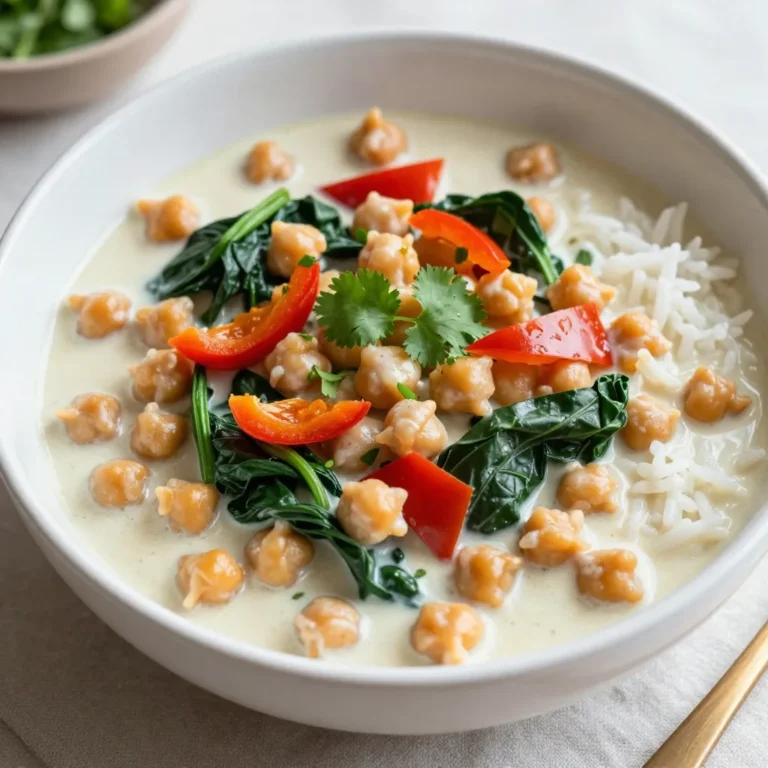To make creamy coconut curry chickpeas, you need these key items: - 1 can (15 oz) chickpeas, drained and rinsed - 1 cup coconut milk - 1 tablespoon coconut oil - 1 onion, diced - 2 garlic cloves, minced - 1 inch ginger, grated - 1 bell pepper (red or yellow), chopped - 1 cup spinach, fresh or frozen These ingredients create a rich, creamy flavor. The chickpeas bring protein, while the coconut milk adds smoothness. Aromatics like onion, garlic, and ginger build a base of taste. The bell pepper adds sweetness, and spinach gives color and nutrients. For the perfect blend of flavors, you need: - 2 tablespoons curry powder - 1 teaspoon ground cumin - 1 teaspoon turmeric - Salt and pepper to taste These spices bring warmth and depth to the dish. Curry powder is the star, with its mix of spices. Cumin adds an earthy note, and turmeric brightens the color. Salt and pepper balance the flavors perfectly. To finish your dish, consider these options: - Fresh cilantro, for garnish - Cooked rice or quinoa, for serving Garnishing with cilantro adds a fresh touch. Serving it over rice or quinoa makes a filling meal. You can also pair it with naan for a fun twist. {{ingredient_image_1}} 1. Start by heating coconut oil in a large skillet over medium heat. 2. Add the diced onion and sauté for about 5 minutes. You want it to look clear. 3. Next, stir in the minced garlic and grated ginger. Cook for 1 more minute. 4. Now, add the chopped bell pepper. Cook this for 3-4 minutes until it softens a bit. 1. Sprinkle in the curry powder, ground cumin, and turmeric. Mix well to coat the veggies. 2. Sauté the spices for 1-2 minutes. This step brings out their rich flavors. 3. Pour in the coconut milk and add the drained chickpeas. Stir until everything is mixed. 1. Bring the mix to a gentle simmer. Let it cook for about 10 minutes. This allows all the flavors to blend. 2. If using frozen spinach, add it now. Stir until it thaws out. If using fresh spinach, add it a few minutes before serving. You want it to wilt nicely. 3. Season the curry with salt and pepper to your taste. Adjust anything as needed. 4. Serve this warm over cooked rice or quinoa. Don’t forget to garnish with fresh cilantro! - Sautéing for maximum flavor: Start by heating coconut oil in your skillet. Add diced onion first. Sauté until it turns soft and clear. This step builds a strong base for your dish. Next, add minced garlic and grated ginger. Cook for just one minute. This brings out their rich aromas. Finally, mix in chopped bell pepper. Cook for a few minutes until it softens. This method layers flavors beautifully. - Adjusting spice levels to taste: You can change the spice level to fit your taste. If you like it spicy, add more curry powder. Start with a little and taste as you go. For a milder dish, reduce the amount of spices. You can also add a pinch of sugar to balance the heat. Remember, cooking is about what you enjoy! - Alternative vegetables: Feel free to swap vegetables based on what you have. Zucchini or carrots work great. You can also use peas or green beans. These will add different textures and flavors. - Dairy-free options beyond coconut: If you want another creaminess, try using almond milk or cashew cream. They provide a nice flavor without dairy. You can also blend soaked cashews with water for a thick, creamy alternative. - Best side dishes for pairing: This curry goes well with cooked rice or quinoa. They soak up the delicious sauce. You can also serve it with naan bread for a fun twist. - Presentation ideas for serving: For a beautiful presentation, use a wide bowl. Spoon the curry over rice or quinoa. Top with fresh cilantro for a pop of color. You can also sprinkle some crushed red pepper for heat. This makes the dish look as good as it tastes! Pro Tips Use Fresh Spices: Fresh spices enhance the flavor of your curry. Always check the expiration date of your spices for the best taste. Adjust Creaminess: For a creamier texture, add more coconut milk or a splash of vegetable broth to the curry. Customize Veggies: Feel free to add other vegetables like zucchini or cauliflower for added nutrition and flavor. Serve with a Side: Pair the curry with naan or a fresh salad for a complete meal experience. {{image_2}} You can easily switch the protein in this dish. Adding tofu makes a great vegan option. Just cube firm tofu and sauté it with the onions. It absorbs the flavors well. If you want meat, chicken works nicely too. Cut it into bite-sized pieces and cook it until golden. You can also swap chickpeas for lentils. Use red or green lentils for a different texture and flavor. They cook faster and add a nice twist. To brighten the taste, try adding lime or lemon juice. A squeeze just before serving will lift the flavors. You can also use different curry pastes. Red, green, or yellow curry pastes each bring unique flavors. Experiment with what you have on hand. This way, you can find your favorite mix. Seasonal vegetables can change the feel of the dish. In summer, add zucchini or corn for a fresh touch. In winter, root vegetables like carrots or sweet potatoes work well. They add heartiness and warmth. This recipe is flexible enough to fit any season. Just adapt the veggies to what is fresh and available. Creamy coconut curry chickpeas last about 4 to 5 days in the fridge. Store them in an airtight container. This keeps the flavors fresh and prevents spills. When you reheat, heat only what you need. This way, the leftovers stay tasty longer. You can freeze creamy coconut curry chickpeas for up to three months. To freeze, let the dish cool completely. Then, place it in a freezer-safe container. Make sure to leave some space at the top, as the curry may expand. To thaw, move it to the fridge overnight. For reheating, use the stove or microwave until it’s hot throughout. If you want to prepare in advance, cook the curry and store it in portions. Use small containers for easy meals. You can also chop your vegetables ahead of time. This cuts down on cooking time when you're ready to eat. Enjoying this dish throughout the week becomes simple and fun! Can I make this recipe vegan? Yes, this recipe is already vegan! It uses coconut milk and chickpeas, which are plant-based. You can enjoy this dish without any animal products. What can I use instead of coconut milk? If you need a substitute, try almond milk or cashew cream. These options will change the flavor a bit but still work well in the recipe. Is this recipe gluten-free? Yes, this recipe is gluten-free. Chickpeas and coconut milk do not contain gluten. Always check labels if you have a gluten allergy. Nutritional breakdown of chickpeas Chickpeas are packed with protein, fiber, and vitamins. A one-cup serving has about 15 grams of protein and 12 grams of fiber. They support heart health and digestion. Can I use dried chickpeas instead of canned? Yes, you can use dried chickpeas! Just soak them overnight and cook them until tender before adding to the dish. It takes more time, but they will taste great. What spice brands are recommended for curry powder? I like to use brands like McCormick or Simply Organic. They offer quality spices that have great flavor. Always check the freshness of your spices for the best taste. This blog post covers a delicious coconut curry chickpea recipe. We explored key ingredients, like chickpeas and coconut milk, along with essential spices and herbs. I shared step-by-step instructions for making the dish, including tips for flavor and variations. Overall, this recipe is simple and adaptable. You can customize it to fit your taste and preferences. Enjoy cooking and sharing this healthy, tasty meal with family and friends!