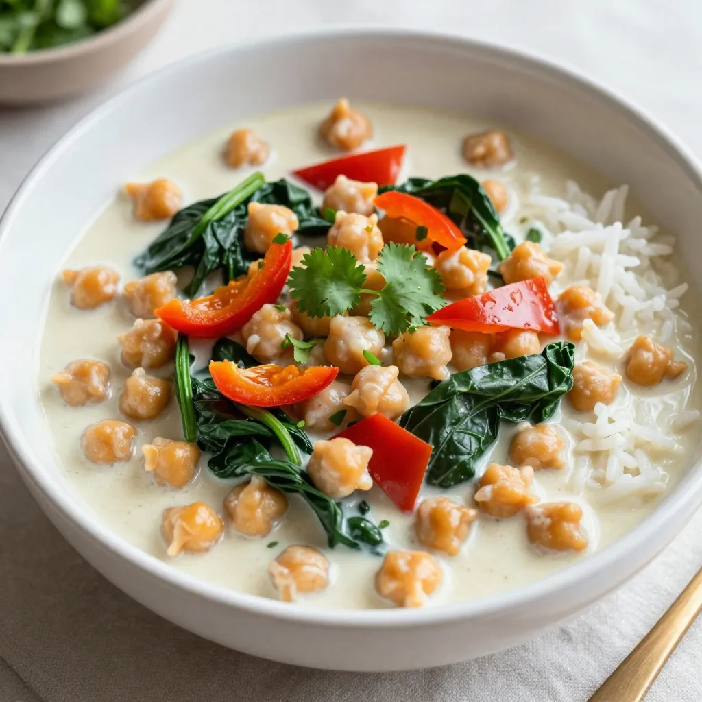 To make creamy coconut curry chickpeas, you need these key items: - 1 can (15 oz) chickpeas, drained and rinsed - 1 cup coconut milk - 1 tablespoon coconut oil - 1 onion, diced - 2 garlic cloves, minced - 1 inch ginger, grated - 1 bell pepper (red or yellow), chopped - 1 cup spinach, fresh or frozen These ingredients create a rich, creamy flavor. The chickpeas bring protein, while the coconut milk adds smoothness. Aromatics like onion, garlic, and ginger build a base of taste. The bell pepper adds sweetness, and spinach gives color and nutrients. For the perfect blend of flavors, you need: - 2 tablespoons curry powder - 1 teaspoon ground cumin - 1 teaspoon turmeric - Salt and pepper to taste These spices bring warmth and depth to the dish. Curry powder is the star, with its mix of spices. Cumin adds an earthy note, and turmeric brightens the color. Salt and pepper balance the flavors perfectly. To finish your dish, consider these options: - Fresh cilantro, for garnish - Cooked rice or quinoa, for serving Garnishing with cilantro adds a fresh touch. Serving it over rice or quinoa makes a filling meal. You can also pair it with naan for a fun twist. {{ingredient_image_1}} 1. Start by heating coconut oil in a large skillet over medium heat. 2. Add the diced onion and sauté for about 5 minutes. You want it to look clear. 3. Next, stir in the minced garlic and grated ginger. Cook for 1 more minute. 4. Now, add the chopped bell pepper. Cook this for 3-4 minutes until it softens a bit. 1. Sprinkle in the curry powder, ground cumin, and turmeric. Mix well to coat the veggies. 2. Sauté the spices for 1-2 minutes. This step brings out their rich flavors. 3. Pour in the coconut milk and add the drained chickpeas. Stir until everything is mixed. 1. Bring the mix to a gentle simmer. Let it cook for about 10 minutes. This allows all the flavors to blend. 2. If using frozen spinach, add it now. Stir until it thaws out. If using fresh spinach, add it a few minutes before serving. You want it to wilt nicely. 3. Season the curry with salt and pepper to your taste. Adjust anything as needed. 4. Serve this warm over cooked rice or quinoa. Don’t forget to garnish with fresh cilantro! - Sautéing for maximum flavor: Start by heating coconut oil in your skillet. Add diced onion first. Sauté until it turns soft and clear. This step builds a strong base for your dish. Next, add minced garlic and grated ginger. Cook for just one minute. This brings out their rich aromas. Finally, mix in chopped bell pepper. Cook for a few minutes until it softens. This method layers flavors beautifully. - Adjusting spice levels to taste: You can change the spice level to fit your taste. If you like it spicy, add more curry powder. Start with a little and taste as you go. For a milder dish, reduce the amount of spices. You can also add a pinch of sugar to balance the heat. Remember, cooking is about what you enjoy! - Alternative vegetables: Feel free to swap vegetables based on what you have. Zucchini or carrots work great. You can also use peas or green beans. These will add different textures and flavors. - Dairy-free options beyond coconut: If you want another creaminess, try using almond milk or cashew cream. They provide a nice flavor without dairy. You can also blend soaked cashews with water for a thick, creamy alternative. - Best side dishes for pairing: This curry goes well with cooked rice or quinoa. They soak up the delicious sauce. You can also serve it with naan bread for a fun twist. - Presentation ideas for serving: For a beautiful presentation, use a wide bowl. Spoon the curry over rice or quinoa. Top with fresh cilantro for a pop of color. You can also sprinkle some crushed red pepper for heat. This makes the dish look as good as it tastes! Pro Tips Use Fresh Spices: Fresh spices enhance the flavor of your curry. Always check the expiration date of your spices for the best taste. Adjust Creaminess: For a creamier texture, add more coconut milk or a splash of vegetable broth to the curry. Customize Veggies: Feel free to add other vegetables like zucchini or cauliflower for added nutrition and flavor. Serve with a Side: Pair the curry with naan or a fresh salad for a complete meal experience. {{image_2}} You can easily switch the protein in this dish. Adding tofu makes a great vegan option. Just cube firm tofu and sauté it with the onions. It absorbs the flavors well. If you want meat, chicken works nicely too. Cut it into bite-sized pieces and cook it until golden. You can also swap chickpeas for lentils. Use red or green lentils for a different texture and flavor. They cook faster and add a nice twist. To brighten the taste, try adding lime or lemon juice. A squeeze just before serving will lift the flavors. You can also use different curry pastes. Red, green, or yellow curry pastes each bring unique flavors. Experiment with what you have on hand. This way, you can find your favorite mix. Seasonal vegetables can change the feel of the dish. In summer, add zucchini or corn for a fresh touch. In winter, root vegetables like carrots or sweet potatoes work well. They add heartiness and warmth. This recipe is flexible enough to fit any season. Just adapt the veggies to what is fresh and available. Creamy coconut curry chickpeas last about 4 to 5 days in the fridge. Store them in an airtight container. This keeps the flavors fresh and prevents spills. When you reheat, heat only what you need. This way, the leftovers stay tasty longer. You can freeze creamy coconut curry chickpeas for up to three months. To freeze, let the dish cool completely. Then, place it in a freezer-safe container. Make sure to leave some space at the top, as the curry may expand. To thaw, move it to the fridge overnight. For reheating, use the stove or microwave until it’s hot throughout. If you want to prepare in advance, cook the curry and store it in portions. Use small containers for easy meals. You can also chop your vegetables ahead of time. This cuts down on cooking time when you're ready to eat. Enjoying this dish throughout the week becomes simple and fun! Can I make this recipe vegan? Yes, this recipe is already vegan! It uses coconut milk and chickpeas, which are plant-based. You can enjoy this dish without any animal products. What can I use instead of coconut milk? If you need a substitute, try almond milk or cashew cream. These options will change the flavor a bit but still work well in the recipe. Is this recipe gluten-free? Yes, this recipe is gluten-free. Chickpeas and coconut milk do not contain gluten. Always check labels if you have a gluten allergy. Nutritional breakdown of chickpeas Chickpeas are packed with protein, fiber, and vitamins. A one-cup serving has about 15 grams of protein and 12 grams of fiber. They support heart health and digestion. Can I use dried chickpeas instead of canned? Yes, you can use dried chickpeas! Just soak them overnight and cook them until tender before adding to the dish. It takes more time, but they will taste great. What spice brands are recommended for curry powder? I like to use brands like McCormick or Simply Organic. They offer quality spices that have great flavor. Always check the freshness of your spices for the best taste. This blog post covers a delicious coconut curry chickpea recipe. We explored key ingredients, like chickpeas and coconut milk, along with essential spices and herbs. I shared step-by-step instructions for making the dish, including tips for flavor and variations. Overall, this recipe is simple and adaptable. You can customize it to fit your taste and preferences. Enjoy cooking and sharing this healthy, tasty meal with family and friends!