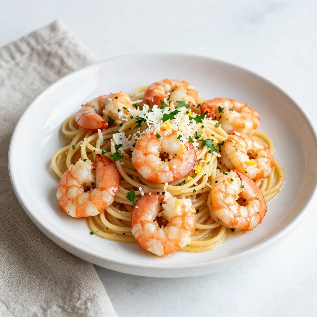 - 8 ounces linguine pasta - 1 pound large shrimp, peeled and deveined - 4 tablespoons unsalted butter - 3 cloves garlic, minced - 1/4 teaspoon red pepper flakes - 2 tablespoons lemon juice - 1 tablespoon lemon zest - 1/4 cup fresh parsley, chopped - Salt and pepper to taste To make Shrimp Scampi Linguine, you need fresh ingredients. Start with linguine pasta. This type of pasta is perfect for catching the sauce. Use large shrimp that are peeled and deveined. These shrimp cook quickly and taste great. Garlic and butter add rich flavor. The red pepper flakes give a nice kick. - Grated Parmesan cheese - Extra parsley for garnish For a tasty finish, add grated Parmesan cheese. It melts beautifully over the hot linguine. Extra parsley adds color and freshness. These toppings make the dish even better. - Salt, pepper, and red pepper flakes - Lemon juice and zest Don't forget to have salt and pepper ready. They enhance the taste. Red pepper flakes add heat, so adjust to your liking. Lemon juice and zest brighten the dish. The acidity cuts through the richness, making each bite refreshing. {{ingredient_image_1}} To cook the linguine, first, get a large pot. Fill it with water and add salt. The salt makes the pasta taste better. Bring the water to a boil. Once boiling, add the linguine. Cook it according to the package instructions. You want it to be al dente, which means it should be firm but not hard. This usually takes about 8 to 10 minutes. After cooking, drain the linguine but keep about half a cup of the pasta water. This water can help the sauce later. Now, let’s prepare the shrimp. Take a large skillet and place it over medium heat. Add the unsalted butter and let it melt. Then, add the minced garlic. Stir it for about one minute until it smells good, but don’t let it burn. Next, add the shrimp to the skillet. Season them with salt, pepper, and red pepper flakes. Cook the shrimp for about 2 to 3 minutes on each side. They should turn pink and opaque when done. This shows they are cooked through. Once the shrimp are ready, it's time to combine everything. Stir in the lemon juice and lemon zest. Then, add the cooked linguine to the skillet. Toss everything together. If the sauce looks too dry, add some of the reserved pasta water. Do this a little at a time until you reach the sauce consistency you like. Finally, remove the skillet from heat and fold in the chopped parsley. Taste and adjust the seasoning with more salt or pepper if needed. Enjoy your delicious shrimp scampi linguine! To avoid rubbery shrimp, cook them just right. Shrimp cook fast. They only need about 2-3 minutes on each side. When they turn pink and opaque, they are done. Overcooking makes them tough. Keep an eye on them while they cook. For the best seasoning, use fresh garlic and herbs. Add salt and pepper to taste. Red pepper flakes bring a nice kick. If you want more flavor, try adding lemon juice or zest. These brighten the dish. To boost the flavor, consider adding fresh herbs. Basil, thyme, or dill work well in shrimp scampi. They add depth and freshness. You can also use white wine or broth for more complexity. A splash of white wine adds a nice touch. It enhances the sauce and pairs well with shrimp. Using a skillet is great for shrimp scampi. It allows even cooking and quick preparation. The heat from the skillet helps blend the flavors fast. If you have a non-stick skillet, use it. It makes clean-up easier. Timing is key in preparation. Have all your ingredients ready before starting. This way, you can cook everything smoothly. The quicker you combine the shrimp and pasta, the better the dish will taste. Pro Tips Use Fresh Shrimp: For the best flavor and texture, opt for fresh shrimp instead of frozen. If using frozen, ensure they are properly thawed before cooking. Don’t Overcook the Shrimp: Shrimp cook quickly; overcooking can make them tough. Look for them to turn pink and opaque, which usually takes 2-3 minutes per side. Adjust the Spice Level: Feel free to modify the amount of red pepper flakes based on your spice preference. You can also add a pinch of cayenne for extra heat! Save Pasta Water: The reserved pasta water is starchy and will help to thicken your sauce. Add it gradually until you reach the desired consistency. {{image_2}} You can switch the shrimp for scallops or chicken. Scallops offer a sweet, tender bite. They cook quickly, just like shrimp. If you use chicken, cut it into small pieces. Cook until golden brown. This keeps it juicy. For a vegetarian twist, try using mushrooms or zucchini. Both soak up flavors well. You can also use plant-based shrimp for a similar taste and texture. These options make the dish fun for everyone. To enhance the taste, add spices or different herbs. A pinch of smoked paprika adds warmth. Fresh basil can bring a bright flavor. Try using thyme for a woodsy touch. Each herb changes the dish’s vibe. You can also swap linguine for other pasta types. Fettuccine or penne works well, too. Gluten-free pasta is also an option. Use what you like best. This keeps the meal exciting. Pair your shrimp scampi linguine with side dishes. A simple green salad adds a nice crunch. Garlic bread makes a great side, too. It’s perfect for soaking up extra sauce. For plating, twirl the pasta into a nest. This gives it a nice look. Top with shrimp and a sprinkle of parsley. Add a light dusting of cheese for extra flair. A slice of lemon on the side looks great and adds freshness. After enjoying your shrimp scampi linguine, store any leftovers right away. Place it in an airtight container. This keeps it fresh. You can refrigerate the dish for up to three days. If you want to save it longer, freeze it. Wrap it tightly in plastic wrap, then put it in a freezer bag. It can last for up to three months in the freezer. When it's time to eat leftovers, you want them to taste great. The best way to reheat shrimp scampi linguine is on the stove. Heat it in a skillet over medium heat. Add a splash of water or broth to keep it moist. Stir often to avoid burning. If you use a microwave, heat it in short bursts. Check often to prevent overcooking. In the fridge, shrimp scampi linguine stays good for three days. If you freeze it, it can last for up to three months. Signs that your dish is no longer good are off smells, discoloration, or a slimy texture. If you notice any of these, it’s best to toss it out. It takes about 10 minutes to prep and 20 minutes to cook. In total, you need about 30 minutes. This quick time makes it perfect for a weeknight meal. Yes, you can use frozen shrimp. Just thaw them before cooking. Frozen shrimp are often convenient and can taste great. Fresh shrimp do have a better texture and flavor, but both options work well. If you use frozen shrimp, make sure to pat them dry before adding to the skillet. You can use spaghetti, fettuccine, or penne instead of linguine. These pastas will hold the sauce well. For a gluten-free option, you can use rice noodles or gluten-free pasta. These choices will still give you a tasty dish. Shrimp scampi linguine is a tasty dish made with simple ingredients. You learned about cooking linguine, preparing shrimp, and combining flavors. Remember to use fresh herbs and lemon for a pop of taste. You can also try different proteins or pasta types for variety. Store leftovers wisely to keep them fresh longer. Enjoy this dish with friends or family, and get creative with your own twist! Try it out and savor every bite.