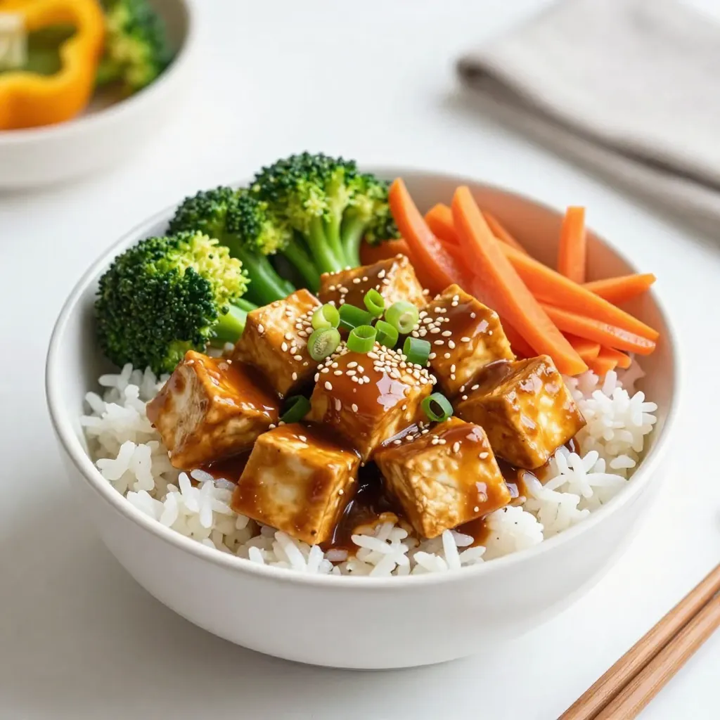 To make Teriyaki Tofu Rice Bowls, gather these key items: - 1 block (14 oz) firm tofu, pressed and cubed - 1 cup jasmine rice - 2 cups vegetable broth (or water) - 1/4 cup soy sauce (low sodium) - 2 tablespoons maple syrup - 1 tablespoon rice vinegar - 1 tablespoon fresh ginger, grated - 2 cloves garlic, minced - 1 tablespoon cornstarch - 2 tablespoons sesame oil - 1 cup broccoli florets - 1 cup bell pepper, sliced (any color) - 1 carrot, julienned - 2 green onions, sliced (for garnish) - Sesame seeds (for garnish) These ingredients come together to create a tasty and nutritious meal. Each one plays a role in building flavor and texture. You will need some basic tools to make this dish: - A sharp knife - A cutting board - Mixing bowls - A saucepan for rice - A skillet for stir-frying - A whisk for mixing marinades - A spatula for stirring Having these tools makes cooking easier and helps ensure great results. To add extra flair to your rice bowls, consider these optional toppings: - Sliced avocado for creaminess - Fresh cilantro for a burst of flavor - Chopped peanuts for crunch - Red pepper flakes for heat These garnishes enhance the dish and let you customize your rice bowls to your taste. {{ingredient_image_1}} Start by pressing the tofu. You want to remove excess moisture. Place the block of tofu on a plate. Put a heavy object on top, like a skillet. Let it sit for at least 15 minutes. This step makes the tofu crispier. After pressing, cut the tofu into 1-inch cubes. In a bowl, mix soy sauce, maple syrup, rice vinegar, ginger, and garlic. Whisk these ingredients until they blend well. Add the cubed tofu to the bowl. Make sure all the pieces are covered. Let the tofu marinate for 15-20 minutes. This adds great flavor. Rinse the jasmine rice under cold water. Do this until the water runs clear. In a saucepan, combine the rice and vegetable broth or water. Bring it to a boil over high heat. Once boiling, reduce the heat to low. Cover and simmer for about 15 minutes. The rice is done when the liquid is absorbed. While the rice cooks, heat sesame oil in a skillet over medium heat. Add the broccoli florets, bell pepper slices, and julienned carrot. Stir-fry these veggies for 5-7 minutes. You want them tender yet crisp. This keeps the colors bright and flavors fresh. In a separate skillet, add the marinated tofu and its sauce. Cook over medium heat for 7-10 minutes. Stir occasionally until the tofu turns golden brown. In a small bowl, mix cornstarch with 2 tablespoons of water to create a slurry. Add this to the tofu mixture. Cook for another 2-3 minutes to thicken the sauce. Once the rice is cooked, fluff it with a fork. Divide the rice into serving bowls. Top each bowl with the stir-fried vegetables and glazed tofu. For the finishing touch, add sliced green onions and a sprinkle of sesame seeds. This adds crunch and flavor. Enjoy your delicious teriyaki tofu rice bowls! Tofu can be watery, which makes it hard to cook. Pressing it helps remove extra moisture. Here’s how to do it: - Wrap the tofu block in a clean kitchen towel. - Place it on a plate and add a heavy object on top. A cast-iron pan works well. - Let it sit for at least 15 minutes. If you have more time, let it press longer. - After pressing, cut the tofu into 1-inch cubes for a great texture and taste. To make the teriyaki sauce just right, play with the ingredients: - Start with low-sodium soy sauce to keep the dish healthy. - Add maple syrup for sweetness. Use more or less based on your taste. - Grated ginger adds freshness. If you like spice, add a bit more. - Rice vinegar gives a nice tang. Adjust the amount to fit your palate. - If you want a thicker sauce, mix cornstarch with water and add it to the pan. Leftovers are great for quick meals. Here’s how to store and reheat: - Let rice bowls cool down before storing them in airtight containers. - Keep the tofu and vegetables separate to maintain their texture. - Refrigerate for up to 3 days. For longer storage, freeze the tofu mixture. - To reheat, use a microwave or skillet. Add a splash of water to keep it moist. - Stir well to heat evenly. Enjoy your quick meal! Pro Tips Press the Tofu Well: Make sure to press the tofu for at least 15-20 minutes to remove as much moisture as possible. This ensures the tofu absorbs more flavor and becomes crispy when cooked. Customize Your Vegetables: Feel free to swap out the vegetables for your favorites or whatever is in season. Zucchini, snap peas, or mushrooms can make great additions! Adjust the Sweetness: If you prefer a sweeter teriyaki sauce, add an extra tablespoon of maple syrup. For a saltier flavor, a touch more soy sauce will do the trick. Garnish for Extra Flavor: Don't skip the green onions and sesame seeds! They add a wonderful crunch and enhance the overall flavor of your dish. {{image_2}} If you want to switch things up, try tempeh or seitan. Both have great texture. Tempeh adds nutty flavors, while seitan mimics meat. You could also use chickpeas for a protein-rich option. Just cook them as you would the tofu, marinating them in the same sauce. The beauty of these rice bowls lies in their flexibility. You can use any veggies you enjoy. Zucchini, snap peas, or mushrooms work well. Just cut them into bite-sized pieces. Cook them in the same way as the broccoli and bell peppers. This allows you to customize the bowl to your taste. While jasmine rice is delicious, you can try other grains, too. Quinoa or brown rice add more fiber. You can even use cauliflower rice for a low-carb option. Serve the tofu and veggies on top for a colorful, healthy meal. To store your Teriyaki Tofu Rice Bowls, let them cool first. Use airtight containers. Place rice, tofu, and veggies in separate sections. This keeps everything fresh. You can also mix them but note that the rice can get soggy. If you want to freeze your bowls, it’s best to freeze the tofu and rice separately. Store them in freezer-safe bags. Make sure to push out all the air. When you want to enjoy them, thaw in the fridge overnight. Reheat in the microwave or on the stove. Your Teriyaki Tofu Rice Bowls will last in the fridge for up to four days. After that, they may lose their flavor and texture. Always check for signs of spoilage before eating. If it smells off or looks strange, throw it away. Yes, you can make this dish gluten-free. Use tamari instead of soy sauce. Tamari is a great gluten-free alternative and works well in this recipe. Always check labels for hidden gluten in sauces and broths. You can try hoisin sauce for a sweet flavor. Alternatively, use a spicy chili sauce for heat. Both options can add a twist to your rice bowls. Adding protein is easy! You can mix in cooked chicken, shrimp, or even chickpeas. Just stir them in with the tofu or serve them on top. Yes, you can prep most of this dish ahead of time. Cook the rice and veggies, then store them separately. Reheat and add the tofu before serving for fresh warmth. Try serving these bowls with a simple cucumber salad. Edamame or steamed dumplings also make great sides. They add color and flavor to your meal. This blog post covered making Teriyaki Tofu Rice Bowls. I shared important ingredients, tools, and optional toppings. You learned step-by-step how to prepare, marinate, and cook tofu and vegetables. I also offered tips for better flavor and storage. You can customize this dish with different veggies or grains. It’s a fun and easy meal. Try these ideas to suit your taste, and enjoy your cooking!