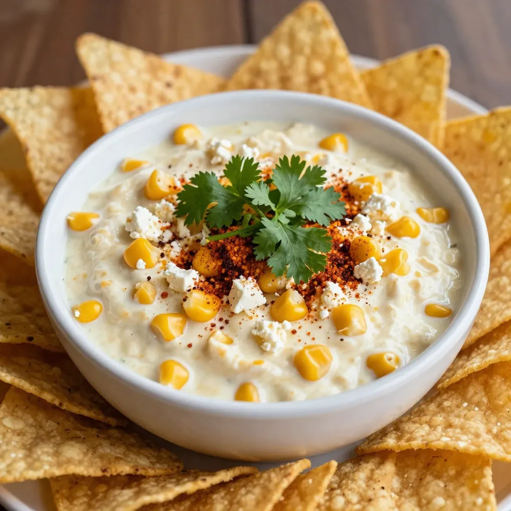 - 4 cups fresh corn kernels (about 6-7 ears of corn, or you can use frozen corn) - 1 cup cream cheese, softened - 1 cup sour cream - 1 cup cotija cheese, crumbled (or feta) - 1/2 cup mayonnaise - 1 lime, juiced - 1 teaspoon chili powder - 1/2 teaspoon smoked paprika - 1/4 teaspoon cumin - Salt and pepper to taste - 1/4 cup fresh cilantro, chopped (optional for garnish) - Tortilla chips, for serving - Fresh corn: Around 6-7 ears give you about 4 cups. - Cream cheese: One cup, softened, makes it easy to mix. - Sour cream: One cup adds creaminess. - Cotija cheese: One cup, crumbled, brings great flavor. - Mayonnaise: A half cup gives a nice tang. - Lime: One lime, juiced, adds freshness. - Chili powder: One teaspoon adds spice. - Smoked paprika: A half teaspoon gives a smoky taste. - Cumin: A quarter teaspoon adds warmth. - Salt and pepper: To taste, for seasoning. - Fresh cilantro: About a quarter cup, optional for garnish. - Tortilla chips: For dipping. - You can use frozen corn if fresh is not available. Thaw it before using. - If you cannot find cotija cheese, feta cheese works well too. - For a lighter dip, use Greek yogurt instead of sour cream. - You can skip the mayonnaise if you want a more cheese-focused dip. - If you like it spicy, add diced jalapeños or more chili powder. {{ingredient_image_1}} First, you need to get your corn ready. If you use fresh corn, grill the ears over medium heat. Grill for about 10 to 12 minutes. Turn them so each side gets a nice char. This step adds great flavor. Let them cool down. Then, cut the kernels off the cob. If you have frozen corn, just thaw it. No grilling needed! Next, grab a large mixing bowl. Add the softened cream cheese, sour cream, and mayonnaise. Mix these until they are smooth and well blended. It should look creamy. Now, add your corn kernels to this mixture. Then, sprinkle in the crumbled cotija cheese. Squeeze in the lime juice. Add the chili powder, smoked paprika, and cumin. Stir everything together until it’s fully combined. Don’t forget to taste it! Add salt and pepper as needed to make it perfect. Once mixed, transfer your dip to a serving dish. Cover it and chill in the fridge for at least 30 minutes to 1 hour. Chilling helps the flavors blend. Before serving, you can sprinkle some chopped cilantro on top if you like. Serve it with tortilla chips for dipping. Enjoy your tasty Cheesy Mexican Street Corn Dip! To boost the flavors in your cheesy Mexican street corn dip, consider these tips. Use fresh lime juice for a zesty kick. It brightens the taste and adds freshness. Add a pinch of cayenne pepper for heat. This simple change can take your dip to the next level. You can also mix in some roasted garlic for depth. It adds a rich, savory note that pairs well with the corn. Getting the right texture is key. For a creamier dip, blend the cream cheese, sour cream, and mayonnaise well. Make sure there are no lumps. If you like it chunkier, leave more corn kernels whole. This will add texture and give it a nice bite. Consider folding in the cotija cheese gently. This keeps its crumbly texture, adding to the overall experience. When it’s time to serve, think about presentation. Use a colorful bowl to make your dip stand out. You can garnish it with extra corn kernels and cilantro for a fresh look. Surround the bowl with tortilla chips for easy access. Consider adding some sliced jalapeños on the side for those who want extra heat. Enjoy your dip at parties or family gatherings. It’s always a hit! Pro Tips Use Fresh Corn: If possible, opt for fresh corn on the cob for the best flavor and texture. Grilling the corn adds a delicious smoky note that enhances the dip. Chill Before Serving: Allow the dip to chill in the refrigerator for at least 30 minutes. This resting time allows the flavors to meld together, resulting in a more delicious dip. Customize the Spice Level: Adjust the amount of chili powder and smoked paprika according to your heat preference. For extra heat, consider adding diced jalapeños or a dash of hot sauce. Presentation Matters: Serve the dip in a colorful bowl and garnish with extra corn kernels and fresh cilantro. Adding a platter of tortilla chips around the dip makes it visually appealing and inviting for guests. {{image_2}} If you like heat, add diced jalapeños or hot sauce. Mix about one to two tablespoons of diced jalapeños into the dip. You can also drizzle hot sauce on top before serving. This gives a nice kick without losing the dip’s creamy texture. Pair it with tortilla chips for a spicy crunch. To make the dip vegetarian, just skip the meat. For vegan options, use vegan cream cheese and sour cream. Replace cotija cheese with a vegan cheese alternative. You can also use nutritional yeast for a cheesy flavor. This way, everyone can enjoy the dip without losing taste. While cotija cheese adds a unique flavor, you can try other cheeses. Feta cheese works well if cotija is hard to find. Creamy mozzarella gives a milder taste. For a rich flavor, use sharp cheddar. Mixing different cheeses can bring new depth to your dip. Just remember to balance strong flavors with creamy ones for the best result. To store leftovers of your cheesy Mexican street corn dip, place it in an airtight container. Ensure the lid is sealed tight to keep the dip fresh. Store it in the fridge. It can last up to three days. Always check for any signs of spoilage before eating. You can freeze this dip if you want to save it for later. First, let the dip cool completely. Then, transfer it to a freezer-safe container. Leave some space at the top, as the dip may expand when frozen. It can stay good for up to three months. When you're ready to enjoy it, thaw it in the fridge overnight. To reheat the dip, scoop it into an oven-safe dish. Cover it with aluminum foil to keep moisture in. Heat it at 350°F (175°C) for about 20 minutes. Stir occasionally to ensure even heating. You can also use the microwave. Heat it in short bursts, stirring in between. This method works well if you want a quick snack. Yes, you can use canned corn. It saves time and still tastes good. Just drain and rinse the corn before adding it to your dip. Fresh corn has a great crunch, but canned corn works well in a pinch. The dip stays fresh for about 3 to 5 days in the fridge. Keep it in a tight container to keep the flavors strong. If you notice any change in smell or texture, toss it out. Tortilla chips are a classic choice. They add a nice crunch. You can also serve it with fresh veggies like cucumber or bell peppers. For a fun twist, use pita chips or toasted bread. This article covered how to make Cheesy Mexican Street Corn Dip. We looked at ingredients, steps, and tips to create a tasty treat. You can try different flavors and add your twist with variations. I shared how to store leftovers and answer common questions. In the end, this dip is easy to make and fun to share. Enjoy your cooking and impress your friends with this delicious dip!