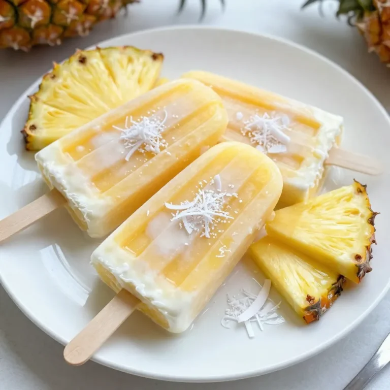- 2 cups fresh pineapple, diced - 1 cup coconut milk (full-fat for creaminess) - 1/2 cup sweetened shredded coconut - 1/4 cup honey or agave syrup (adjust based on sweetness of pineapple) - Juice of 1 lime - Pinch of salt Using fresh pineapple is key. It gives a bright, sweet flavor that shines. The juice enhances the taste. When choosing coconut milk, go for full-fat for a creamier bite. Light coconut milk may lose richness. Adjust sweetness to your liking. If your pineapple is very sweet, use less honey or agave. If it’s tart, add more sweetener. Always taste your mix before pouring it into molds. This step ensures your pops are just right. Remember, the right balance makes these popsicles a refreshing treat. {{ingredient_image_1}} - Blending the base mixture Start by placing the diced pineapple in a blender. Add the coconut milk, honey or agave syrup, lime juice, and a pinch of salt. Blend until the mixture is smooth and creamy. This blend creates a rich flavor. - Adjusting sweetness to taste After blending, taste the mixture. If it’s not sweet enough, add a bit more honey or agave syrup. Blend again briefly to mix in the sweetness. Remember, ripe pineapples can be sweet, so adjust carefully. - Incorporating shredded coconut Once your base is ready, add the sweetened shredded coconut. Stir gently with a spoon. You want to keep the coconut pieces whole for texture. This adds a nice chew to your popsicles. - Pouring into molds Carefully pour the mixture into your popsicle molds. Fill them about three-quarters full. This gives space for the popsicles to expand as they freeze. - Inserting popsicle sticks Once filled, place the popsicle sticks in the center of each mold. Make sure they stand up straight. This allows for easy holding when frozen. - Freezing duration for optimal texture Place the molds in the freezer. Let them freeze for at least 4 to 6 hours. This ensures they are solid and ready to enjoy on a hot day. - Running warm water technique To remove the popsicles, run warm water over the outside of the molds for a few seconds. This helps loosen the popsicles without melting them. - Best methods to avoid breakage Gently pull the popsicles out of the molds. If they resist, run the warm water a bit longer. Be careful to avoid breaking the popsicles during this step. Enjoy your refreshing treat! Creaminess is key for pineapple coconut popsicles. Use full-fat coconut milk for the best results. This milk gives the popsicles a rich, smooth texture. When blending, keep these tips in mind: - Blend Well: Make sure to blend the ingredients until smooth. This helps mix everything perfectly. - Check for Clumps: If you see any bits or clumps, blend again. You want a creamy finish. To make your popsicles even tastier, try adding other fruits. For example, mango or banana can add a fun twist. You can also try herbs and spices. A little mint or ginger can give a nice kick. Here are some ideas: - Mix Fruits: Blend in some ripe mango or strawberries for added flavor. - Herbs and Spices: Add a pinch of cinnamon or fresh mint for a unique taste. How you serve these popsicles can make them even more fun. Here are some creative ideas: - Presentation: Place the popsicles on a wooden board. Add fresh pineapple slices and a sprinkle of shredded coconut for color. - Drink Pairing: Serve with a refreshing coconut water or a tropical juice. This will enhance the summer vibe. Pro Tips Use Ripe Pineapple: Ensure your pineapple is perfectly ripe for the sweetest flavor. Look for a golden color and a fragrant smell. Customize the Sweetness: Adjust the amount of honey or agave syrup based on the natural sweetness of your pineapple to achieve your desired flavor. Experiment with Flavors: Feel free to add other fruits like mango or strawberries to the mixture for a fun twist on the classic recipe. Storage Tips: Store leftover popsicles in an airtight container in the freezer to prevent freezer burn and maintain their delicious taste. {{image_2}} You can use maple syrup or stevia instead of honey. Maple syrup adds a warm flavor. Stevia is much sweeter, so use less. Each sweetener changes the taste a bit. Experiment to find your favorite. For those avoiding dairy, use coconut alternatives. Almond milk or oat milk work well too. They add a different texture. You can blend them with pineapple for a creamy treat. To make these popsicles even better, try adding mango or passion fruit. These fruits bring a new level of sweetness. You can layer flavors by blending different fruits. This creates a fun twist to your popsicles. Enjoy mixing and matching! - Freeze popsicles in airtight containers or freezer bags. - Keep them at the back of the freezer for the best chill. - To avoid freezer burn, ensure no air is in your storage. - Don’t leave popsicles in the freezer for too long. - You can store popsicles for up to 3 months. - If they develop ice crystals, it's a sign of spoilage. - Watch for off smells or a change in taste as well. - To thaw, run warm water over the outside of the mold. - This helps loosen the popsicle without sogginess. - Avoid leaving them out at room temperature too long. - Enjoy them as soon as they are easy to remove. It takes about 4 to 6 hours for these popsicles to freeze completely. I recommend leaving them in the freezer overnight for best results. This way, they become solid and perfect for a hot day. Yes, you can use canned pineapple. Canned pineapple offers convenience and is often sweeter. However, fresh pineapple has a better texture and flavor. Be sure to check the label for added sugars in canned versions. If your popsicles are stuck, run warm water over the outside of the molds. This helps loosen the popsicles. Be gentle when pulling them out to avoid breaking. If they still won’t budge, let them sit at room temperature for a few minutes. You can make these popsicles without added sweetener. Use very ripe pineapple for natural sweetness. Adding a squeeze of lime can also enhance the flavor without sugar. Taste the mixture to ensure it still has a good balance. You can make delicious pineapple coconut popsicles using simple, fresh ingredients. We discussed how to blend the base, adjust sweetness, and achieve a great texture. I shared tips for creative flavor pairings and how to store popsicles for the best results. Remember, you can customize these treats to fit your taste. Enjoy experimenting with fruits and sweeteners to find your perfect blend. These popsicles are easy, fun, and a tasty way to cool off!