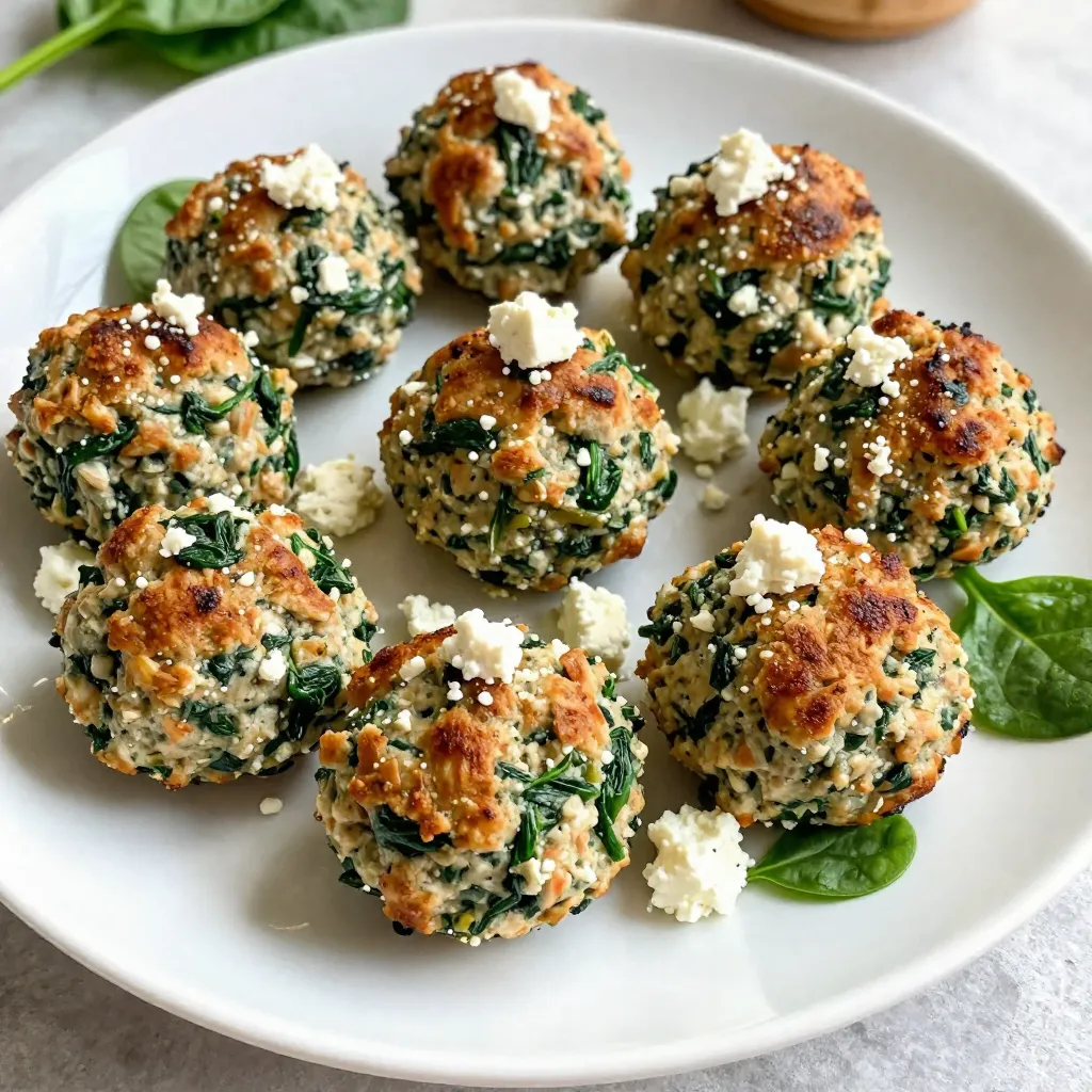 To make Spinach Feta Turkey Meatballs, you need the following items: - 1 pound ground turkey - 1 cup fresh spinach, chopped - 1/2 cup feta cheese, crumbled - 1/4 cup breadcrumbs - 1/4 cup grated Parmesan cheese - 1 egg - 2 cloves garlic, minced - 1 teaspoon dried oregano - 1 teaspoon dried basil - Salt and pepper to taste - Olive oil, for pan frying These ingredients come together to create a tasty and healthy dish. The turkey offers lean protein, while spinach adds vitamins. Feta cheese gives a rich flavor that pairs well with the herbs. You can add extra flavor or change the texture of your meatballs. Here are some ideas: - Fresh herbs like parsley or cilantro - Red pepper flakes for a spicy kick - Chopped onion for added moisture - Grated zucchini or carrot for extra veggies Feel free to mix and match these options based on your taste. They all create different flavors and textures. Each serving of Spinach Feta Turkey Meatballs offers a balanced meal. Here’s a quick look at the nutrition per serving: - Calories: Approximately 250 - Protein: 25g - Carbohydrates: 10g - Fat: 12g These meatballs are a great choice for a healthy dinner. They are low in carbs and high in protein, making them suitable for many diets. Enjoy making these with family or friends for a delightful meal! {{ingredient_image_1}} To start, grab a large mixing bowl. Add 1 pound of ground turkey. Next, toss in 1 cup of chopped fresh spinach. Then, sprinkle in 1/2 cup of crumbled feta cheese. Add 1/4 cup of breadcrumbs and 1/4 cup of grated Parmesan cheese. Don’t forget to crack in 1 egg. Now, add 2 cloves of minced garlic, 1 teaspoon of dried oregano, and 1 teaspoon of dried basil. Finally, season with salt and pepper to taste. Using your hands works best for mixing. This helps combine everything evenly. You want a well-blended mixture that holds together well. Now it’s time to shape your meatballs. Take a handful of the turkey mixture. Roll it into a ball, about the size of a golf ball. This size cooks evenly. Place the shaped meatballs on a plate. Make sure they don’t touch. This helps them keep their shape while cooking. Next, heat a large skillet over medium heat. Add a drizzle of olive oil. Wait until the oil is hot. Place the meatballs in the skillet in batches. Don’t overcrowd the pan. This helps them brown nicely. Cook for about 8 to 10 minutes. Turn them occasionally to brown all sides. Use a meat thermometer to check the temperature. They should reach 165°F to be safe to eat. When done, remove the meatballs from the skillet. Place them on a paper towel to absorb extra oil. This keeps them from being greasy. To cook turkey meatballs well, start with fresh ingredients. Use a good quality ground turkey. Mix in chopped spinach and crumbled feta for flavor. I always add breadcrumbs to help bind the meatballs. This keeps them moist and fluffy. Use your hands to mix everything. This ensures even flavor in every bite. To avoid dry meatballs, do not overcook them. Keep an eye on the skillet. Cook them for about 8-10 minutes. Check the internal temperature; it should reach 165°F. You can also add an egg. It helps to keep the meatballs moist. If you want extra flavor, try adding more feta or a splash of olive oil to the mix. Having the right tools makes cooking easier. Here are some I recommend: - Large mixing bowl: For combining all ingredients well. - Skillet: A non-stick skillet works best for even cooking. - Meatball scoop: This helps shape uniform meatballs. - Instant-read thermometer: To check if your meatballs are cooked through. - Paper towels: Use these to drain excess oil after cooking. These tools make the process smooth and fun! Happy cooking! Pro Tips Keep It Moist: To ensure your meatballs stay juicy, avoid overmixing the turkey mixture. Just combine until everything is incorporated. Chill Before Cooking: Refrigerate the shaped meatballs for about 30 minutes before frying. This helps them hold their shape better while cooking. Use a Meat Thermometer: To ensure perfect doneness, use a meat thermometer to check that the internal temperature of the meatballs reaches 165°F. Flavor Variations: Experiment with different herbs and spices, such as adding red pepper flakes for heat or fresh herbs for a vibrant flavor boost. {{image_2}} You can swap ingredients to suit your taste. For ground turkey, try ground chicken. It offers a similar texture and flavor. You may also use ground beef for a richer taste. If feta cheese is not your favorite, use goat cheese instead. It adds a tangy twist to the meatballs. For breadcrumbs, try using oats or crushed crackers. They work well and keep the meatballs moist. Baking and pan-frying both work for these meatballs. Pan-frying gives a nice golden crust. It also adds flavor from the oil. Bake them for a healthier option. Baking keeps them moist without extra fat. Preheat the oven to 400°F if you choose to bake. Arrange the meatballs on a baking sheet and cook for 20-25 minutes. Both methods yield tasty results, so pick your style! You can boost the flavors with some simple add-ins. Try adding diced onions for sweetness. Fresh herbs like parsley or cilantro can brighten the dish. A pinch of red pepper flakes adds a little heat. For extra flavor, mix in some lemon zest. It gives a fresh zing to the meatballs. Experiment with these options to customize your meal! After cooking, let the meatballs cool down. Place them in an airtight container. You can store them in the fridge for up to three days. Remember to label the container with the date. This helps you know when to eat them. Freezing is a great option if you want to keep meatballs longer. First, arrange the cooled meatballs on a baking sheet. Make sure they don’t touch each other. Freeze them for about two hours. Once frozen, transfer them to a freezer-safe bag. They can last up to three months in the freezer. Be sure to label the bag with the date, too. When you’re ready to enjoy your meatballs, reheating is key. For best results, use the oven. Preheat it to 350°F. Place the meatballs on a baking sheet and cover with foil. Heat for about 15 minutes. This method keeps them juicy. You can also reheat them in a skillet over medium heat. Add a splash of stock or sauce to maintain moisture. Enjoy them warm and flavorful! Yes, you can use ground chicken. It will give a lighter taste. Chicken also cooks the same way as turkey. Just keep an eye on the cooking time. You want the meatballs to reach 165°F inside. I love serving these meatballs on a big platter. Sprinkle some extra feta on top. Fresh spinach leaves add a nice touch too. For dips, a fresh tomato sauce or tzatziki pairs perfectly. You can also serve them in a sub with some sauce and veggies. To make these meatballs gluten-free, swap regular breadcrumbs for gluten-free ones. You can also use crushed gluten-free crackers. Check the labels to ensure they are truly gluten-free. This way, everyone can enjoy these tasty meatballs without worry. These Spinach Feta Turkey Meatballs are simple to make. We covered the key ingredients, preparation steps, and cooking tips. Understanding variations and proper storage helps you enjoy them longer. For extra flavor, try different herbs or spices. Remember to avoid dry meatballs by mixing properly and cooking them right. With these tips, you will create tasty, healthy meals every time. Keep experimenting to find what you love best!