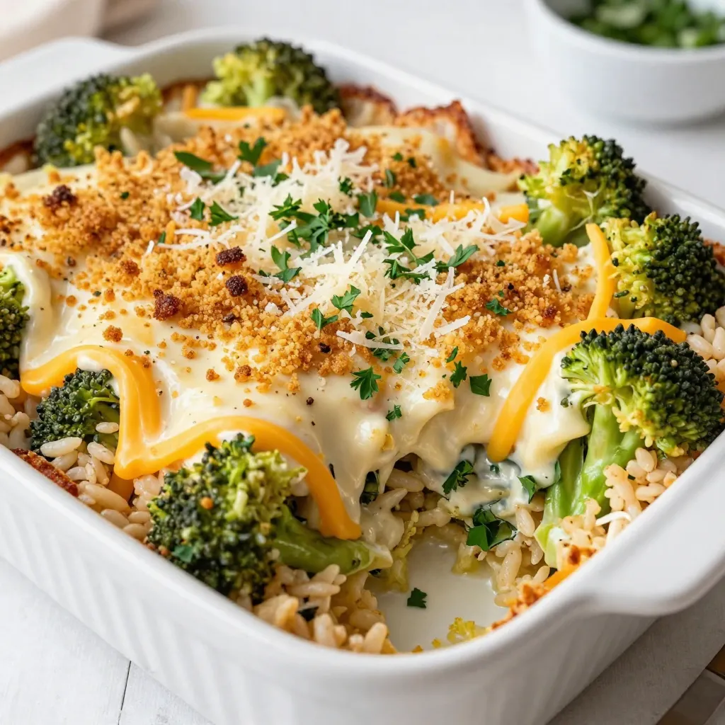 To make a tasty Cheesy Broccoli Rice Casserole, you will need: - 1 cup uncooked brown rice - 2 cups vegetable broth - 4 cups fresh broccoli florets - 1 cup sharp cheddar cheese, shredded - 1 cup cream of mushroom soup - 1/2 cup milk - 1/2 teaspoon garlic powder - 1/2 teaspoon onion powder - 1/4 teaspoon black pepper - 1/4 teaspoon salt - 1/2 cup breadcrumbs - 2 tablespoons olive oil - 1/4 cup Parmesan cheese, grated - Fresh parsley, chopped You can swap ingredients based on your taste or diet. Here are some ideas: - Use white rice if you don't have brown rice. - Chicken broth works well instead of vegetable broth. - Swap the cream of mushroom soup with cream of chicken soup for a different flavor. - For a dairy-free option, use a plant-based cheese and milk. - Whole wheat breadcrumbs can replace regular breadcrumbs for extra fiber. This casserole serves about six people. Each serving has: - Calories: approximately 350 - Protein: 12g - Carbohydrates: 45g - Fat: 15g - Fiber: 4g - Sodium: 400mg This dish is not only delicious but also offers good nutrition. You get fiber from the broccoli and rice, plus protein from the cheese. Enjoy this meal as a main dish or a side! {{ingredient_image_1}} 1. First, preheat your oven to 350°F (175°C). This helps get a nice crust. 2. Grease a 9x13 inch baking dish with olive oil or cooking spray. This keeps the casserole from sticking. 3. In a medium saucepan, bring 2 cups of vegetable broth to a boil. 4. Add 1 cup of uncooked brown rice to the boiling broth. Cover the pot and reduce the heat to low. Let it simmer for about 45 minutes. The rice should be tender and all the liquid absorbed. 5. While the rice cooks, steam 4 cups of fresh broccoli florets. Aim for 5-7 minutes until they turn bright green and tender. Set this aside for later. 1. In a large bowl, mix the cooked rice with the steamed broccoli. 2. Add 1 cup of shredded sharp cheddar cheese, 1 cup of cream of mushroom soup, and 1/2 cup of milk. 3. Sprinkle in 1/2 teaspoon of garlic powder, 1/2 teaspoon of onion powder, 1/4 teaspoon of black pepper, and 1/4 teaspoon of salt. 4. Stir everything together until well mixed. This blend gives the casserole a creamy texture. 1. Pour the rice and broccoli mixture into your greased baking dish. Spread it out evenly. 2. In a small bowl, mix 1/2 cup of breadcrumbs with 2 tablespoons of olive oil and 1/4 cup of grated Parmesan cheese. This will create a crunchy topping. 3. Sprinkle the breadcrumb mix over the casserole. 4. Bake in the preheated oven for 25-30 minutes. Look for a golden brown, bubbly top. 5. After baking, remove the dish from the oven. Let it cool for a few minutes. 6. Garnish with chopped fresh parsley for color and taste. Enjoy your delicious casserole! To make the best cheesy broccoli rice casserole, follow these tips: - Use fresh broccoli florets for better taste and texture. - Cook the brown rice until it is tender. This helps blend flavors. - Mix in the cheese while the rice is warm. It melts better this way. - Add a dash of hot sauce for an extra kick. Here are some common mistakes to watch out for: - Don’t overcook the broccoli. It should be tender but still bright green. - Avoid using too much liquid; too much can make the casserole mushy. - Don’t skip greasing the pan. It helps the casserole not stick. Here are some great ideas for serving your casserole: - Pair it with a simple green salad for freshness. - Serve with grilled chicken or fish for a protein boost. - Top each serving with fresh parsley for color and flavor. - Try adding a side of crusty bread to soak up the cheesy goodness. Pro Tips Use Fresh Broccoli: For the best flavor and texture, opt for fresh broccoli florets rather than frozen. Fresh broccoli retains its vibrant color and crispness after cooking. Experiment with Cheeses: While sharp cheddar adds a nice tang, feel free to mix in other cheeses like Monterey Jack or Gruyère for a unique flavor profile. Make It Ahead: This casserole can be prepared a day in advance. Simply assemble it, cover it tightly, and refrigerate. Bake it the next day, adding a few extra minutes to the cooking time. Add Protein: For a heartier dish, consider adding cooked chicken, turkey, or even chickpeas. This will elevate the casserole to a complete meal. {{image_2}} You can make this casserole vegetarian by using vegetable broth and cream of mushroom soup. If you want a vegan version, use plant-based cheese and plant-based milk. You can also swap the cream of mushroom soup for a vegan cream sauce made from cashews. This keeps the dish creamy and rich. To make this dish gluten-free, pick gluten-free breadcrumbs. Check that your cream of mushroom soup is gluten-free, or make your own using gluten-free flour. Also, ensure the vegetable broth is gluten-free. This way, everyone can enjoy this tasty meal! Try adding different cheeses like gouda or mozzarella for a twist. You can mix in cooked chicken or turkey for extra protein. Adding spices like paprika or cayenne can give it more flavor. Fresh herbs like thyme or basil can brighten the dish too. Just remember, keep it balanced so each flavor shines through! You can store leftovers in an airtight container. Make sure the casserole is cool before sealing it. The casserole can stay in the fridge for up to three days. If you want to enjoy it later, freezing is a better option. To freeze, let the casserole cool completely. Cut it into portions for easy thawing. Wrap each piece in plastic wrap and then in aluminum foil. This way, it keeps the taste and texture. The casserole can last in the freezer for up to three months. When you're ready to eat, thaw the casserole in the fridge overnight. To reheat, place it in the oven at 350°F (175°C) for about 20-25 minutes. Cover it with foil to keep it moist. You can also heat individual portions in the microwave for about 2-3 minutes. Enjoy your cheesy goodness! Yes, you can use frozen broccoli. Just thaw it first. This saves time and keeps the dish simple. Cooked frozen broccoli works well. It may be softer than fresh, but it still tastes good. Just be sure to drain any excess water before adding it to the mix. This will help keep your casserole from getting soggy. To add some heat, try these tips. You can mix in red pepper flakes. Start with a small amount and add more to taste. Another option is to add diced jalapeños or a splash of hot sauce. If you use spicy cheese, that can also help. Experiment with these options to find your perfect spice level. This casserole goes well with many sides. You can pair it with a fresh salad. A simple green salad adds great crunch and color. Grilled chicken is another tasty choice. It balances the creaminess of the casserole. For a lighter option, serve it with roasted vegetables. This makes a complete meal that everyone will enjoy. In this article, we covered the full journey of making a cheesy broccoli rice casserole. We looked at key ingredients, cooking methods, and tips to avoid errors. I shared how to store leftovers and offered ideas for variations to suit your taste. Final thoughts: Follow these steps for a tasty dish that everyone will enjoy. Keep experimenting with flavors and enjoy every bite!