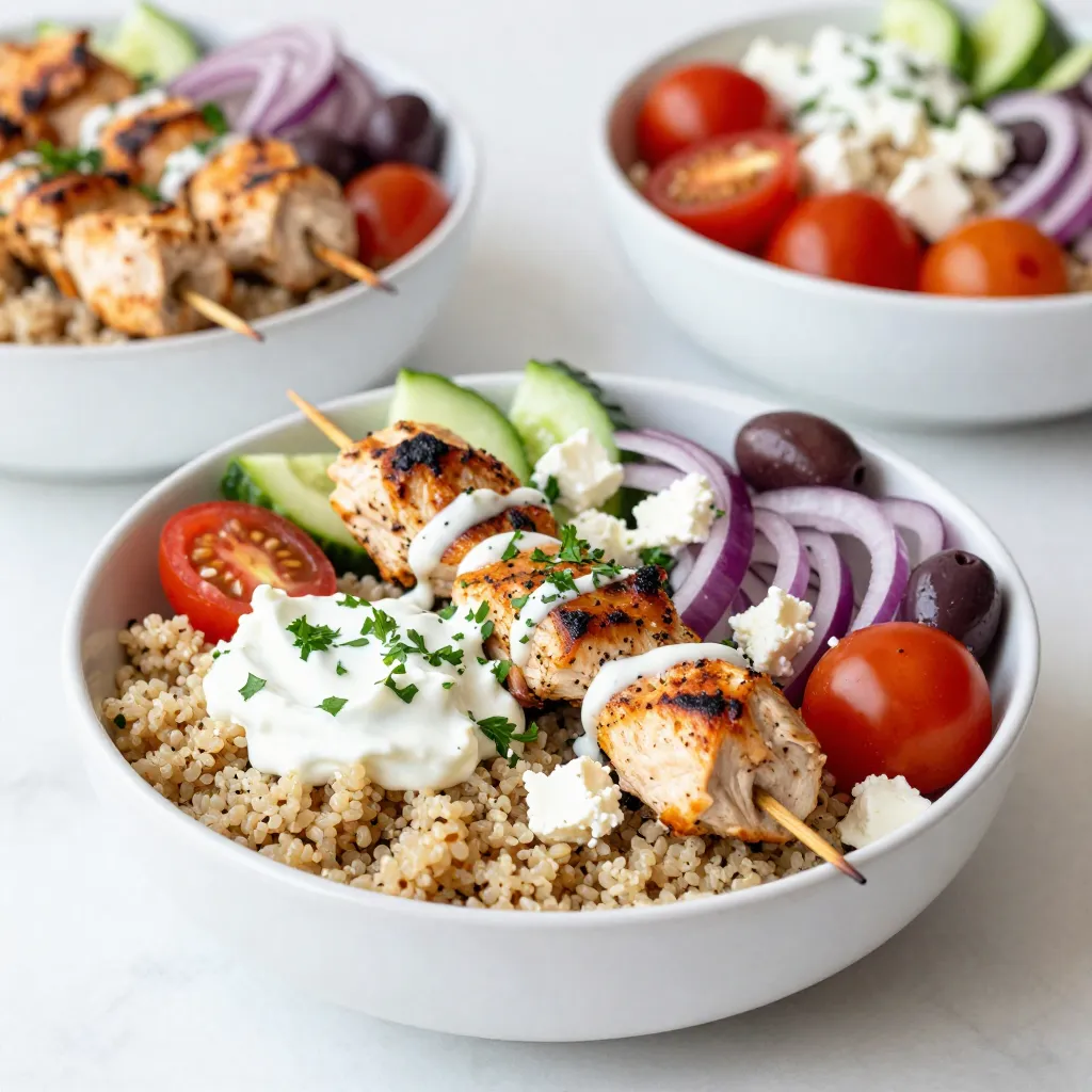 - 1 lb chicken breasts, cut into cubes - 1 cup quinoa, rinsed - 1 cup cherry tomatoes, halved - 1 cucumber, diced - 1/2 red onion, thinly sliced - 1/2 cup feta cheese, crumbled - 3 tablespoons olive oil - Juice of 1 lemon - 2 cloves garlic, minced - 1 teaspoon dried oregano - 1 teaspoon paprika - Salt and pepper, to taste - 1/2 cup Kalamata olives, pitted and sliced - Tzatziki sauce, for serving - Fresh parsley, chopped, for garnish In this recipe, I use chicken breasts for a tender bite. The quinoa adds a nutty flavor and great texture. Fresh veggies like tomatoes, cucumber, and red onion add crunch and color. Feta cheese brings a salty kick to the dish. For the marinade, I blend olive oil, lemon juice, minced garlic, dried oregano, and paprika. This mix infuses the chicken with bright flavors. I add salt and pepper for balance. You can top your bowl with Kalamata olives for extra taste. A drizzle of tzatziki sauce gives a creamy finish. Fresh parsley adds a pop of color and flavor. Every ingredient works together to create a meal that is both tasty and simple. {{ingredient_image_1}} To start, we need to prepare the marinade. In a bowl, mix together: - 3 tablespoons olive oil - Juice of 1 lemon - 2 cloves garlic, minced - 1 teaspoon dried oregano - 1 teaspoon paprika - Salt and pepper, to taste Add the chicken cubes to the bowl. Make sure each piece is coated well. Let the chicken marinate for at least 30 minutes. This step is key for flavor. If you have more time, you can marinate it longer for even better taste. Next, we’ll cook the quinoa. First, rinse 1 cup of quinoa under cold water. This helps remove any bitterness. Then, in a pot, add the rinsed quinoa and 2 cups of water or chicken broth. Bring it to a boil. After boiling, lower the heat, cover the pot, and let it simmer for about 15 minutes. The quinoa is done when it is fluffy and all the liquid is absorbed. Now, let’s grill the chicken. Preheat your grill or grill pan to medium-high heat. Skewer the marinated chicken cubes onto soaked wooden or metal skewers. Make sure to leave some space between each piece for even cooking. Grill the skewers for about 5-7 minutes on each side. The chicken should be cooked through with nice grill marks. Once done, remove them from the heat and let them rest for a few minutes. Finally, it’s time to assemble the bowls. Start with a base of quinoa in each bowl. Next, add the grilled chicken skewers on top. Then, layer in some cherry tomatoes, cucumber, red onion, and Kalamata olives. Finish with a generous sprinkle of feta cheese. Drizzle tzatziki sauce over the top. For a beautiful touch, garnish with freshly chopped parsley. Arrange the ingredients in sections for a colorful display, and add a lemon wedge for extra flavor. To get great flavor in your chicken, marinate it for at least 30 minutes. This allows the olive oil, lemon juice, garlic, and spices to soak in well. If you have more time, marinate it for a few hours or overnight for even better taste. Grilling is key to achieving that perfect texture. Preheat your grill or grill pan until it’s hot. Skewer the marinated chicken cubes and grill them for about 5 to 7 minutes on each side. Look for nice grill marks and ensure the chicken is cooked through. Let it rest before serving to keep it juicy. Getting fluffy quinoa is easy. First, rinse it under cold water to remove any bitterness. Use a pot with a lid and combine 1 cup of quinoa with 2 cups of water or chicken broth. Bring it to a boil, then lower the heat. Cover and simmer for about 15 minutes. Once the water is absorbed, fluff it with a fork. You can add flavor to your quinoa by cooking it in chicken broth instead of water. You can also mix in herbs, like parsley or basil, once it’s cooked. This adds a lovely taste and makes it even better. To complement your Greek Chicken Souvlaki Bowls, consider side dishes like a fresh Greek salad or roasted vegetables. A light white wine or sparkling water pairs well with it, too. For meal prep, you can cook the chicken and quinoa ahead of time. Store each component in separate containers. This way, you can easily assemble your bowls for lunch or dinner throughout the week. Enjoy your delicious and healthy meal! Pro Tips Marination Time: Allow the chicken to marinate for at least an hour for deeper flavor. If you have more time, marinating overnight in the fridge yields even better results. Perfectly Cooked Quinoa: To ensure your quinoa is perfectly fluffy, let it sit covered for 5 minutes after cooking, then fluff it with a fork before serving. Skewering Tips: Soak wooden skewers in water for 30 minutes before using to prevent them from burning on the grill. Serving Suggestions: For a fresh twist, add sliced avocado or bell peppers to the bowls for extra color and nutrition. {{image_2}} You can switch the chicken in Greek Chicken Souvlaki Bowls with shrimp or beef. Both options add unique flavors and textures. Shrimp cooks quickly and absorbs marinades well. Beef gives a rich taste when grilled. For a vegetarian twist, try using tofu. Tofu soaks up marinade flavors, making it tasty. Cut it into cubes and marinate like the chicken. Grill or sauté until golden brown for a delicious option. If you want to change the base, brown rice or couscous works great instead of quinoa. Brown rice adds a nutty flavor and is hearty. Couscous cooks quickly and has a soft texture. For those needing gluten-free options, try using cauliflower rice or a gluten-free grain mix. Both provide a light base and pair well with all the toppings. You can spice things up by adding more herbs or spices. Consider adding cumin or coriander for extra warmth. Fresh herbs like dill or mint can brighten the dish, adding freshness. Don’t forget about dressings! While tzatziki is classic, try using tahini or a lemon vinaigrette. Each dressing changes the flavor and makes the meal exciting. To keep your Greek Chicken Souvlaki Bowls fresh, store ingredients separately. This helps maintain flavor and texture. Use airtight containers to store each component. For chicken and veggies, glass containers work best. For quinoa, a plastic container is fine. When reheating chicken and quinoa, use the microwave or stovetop. If using the microwave, warm them in short bursts. Stir often to avoid hot spots. For stovetop, add a little water to your pan. Heat on low and cover. This keeps the chicken moist and fluffy. You can make these bowls ahead of time. Prepare the chicken, quinoa, and veggies the night before. Store everything in separate containers in the fridge. For longer storage, freeze the chicken and quinoa. Thaw in the fridge overnight before reheating. Enjoy a quick, tasty meal any day! Greek Chicken Souvlaki is a popular dish from Greece. It features marinated chicken cubes grilled on skewers. The word "souvlaki" means "skewered meat" in Greek. This dish has roots in ancient Greece, where people cooked meat over an open fire. Today, it is often served with pita bread, salads, and sauces like tzatziki. You can marinate chicken for at least 30 minutes. This time allows the flavors to soak in. For even better taste, you can marinate it for up to 2 hours. Avoid marinating too long, as the acid can make the chicken tough. You can serve your Greek Chicken Souvlaki Bowls with various tasty sides. Consider adding: - Hummus - Greek salad - Pita bread - Roasted vegetables These sides enhance the meal and add more flavor and texture. Yes, you can make this recipe in advance. Marinate the chicken and cook it ahead of time. Store it in the fridge for up to 3 days. Cooked quinoa and veggies can also be prepared early. Just keep them in separate containers for freshness. This blog post covered how to make Greek Chicken Souvlaki Bowls. You learned about key ingredients like chicken, quinoa, and fresh veggies. The marination and cooking steps help you achieve great flavor and texture. Plus, we shared tips for storage and reheating, making meal prep easier. In the end, enjoy your delicious bowls with your favorite toppings. Feel free to experiment with flavors and ingredients to make it your own.