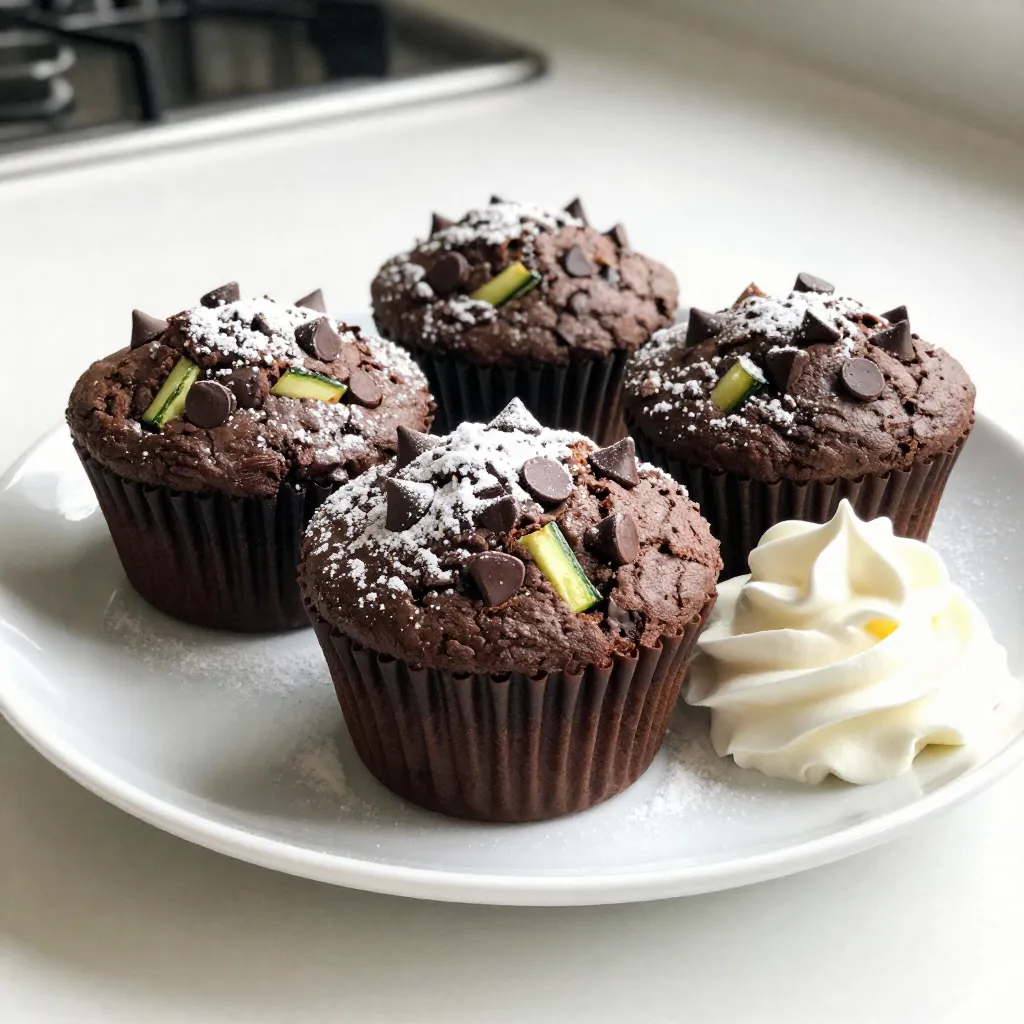 - 1 medium zucchini, grated - 1 cup all-purpose flour - 1/3 cup unsweetened cocoa powder - 1 teaspoon baking soda - 1/2 teaspoon baking powder - 1/4 teaspoon salt - 1/2 teaspoon cinnamon - 1/2 cup granulated sugar - 1/4 cup brown sugar, packed - 1/2 cup vegetable oil - 2 large eggs - 1 teaspoon vanilla extract - 1 cup semi-sweet chocolate chips - 1/4 cup chopped walnuts (optional) These ingredients come together to create moist and rich muffins. The zucchini adds moisture and nutrition without a strong taste. - You can use whole wheat flour for a healthier option. - Applesauce can replace the vegetable oil to cut fat. - Use maple syrup instead of granulated sugar for a natural sweetener. - Swap semi-sweet chocolate chips with dark chocolate for a richer flavor. - Omit walnuts if you prefer a nut-free version. These substitutions help you customize the muffins to your taste or dietary needs. - Muffin tin - Mixing bowls - Whisk - Grater for zucchini - Measuring cups and spoons - Clean kitchen towel - Spoon for batter - Toothpick for testing doneness Having the right equipment makes the baking process smooth and fun. You’ll be ready to whip up these treats in no time! {{ingredient_image_1}} 1. Preheat your oven to 350°F (175°C). Line a muffin tin with paper liners or grease it lightly. 2. Take a medium bowl and mix together: - 1 cup all-purpose flour - 1/3 cup unsweetened cocoa powder - 1 teaspoon baking soda - 1/2 teaspoon baking powder - 1/4 teaspoon salt - 1/2 teaspoon cinnamon Whisk these dry ingredients until they are well mixed. 3. In a large bowl, beat together: - 1/2 cup granulated sugar - 1/4 cup packed brown sugar - 1/2 cup vegetable oil - 2 large eggs - 1 teaspoon vanilla extract Mix until it is smooth. 4. Grate 1 medium zucchini. Squeeze it in a clean kitchen towel to remove extra moisture. Fold the zucchini into the wet mixture. 5. Gradually add the dry ingredients to the wet mixture. Stir gently until just combined. Do not overmix! 6. Fold in: - 1 cup semi-sweet chocolate chips - 1/4 cup chopped walnuts (optional) Make sure they are evenly mixed in. 7. Spoon the batter into the muffin tin. Fill each cup about 3/4 full. 8. Bake in your preheated oven for 18-20 minutes. Check doneness with a toothpick. Insert it into the center; it should come out clean. - Use a toothpick or cake tester. If it comes out clean, the muffins are done. - If you see wet batter, give them a few more minutes. Keep checking often to avoid overbaking. - Let the muffins cool in the pan for 5 minutes before moving them to a wire rack. This helps them maintain their shape. To keep your double chocolate zucchini muffins fresh, store them in an airtight container. They can last up to three days at room temperature. If you want to keep them longer, place them in the fridge. They stay good for about a week. Just remember to let them cool completely before storing. Freezing these muffins is easy and a great way to save some for later. Allow the muffins to cool first. Then, wrap each muffin in plastic wrap. Place them in a freezer bag or container. They will stay fresh for up to three months. When you're ready to eat one, just thaw it at room temperature or warm it in the microwave. These muffins are tasty on their own, but you can make them even better! Serve them warm, dusted with powdered sugar or cocoa powder. For a special touch, add a dollop of whipped cream or a scoop of vanilla ice cream. These little extras will make your treats feel gourmet! Pro Tips Use Fresh Zucchini: Fresh zucchini will give your muffins the best flavor and moisture. Look for ones that are firm and unblemished for optimal results. Don't Overmix: When combining the wet and dry ingredients, mix just until combined. Overmixing can lead to dense muffins instead of light and fluffy ones. Customize Your Add-ins: Feel free to experiment with different mix-ins like dried fruits, nuts, or even different types of chocolate to customize these muffins to your taste! Check for Doneness: Ovens can vary, so start checking your muffins a few minutes before the recommended baking time by inserting a toothpick into the center; it should come out clean or with a few moist crumbs. {{image_2}} You can make these double chocolate zucchini muffins gluten-free. Use a gluten-free all-purpose flour blend. This will keep the texture soft and moist. Check the blend contains xanthan gum or add it separately. This helps mimic the structure of regular flour. Mix-ins can add fun to your muffins. Try adding nuts, like walnuts or pecans, for extra crunch. You can also toss in some dried fruits, like cranberries or cherries, for a sweet twist. For a richer chocolate flavor, add more chocolate chips. Feel free to play with flavors. Swap the vanilla extract for almond extract for a nutty taste. You can also add a tablespoon of espresso powder for a deeper chocolate flavor. Spice it up with a pinch of cayenne pepper for a surprising kick. Each muffin has about 180 calories. This makes it a great snack. You can enjoy a sweet treat without too much guilt. These muffins pack a tasty punch of nutrients. Here’s what you’ll find in one muffin: - Carbohydrates: 25 grams - Protein: 3 grams - Fat: 8 grams - Fiber: 1 gram - Sugar: 10 grams This mix of carbs, fat, and protein gives you energy. The fiber helps keep your tummy happy. The ingredients in these muffins offer some nice health perks. - Zucchini: Full of water and low in calories. It adds moisture without many calories. - Cocoa Powder: Rich in antioxidants. It can boost heart health. - Eggs: Good for protein. They help keep you full longer. - Nuts (if used): Packed with healthy fats. They can support brain health. These muffins not only taste great, but they also bring some health benefits to your day. Enjoy them knowing they have some good stuff inside! Yes, you can use frozen zucchini. Just remember to thaw and drain it well. This step helps remove extra moisture. It keeps your muffins from getting soggy. Frozen zucchini works great in these muffins. The taste stays fresh and yummy. To make these muffins vegan, swap the eggs for flaxseed meal. Mix one tablespoon of flaxseed with three tablespoons of water. Let it sit for five minutes until it thickens. You can also use a plant-based oil instead of vegetable oil. Use a non-dairy milk like almond or soy to add moisture. Store your muffins in an airtight container. Keep them at room temperature for up to three days. If you want to keep them longer, freeze them. Wrap each muffin in plastic wrap, then place them in a freezer bag. They can last for up to three months in the freezer. Simply thaw them overnight before enjoying! You now have all the tools to make delicious zucchini muffins. We covered the needed ingredients, equipment, and gave you step-by-step guidance for baking. Remember to try different variations and make adjustments as needed. Store them well and enjoy their great taste. Your muffins can be healthy with the right ingredients. Use what you learned to bake with confidence. These muffins can fit any diet and make a great snack. Happy baking!
