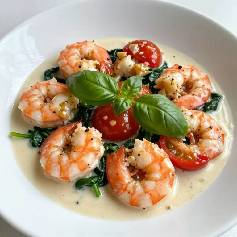 - 1 pound large shrimp, peeled and deveined - 2 tablespoons unsalted butter - 1 tablespoon olive oil Large shrimp are the star of this dish. Their size gives a nice bite. Use fresh, high-quality shrimp for the best flavor. Unsalted butter adds richness. It helps create a creamy sauce. Olive oil keeps the shrimp from sticking and adds a light flavor. - 4 cloves garlic, minced - 1/2 teaspoon red pepper flakes (optional) - Salt and pepper to taste Garlic brings a strong taste that mixes well with the shrimp. I love using fresh garlic for the best aroma. Red pepper flakes add a hint of heat. Adjust the amount based on your spice level. Salt and pepper enhance all the flavors in the dish. - 1 cup cherry tomatoes, halved - 1 cup fresh spinach, chopped - 1/2 cup heavy cream - 1/4 cup grated Parmesan cheese - Fresh basil leaves for garnish Cherry tomatoes add a burst of sweetness. They soften nicely in the skillet. Fresh spinach adds color and nutrition. Heavy cream creates a rich sauce that coats the shrimp. Parmesan cheese adds depth and creaminess. Fresh basil completes the dish with a fragrant finish. This easy meal is packed with flavors. Each ingredient plays an important role in making it special. {{ingredient_image_1}} 1. Heating olive oil and butter: Start by taking a large skillet. Heat 1 tablespoon of olive oil and 1 tablespoon of unsalted butter over medium heat. This will create a rich base for your dish. 2. Sautéing garlic and red pepper flakes: Once the butter melts, add 4 cloves of minced garlic. If you like spice, add 1/2 teaspoon of red pepper flakes. Sauté for about 1 minute. This step fills your kitchen with a warm, inviting aroma. 1. Adding and seasoning shrimp: Now, add 1 pound of large shrimp to the skillet. Season them with salt and pepper. Mix well to ensure every shrimp gets flavor. 2. Cooking time and technique: Cook the shrimp for 2-3 minutes on each side. Watch for them to turn pink and opaque. This shows they are cooked perfectly. Once done, remove them from the skillet and set them aside. 1. Incorporating cherry tomatoes and spinach: In the same skillet, add 1 cup of halved cherry tomatoes. Cook them for about 2 minutes until they start to soften. Next, stir in 1 cup of chopped fresh spinach. Cook for another minute until the spinach wilts. 2. Adding cream and Parmesan cheese: Pour in 1/2 cup of heavy cream and stir well. Let it simmer for 2-3 minutes. Then, add 1/4 cup of grated Parmesan cheese. Mix until it melts and becomes smooth. 3. Combining shrimp with the sauce: Finally, return the cooked shrimp to the skillet. Toss them in the creamy sauce for about a minute to heat through. This step makes every bite rich and flavorful. To get the best shrimp, choose large ones. They cook evenly and stay juicy. Avoid overcooking by watching the color. Cook shrimp until they turn pink and opaque. This takes about 2-3 minutes on each side. If they get rubbery, you cooked them too long. You can customize spice levels. If you love heat, add more red pepper flakes. For a milder dish, skip them. Fresh herbs like basil elevate the taste. Dried herbs work too, but fresh gives a better flavor. Always taste and adjust as you cook. To make the meal complete, serve it with pasta or crusty bread. Both soak up the tasty sauce. For an elegant touch, sprinkle extra Parmesan on top. Add fresh basil leaves for color. This dish looks as good as it tastes! Pro Tips Perfectly Cooked Shrimp: Make sure not to overcook the shrimp. They should be pink and opaque, which usually takes about 2-3 minutes per side. Use Fresh Ingredients: Fresh garlic and spinach will enhance the flavor of your dish. Opt for ripe cherry tomatoes for the best taste. Adjust the Heat: If you like it spicy, feel free to increase the amount of red pepper flakes. You can also add a dash of cayenne for extra heat. Serving Suggestions: This dish pairs beautifully with a side of pasta or crusty bread to soak up the delicious garlic butter sauce. {{image_2}} You can easily modify this dish to fit your diet. If you need a gluten-free option, just make sure to check your cream and cheese labels. Most brands are gluten-free. You can also serve the shrimp over gluten-free pasta or rice. For a dairy-free version, try coconut milk in place of heavy cream. Nutritional yeast can replace Parmesan cheese for a savory flavor. Both options keep the dish rich and creamy without dairy. Want to change things up? You can use different vegetables based on what you have at home. Zucchini, bell peppers, or even asparagus work well in this dish. Just add them to the skillet with the tomatoes. If you prefer a different protein, chicken or scallops are great substitutes. Cook them the same way as the shrimp. This gives you new flavors while keeping the dish simple and quick. To make the dish unique, try adding different herbs and spices. Fresh parsley or thyme can add a lovely twist. For a bolder taste, consider adding smoked paprika or lemon zest. You can also switch up the sauces. A splash of white wine or a squeeze of lemon juice can brighten the flavors. Experimenting with different sauces adds your personal touch to this classic meal. After making Garlic Butter Tuscan Shrimp, you may have some leftovers. To keep them fresh: - Store leftovers in an airtight container. - Place the container in the fridge within two hours of cooking. - Use the leftovers within 2-3 days for the best taste. Reheating shrimp can be tricky. You want to keep it tasty and tender. Here are some tips: - Use a skillet over low heat. This helps to warm the shrimp gently. - Add a splash of cream or broth to keep moisture. - Stir often to heat evenly and avoid rubbery shrimp. You can freeze Garlic Butter Tuscan Shrimp, but keep in mind: - Use a freezer-safe container or bag. Remove as much air as possible. - Freeze for up to three months for best quality. When you're ready to eat: - Thaw in the fridge overnight. - Reheat gently in a skillet with a bit of cream to restore the sauce. To make Garlic Butter Tuscan Shrimp, follow these key steps: 1. Heat the skillet: Start by warming olive oil and one tablespoon of butter in a large skillet over medium heat. 2. Sauté garlic: Add minced garlic and red pepper flakes for one minute until fragrant. 3. Cook shrimp: Add peeled and deveined shrimp, season with salt and pepper, and cook for 2-3 minutes on each side until pink. Then, set them aside. 4. Add tomatoes: In the same skillet, toss in halved cherry tomatoes and cook for 2 minutes until they soften. 5. Add spinach: Stir in chopped spinach and let it wilt for about one minute. 6. Make the sauce: Pour in heavy cream, let it simmer, and then mix in grated Parmesan cheese until smooth. 7. Combine: Return the shrimp to the skillet, coat in the sauce, and heat through for one more minute. 8. Finish up: Stir in the last tablespoon of butter for extra richness and garnish with fresh basil. Yes, you can use frozen shrimp. Here are some pros and cons: - Pros: - Frozen shrimp are easy to find and often cheaper. - They are already cleaned and deveined, saving prep time. - Cons: - They may release excess water when cooking, which can affect the sauce. - Frozen shrimp can have a different texture than fresh shrimp. If using frozen shrimp, thaw them properly before cooking. This helps maintain the right texture. The total time to prepare Garlic Butter Tuscan Shrimp is about 20 minutes. Here’s the breakdown: - Prep time: 10 minutes for cleaning shrimp and chopping vegetables. - Cooking time: 10 minutes to cook everything together in the skillet. This recipe is quick and perfect for busy nights when you want something tasty! In this blog post, we explored making Garlic Butter Tuscan Shrimp, focusing on key ingredients and easy steps. We discussed the shrimp, seasonings, and vegetables. You learned how to prepare the skillet, cook shrimp, and make a creamy sauce. I shared tips for perfecting the dish and suggested variations for dietary needs. Lastly, I covered storage and reheating techniques. Enjoy crafting this delightful meal, and don’t hesitate to make it your own! Your kitchen adventures will be so rewarding.