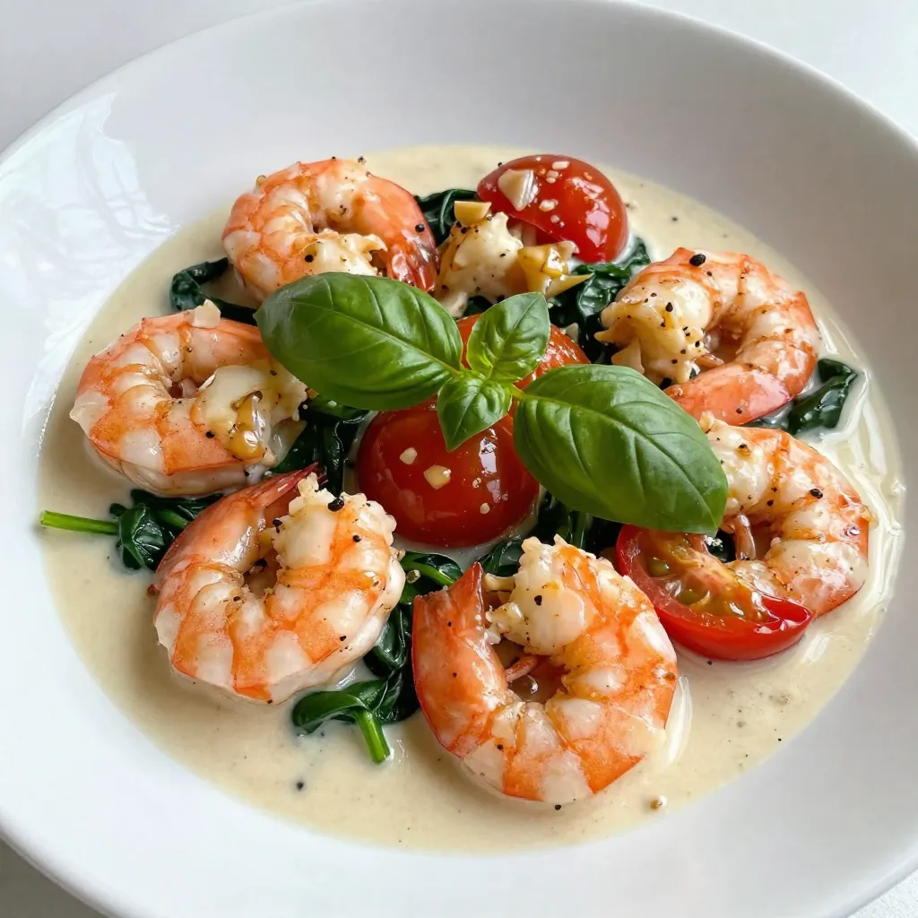 - 1 pound large shrimp, peeled and deveined - 2 tablespoons unsalted butter - 1 tablespoon olive oil Large shrimp are the star of this dish. Their size gives a nice bite. Use fresh, high-quality shrimp for the best flavor. Unsalted butter adds richness. It helps create a creamy sauce. Olive oil keeps the shrimp from sticking and adds a light flavor. - 4 cloves garlic, minced - 1/2 teaspoon red pepper flakes (optional) - Salt and pepper to taste Garlic brings a strong taste that mixes well with the shrimp. I love using fresh garlic for the best aroma. Red pepper flakes add a hint of heat. Adjust the amount based on your spice level. Salt and pepper enhance all the flavors in the dish. - 1 cup cherry tomatoes, halved - 1 cup fresh spinach, chopped - 1/2 cup heavy cream - 1/4 cup grated Parmesan cheese - Fresh basil leaves for garnish Cherry tomatoes add a burst of sweetness. They soften nicely in the skillet. Fresh spinach adds color and nutrition. Heavy cream creates a rich sauce that coats the shrimp. Parmesan cheese adds depth and creaminess. Fresh basil completes the dish with a fragrant finish. This easy meal is packed with flavors. Each ingredient plays an important role in making it special. {{ingredient_image_1}} 1. Heating olive oil and butter: Start by taking a large skillet. Heat 1 tablespoon of olive oil and 1 tablespoon of unsalted butter over medium heat. This will create a rich base for your dish. 2. Sautéing garlic and red pepper flakes: Once the butter melts, add 4 cloves of minced garlic. If you like spice, add 1/2 teaspoon of red pepper flakes. Sauté for about 1 minute. This step fills your kitchen with a warm, inviting aroma. 1. Adding and seasoning shrimp: Now, add 1 pound of large shrimp to the skillet. Season them with salt and pepper. Mix well to ensure every shrimp gets flavor. 2. Cooking time and technique: Cook the shrimp for 2-3 minutes on each side. Watch for them to turn pink and opaque. This shows they are cooked perfectly. Once done, remove them from the skillet and set them aside. 1. Incorporating cherry tomatoes and spinach: In the same skillet, add 1 cup of halved cherry tomatoes. Cook them for about 2 minutes until they start to soften. Next, stir in 1 cup of chopped fresh spinach. Cook for another minute until the spinach wilts. 2. Adding cream and Parmesan cheese: Pour in 1/2 cup of heavy cream and stir well. Let it simmer for 2-3 minutes. Then, add 1/4 cup of grated Parmesan cheese. Mix until it melts and becomes smooth. 3. Combining shrimp with the sauce: Finally, return the cooked shrimp to the skillet. Toss them in the creamy sauce for about a minute to heat through. This step makes every bite rich and flavorful. To get the best shrimp, choose large ones. They cook evenly and stay juicy. Avoid overcooking by watching the color. Cook shrimp until they turn pink and opaque. This takes about 2-3 minutes on each side. If they get rubbery, you cooked them too long. You can customize spice levels. If you love heat, add more red pepper flakes. For a milder dish, skip them. Fresh herbs like basil elevate the taste. Dried herbs work too, but fresh gives a better flavor. Always taste and adjust as you cook. To make the meal complete, serve it with pasta or crusty bread. Both soak up the tasty sauce. For an elegant touch, sprinkle extra Parmesan on top. Add fresh basil leaves for color. This dish looks as good as it tastes! Pro Tips Perfectly Cooked Shrimp: Make sure not to overcook the shrimp. They should be pink and opaque, which usually takes about 2-3 minutes per side. Use Fresh Ingredients: Fresh garlic and spinach will enhance the flavor of your dish. Opt for ripe cherry tomatoes for the best taste. Adjust the Heat: If you like it spicy, feel free to increase the amount of red pepper flakes. You can also add a dash of cayenne for extra heat. Serving Suggestions: This dish pairs beautifully with a side of pasta or crusty bread to soak up the delicious garlic butter sauce. {{image_2}} You can easily modify this dish to fit your diet. If you need a gluten-free option, just make sure to check your cream and cheese labels. Most brands are gluten-free. You can also serve the shrimp over gluten-free pasta or rice. For a dairy-free version, try coconut milk in place of heavy cream. Nutritional yeast can replace Parmesan cheese for a savory flavor. Both options keep the dish rich and creamy without dairy. Want to change things up? You can use different vegetables based on what you have at home. Zucchini, bell peppers, or even asparagus work well in this dish. Just add them to the skillet with the tomatoes. If you prefer a different protein, chicken or scallops are great substitutes. Cook them the same way as the shrimp. This gives you new flavors while keeping the dish simple and quick. To make the dish unique, try adding different herbs and spices. Fresh parsley or thyme can add a lovely twist. For a bolder taste, consider adding smoked paprika or lemon zest. You can also switch up the sauces. A splash of white wine or a squeeze of lemon juice can brighten the flavors. Experimenting with different sauces adds your personal touch to this classic meal. After making Garlic Butter Tuscan Shrimp, you may have some leftovers. To keep them fresh: - Store leftovers in an airtight container. - Place the container in the fridge within two hours of cooking. - Use the leftovers within 2-3 days for the best taste. Reheating shrimp can be tricky. You want to keep it tasty and tender. Here are some tips: - Use a skillet over low heat. This helps to warm the shrimp gently. - Add a splash of cream or broth to keep moisture. - Stir often to heat evenly and avoid rubbery shrimp. You can freeze Garlic Butter Tuscan Shrimp, but keep in mind: - Use a freezer-safe container or bag. Remove as much air as possible. - Freeze for up to three months for best quality. When you're ready to eat: - Thaw in the fridge overnight. - Reheat gently in a skillet with a bit of cream to restore the sauce. To make Garlic Butter Tuscan Shrimp, follow these key steps: 1. Heat the skillet: Start by warming olive oil and one tablespoon of butter in a large skillet over medium heat. 2. Sauté garlic: Add minced garlic and red pepper flakes for one minute until fragrant. 3. Cook shrimp: Add peeled and deveined shrimp, season with salt and pepper, and cook for 2-3 minutes on each side until pink. Then, set them aside. 4. Add tomatoes: In the same skillet, toss in halved cherry tomatoes and cook for 2 minutes until they soften. 5. Add spinach: Stir in chopped spinach and let it wilt for about one minute. 6. Make the sauce: Pour in heavy cream, let it simmer, and then mix in grated Parmesan cheese until smooth. 7. Combine: Return the shrimp to the skillet, coat in the sauce, and heat through for one more minute. 8. Finish up: Stir in the last tablespoon of butter for extra richness and garnish with fresh basil. Yes, you can use frozen shrimp. Here are some pros and cons: - Pros: - Frozen shrimp are easy to find and often cheaper. - They are already cleaned and deveined, saving prep time. - Cons: - They may release excess water when cooking, which can affect the sauce. - Frozen shrimp can have a different texture than fresh shrimp. If using frozen shrimp, thaw them properly before cooking. This helps maintain the right texture. The total time to prepare Garlic Butter Tuscan Shrimp is about 20 minutes. Here’s the breakdown: - Prep time: 10 minutes for cleaning shrimp and chopping vegetables. - Cooking time: 10 minutes to cook everything together in the skillet. This recipe is quick and perfect for busy nights when you want something tasty! In this blog post, we explored making Garlic Butter Tuscan Shrimp, focusing on key ingredients and easy steps. We discussed the shrimp, seasonings, and vegetables. You learned how to prepare the skillet, cook shrimp, and make a creamy sauce. I shared tips for perfecting the dish and suggested variations for dietary needs. Lastly, I covered storage and reheating techniques. Enjoy crafting this delightful meal, and don’t hesitate to make it your own! Your kitchen adventures will be so rewarding.