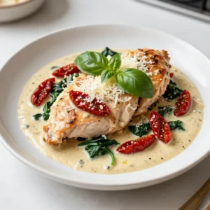 - 4 boneless, skinless chicken breasts - 1 cup sun-dried tomatoes in oil, drained and chopped - 1 cup heavy cream - 1 cup chicken broth - 1 cup fresh spinach - 3 cloves garlic, minced - 1 tablespoon olive oil - 1 teaspoon Italian seasoning - Salt and pepper to taste - 1/2 cup grated Parmesan cheese - Fresh basil leaves, for garnish In this creamy sun-dried tomato chicken, the main ingredients create a rich and satisfying dish. The chicken breasts bring protein to the table. Sun-dried tomatoes add a burst of flavor. Heavy cream makes the sauce smooth and creamy. Chicken broth gives it depth. For the extra ingredients, fresh spinach adds color and nutrients. Garlic gives a lovely aroma and taste. Olive oil helps cook the chicken perfectly. Italian seasoning brings warmth and spice. Salt and pepper balance all the flavors. Parmesan cheese adds a salty finish. Fresh basil leaves on top make it look beautiful and fresh. Gather these ingredients, and you are ready to create a delightful meal that will impress anyone. {{ingredient_image_1}} Start by seasoning the chicken breasts. Use salt, pepper, and Italian seasoning. Make sure to coat both sides well. Next, heat a tablespoon of olive oil in a large skillet over medium heat. Once hot, add the seasoned chicken breasts. Cook them for about 6-7 minutes on each side. They should turn golden brown and be fully cooked. Remove the chicken from the skillet and set it aside on a plate. In the same skillet, add minced garlic. Saut&eacute; it for about 30 seconds. You want it fragrant but not burnt. Then, add the chopped sun-dried tomatoes. Cook them for about a minute to mix the flavors. Now pour in the chicken broth, scraping any browned bits from the bottom. This adds great flavor. Bring the mixture to a simmer. Lower the heat and stir in the heavy cream and grated Parmesan cheese. Mix until the cheese melts and the sauce becomes creamy. Add fresh spinach to the sauce. Cook it for about 2-3 minutes until it wilts. Finally, return the chicken to the skillet. Nestle it into the sauce and let it simmer for another 5 minutes. This helps the chicken absorb all those tasty flavors. Taste the sauce and adjust the seasoning if needed. Enjoy your creamy sun-dried tomato chicken! To ensure your chicken is cooked through, use a meat thermometer. The chicken should reach 165&deg;F (75&deg;C). This way, you avoid undercooked chicken. Another tip is to let chicken rest after cooking. It helps keep the juices in. For saut&eacute;ing garlic without burning, cook on medium heat. Add garlic and stir quickly. If it starts to brown too fast, take it off the heat. Burnt garlic can ruin your dish. Serve creamy sun-dried tomato chicken over pasta or rice. This helps soak up the tasty sauce. You can also add a side salad for freshness. For presentation, drizzle extra sauce over the chicken. Place it on a colorful plate. Garnish with fresh basil leaves to add a pop of color. This makes the dish look more appealing and invites everyone to dig in! Pro Tips Use Fresh Ingredients: Whenever possible, opt for fresh spinach and high-quality sun-dried tomatoes. Fresh ingredients enhance the flavor of your dish significantly. Adjust Creaminess: For a lighter sauce, you can substitute half of the heavy cream with Greek yogurt or a lower-fat alternative, while still maintaining a creamy texture. Perfect Cooking Time: Ensure chicken is cooked to an internal temperature of 165&deg;F (75&deg;C) for safety. Use a meat thermometer for accurate readings. Flavor Boost: Add a splash of white wine to the sauce after saut&eacute;ing the garlic and before adding the chicken broth for an added depth of flavor. {{image_2}} You can swap out heavy cream for different options. Try using coconut cream for a dairy-free choice. Greek yogurt can also work, but add it at the end to avoid curdling. For the chicken, you can use chicken thighs instead of breasts. Thighs stay juicy and add more flavor. If you prefer a plant-based option, use tofu. Just press it to remove excess water and cube it before cooking. Herbs and spices can change this dish's taste. Fresh or dried basil adds a nice touch. You might also like a hint of red pepper flakes for heat. Adding vegetables makes the dish even better. Saut&eacute; mushrooms or bell peppers with the garlic. Spinach is great, but you can also use kale or zucchini for extra color and nutrition. To store leftovers safely, let the chicken cool first. Place it in an airtight container. Make sure it is sealed tight. This keeps the dish fresh and tasty. The recommended shelf life in the fridge is about 3-4 days. Always check for any signs of spoilage before eating. If you want to freeze the dish, let it cool completely. Portion it into freezer-safe containers. Label each container with a date. This helps you track how long it has been frozen. The dish can last up to 2-3 months in the freezer. To thaw, move the container to the fridge overnight. This keeps the chicken safe while it defrosts. To reheat, use the stovetop or microwave. If using the stovetop, heat it gently to avoid drying out the chicken. Always stir well to mix the sauce before serving. Can I use fresh tomatoes instead of sun-dried? Yes, you can use fresh tomatoes. Fresh tomatoes add a different taste. They will not be as sweet or chewy as sun-dried tomatoes. Use about two cups of chopped fresh tomatoes. Cook them longer to soften before adding the cream. What can I substitute for chicken broth? You can use vegetable broth or water. Both options work well and keep the dish tasty. If you want more flavor, add a bit of salt and herbs to water. Is this recipe gluten-free? Yes, this recipe is naturally gluten-free. It contains no wheat or gluten ingredients. Always check labels if you use packaged items. Can it be made dairy-free or low-fat? Yes, you can make it dairy-free. Use coconut cream or almond milk as a substitute. For a low-fat version, use low-fat cream or Greek yogurt. Adjust the cheese amount if needed. This blog post explored a tasty creamy sun-dried tomato chicken recipe. You learned about key ingredients like chicken, sun-dried tomatoes, and heavy cream. I shared simple steps to make the dish, along with tips for perfect cooking. We discussed fun variations and how to store leftovers. In closing, this recipe is easy to adapt and serve. Enjoy making it your own!