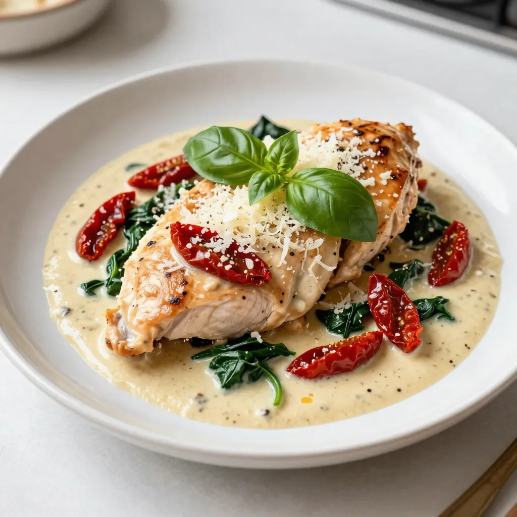 - 4 boneless, skinless chicken breasts - 1 cup sun-dried tomatoes in oil, drained and chopped - 1 cup heavy cream - 1 cup chicken broth - 1 cup fresh spinach - 3 cloves garlic, minced - 1 tablespoon olive oil - 1 teaspoon Italian seasoning - Salt and pepper to taste - 1/2 cup grated Parmesan cheese - Fresh basil leaves, for garnish In this creamy sun-dried tomato chicken, the main ingredients create a rich and satisfying dish. The chicken breasts bring protein to the table. Sun-dried tomatoes add a burst of flavor. Heavy cream makes the sauce smooth and creamy. Chicken broth gives it depth. For the extra ingredients, fresh spinach adds color and nutrients. Garlic gives a lovely aroma and taste. Olive oil helps cook the chicken perfectly. Italian seasoning brings warmth and spice. Salt and pepper balance all the flavors. Parmesan cheese adds a salty finish. Fresh basil leaves on top make it look beautiful and fresh. Gather these ingredients, and you are ready to create a delightful meal that will impress anyone. {{ingredient_image_1}} Start by seasoning the chicken breasts. Use salt, pepper, and Italian seasoning. Make sure to coat both sides well. Next, heat a tablespoon of olive oil in a large skillet over medium heat. Once hot, add the seasoned chicken breasts. Cook them for about 6-7 minutes on each side. They should turn golden brown and be fully cooked. Remove the chicken from the skillet and set it aside on a plate. In the same skillet, add minced garlic. Sauté it for about 30 seconds. You want it fragrant but not burnt. Then, add the chopped sun-dried tomatoes. Cook them for about a minute to mix the flavors. Now pour in the chicken broth, scraping any browned bits from the bottom. This adds great flavor. Bring the mixture to a simmer. Lower the heat and stir in the heavy cream and grated Parmesan cheese. Mix until the cheese melts and the sauce becomes creamy. Add fresh spinach to the sauce. Cook it for about 2-3 minutes until it wilts. Finally, return the chicken to the skillet. Nestle it into the sauce and let it simmer for another 5 minutes. This helps the chicken absorb all those tasty flavors. Taste the sauce and adjust the seasoning if needed. Enjoy your creamy sun-dried tomato chicken! To ensure your chicken is cooked through, use a meat thermometer. The chicken should reach 165°F (75°C). This way, you avoid undercooked chicken. Another tip is to let chicken rest after cooking. It helps keep the juices in. For sautéing garlic without burning, cook on medium heat. Add garlic and stir quickly. If it starts to brown too fast, take it off the heat. Burnt garlic can ruin your dish. Serve creamy sun-dried tomato chicken over pasta or rice. This helps soak up the tasty sauce. You can also add a side salad for freshness. For presentation, drizzle extra sauce over the chicken. Place it on a colorful plate. Garnish with fresh basil leaves to add a pop of color. This makes the dish look more appealing and invites everyone to dig in! Pro Tips Use Fresh Ingredients: Whenever possible, opt for fresh spinach and high-quality sun-dried tomatoes. Fresh ingredients enhance the flavor of your dish significantly. Adjust Creaminess: For a lighter sauce, you can substitute half of the heavy cream with Greek yogurt or a lower-fat alternative, while still maintaining a creamy texture. Perfect Cooking Time: Ensure chicken is cooked to an internal temperature of 165°F (75°C) for safety. Use a meat thermometer for accurate readings. Flavor Boost: Add a splash of white wine to the sauce after sautéing the garlic and before adding the chicken broth for an added depth of flavor. {{image_2}} You can swap out heavy cream for different options. Try using coconut cream for a dairy-free choice. Greek yogurt can also work, but add it at the end to avoid curdling. For the chicken, you can use chicken thighs instead of breasts. Thighs stay juicy and add more flavor. If you prefer a plant-based option, use tofu. Just press it to remove excess water and cube it before cooking. Herbs and spices can change this dish's taste. Fresh or dried basil adds a nice touch. You might also like a hint of red pepper flakes for heat. Adding vegetables makes the dish even better. Sauté mushrooms or bell peppers with the garlic. Spinach is great, but you can also use kale or zucchini for extra color and nutrition. To store leftovers safely, let the chicken cool first. Place it in an airtight container. Make sure it is sealed tight. This keeps the dish fresh and tasty. The recommended shelf life in the fridge is about 3-4 days. Always check for any signs of spoilage before eating. If you want to freeze the dish, let it cool completely. Portion it into freezer-safe containers. Label each container with a date. This helps you track how long it has been frozen. The dish can last up to 2-3 months in the freezer. To thaw, move the container to the fridge overnight. This keeps the chicken safe while it defrosts. To reheat, use the stovetop or microwave. If using the stovetop, heat it gently to avoid drying out the chicken. Always stir well to mix the sauce before serving. Can I use fresh tomatoes instead of sun-dried? Yes, you can use fresh tomatoes. Fresh tomatoes add a different taste. They will not be as sweet or chewy as sun-dried tomatoes. Use about two cups of chopped fresh tomatoes. Cook them longer to soften before adding the cream. What can I substitute for chicken broth? You can use vegetable broth or water. Both options work well and keep the dish tasty. If you want more flavor, add a bit of salt and herbs to water. Is this recipe gluten-free? Yes, this recipe is naturally gluten-free. It contains no wheat or gluten ingredients. Always check labels if you use packaged items. Can it be made dairy-free or low-fat? Yes, you can make it dairy-free. Use coconut cream or almond milk as a substitute. For a low-fat version, use low-fat cream or Greek yogurt. Adjust the cheese amount if needed. This blog post explored a tasty creamy sun-dried tomato chicken recipe. You learned about key ingredients like chicken, sun-dried tomatoes, and heavy cream. I shared simple steps to make the dish, along with tips for perfect cooking. We discussed fun variations and how to store leftovers. In closing, this recipe is easy to adapt and serve. Enjoy making it your own!