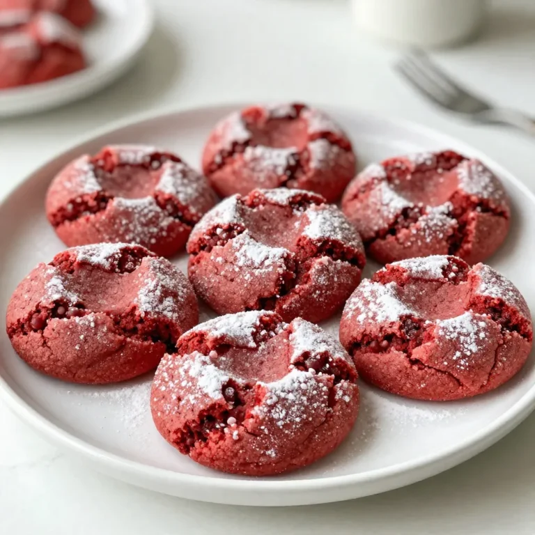 To make Red Velvet Crinkle Cookies, gather these items: - 2 cups all-purpose flour - 1 tablespoon cocoa powder - 1 teaspoon baking powder - 1/2 teaspoon baking soda - 1/4 teaspoon salt - 1 cup granulated sugar - 1/2 cup vegetable oil - 2 large eggs - 1 tablespoon red food coloring - 1 teaspoon vanilla extract - 1 cup powdered sugar (for coating) You can swap some ingredients if needed. Here are good options: - All-purpose flour: Use a gluten-free blend for gluten-free cookies. - Vegetable oil: Canola oil or melted coconut oil works well. - Eggs: Use flaxseed meal mixed with water for a vegan option. - Red food coloring: Natural beet juice gives a nice color too. Each ingredient plays a key role in the cookie's texture. Here’s how: - All-purpose flour gives structure. Too much can make cookies tough. - Cocoa powder adds flavor and a rich color. It balances the sweetness. - Baking powder and baking soda help cookies rise. They create that crinkle effect. - Granulated sugar adds sweetness and moisture. It helps cookies stay soft. - Vegetable oil keeps cookies chewy. It helps them not dry out. - Eggs add moisture and bind the dough. They help cookies rise. - Red food coloring makes them visually appealing. It’s all about that signature look! These ingredients combined create a delightful cookie that melts in your mouth. {{ingredient_image_1}} First, gather all your ingredients. You need: - 2 cups all-purpose flour - 1 tablespoon cocoa powder - 1 teaspoon baking powder - 1/2 teaspoon baking soda - 1/4 teaspoon salt - 1 cup granulated sugar - 1/2 cup vegetable oil - 2 large eggs - 1 tablespoon red food coloring - 1 teaspoon vanilla extract - 1 cup powdered sugar (for coating) Start by preheating your oven to 350°F (175°C). Line a baking sheet with parchment paper. This helps the cookies not stick. In a medium bowl, mix the flour, cocoa powder, baking powder, baking soda, and salt. Whisk well and set it aside. In a large bowl, combine the granulated sugar and vegetable oil. Whisk them together until they blend well. Add the eggs, red food coloring, and vanilla extract. Whisk again until the mix turns smooth and bright red. Now, slowly add the dry flour mix to the wet ingredients. Stir until the dough is fully mixed. It may feel sticky, which is fine. Place the dough in the fridge for about 30 minutes. This makes it easier to roll. Once the dough is chilled, take it out. Use a tablespoon or cookie scoop to portion the dough. Roll each piece into a ball. Then, roll the ball in powdered sugar until it’s fully coated. Place the dough balls on your baking sheet with 2 inches of space in between each one. Bake in your preheated oven for 10-12 minutes. The edges should be set, but the centers may look underbaked. This is normal and gives the cookies a soft texture. After baking, take the cookies out of the oven. Let them cool on the baking sheet for 5 minutes. This helps them firm up a bit. Then, transfer them to a wire rack to cool completely. For serving, I like to present the cookies on a nice plate. You can dust them with extra powdered sugar. Add some fresh berries or a scoop of vanilla ice cream for a fun twist! To get that signature crinkle on your cookies, chill the dough first. This step helps the cookies keep their shape when baking. After rolling the dough balls, coat them well in powdered sugar. This coating will crack as the cookies bake, giving you those beautiful crinkles. Bake them until the edges set but the centers remain soft. This timing helps enhance the crinkle effect. One common mistake is skipping the chilling step. If the dough is too warm, it spreads too much, losing its shape. Another mistake is not coating the dough balls enough in powdered sugar. Make sure they are fully covered for an even look. Lastly, avoid overbaking. Cookies that are too dry won’t have that chewy texture we love. When making the dough, use a sturdy bowl to mix your ingredients. Be gentle when combining the wet and dry ingredients to avoid overmixing. Overmixing can make the cookies tough. After chilling, scoop the dough quickly to keep it cool. Always wash your hands before handling the dough to keep it clean. Store any leftover dough in the fridge if you want to bake later. Pro Tips Chill the Dough: Refrigerating the cookie dough for at least 30 minutes helps in handling the sticky mixture and results in a better shape during baking. Use Gel Food Coloring: For a more vibrant red color, opt for gel food coloring instead of liquid food coloring, as it provides a richer hue without altering the dough's consistency. Don't Overbake: Keep an eye on the cookies while baking. They should look slightly underbaked in the center; they will continue to cook as they cool on the baking sheet. Experiment with Flavor: Add a pinch of cinnamon or almond extract to the dough for an extra layer of flavor that complements the red velvet perfectly. {{image_2}} You can make these cookies even more fun by adding other flavors. Try mixing in some mint extract for a fresh twist. Almond extract also pairs well with the rich red color. Just use a teaspoon of your chosen flavor. This small change can make a big impact. If you need gluten-free cookies, you can use a gluten-free flour blend. Many blends work well to keep the taste and texture great. Look for a blend with xanthan gum; it helps the cookies hold together. Check the package for the right amount to use. You can change the cookies for any season. For fall, add a pinch of cinnamon or nutmeg. This gives them a warm, cozy flavor. In winter, try mixing in some crushed candy canes for a minty crunch. For Valentine's Day, add heart-shaped sprinkles to make them festive. These ideas keep your cookies fun and fresh! To keep your cookies fresh, place them in an airtight container. Line the bottom with parchment paper. This helps prevent sticking. You can store them at room temperature for up to five days. For longer freshness, the fridge works too. Just ensure they are sealed tightly to avoid drying out. Freezing these cookies is easy and a great way to save them. First, let the cookies cool completely. Then, place them in a single layer on a baking sheet. Freeze for about one hour. After that, move them to a freezer-safe bag or container. They can last for up to three months in the freezer. Remember to label the bag with the date. To enjoy your cookies warm, reheat them in the oven. Preheat the oven to 350°F (175°C). Place the cookies on a baking sheet. Heat them for about 5 to 7 minutes. This helps keep the texture soft and the flavors fresh. You can also use a microwave for quick reheating. Just heat for 10 to 15 seconds. Enjoy your delightful treat! Red Velvet Crinkle Cookies come from the popular red velvet cake. This cake has roots in the Southern United States. The bright red color makes it stand out. People enjoy it for its rich flavor and soft texture. Bakers adapted this cake into cookie form. This led to the crinkle effect, which adds a fun look. The cookies are soft and chewy, with a hint of cocoa. They are perfect for any celebration or just a sweet treat. Yes, you can make these cookies without eggs. Use a substitute for eggs to keep the texture. Common choices are unsweetened applesauce or mashed bananas. Use 1/4 cup of applesauce for each egg. This helps bind the ingredients together. You can also try flaxseed meal. Mix 1 tablespoon of flaxseed meal with 3 tablespoons of water. Let it sit for a few minutes to thicken. This mix works well in cookies and keeps them moist. To make these cookies less sweet, reduce the sugar used in the recipe. You can cut the granulated sugar by 1/4 cup. This change won’t affect the texture much. Use a sugar substitute like stevia or erythritol for less sugar. Adjust the amount based on the product's instructions. You can also add a bit more cocoa powder to balance the sweetness. This adds depth without making the cookies too sweet. In this post, I discussed the key ingredients, steps, tips, and varieties for Red Velvet Crinkle Cookies. Each part plays a role in creating the perfect treat. Remember to choose the right ingredients for texture and flavor. Don’t forget the tips to avoid mistakes. You can swap ingredients to fit your taste. With these details, you can bake and enjoy your cookies to the fullest. Get ready to impress your friends and family with your baking skills!