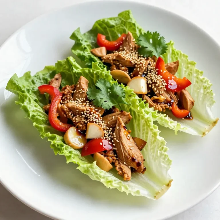 - 1 lb ground chicken - 2 tablespoons sesame oil - 2 cloves garlic, minced - 1 tablespoon ginger, finely grated - 1/4 cup soy sauce or tamari - 1 tablespoon honey - 1 tablespoon rice vinegar - 1 cup bell peppers, diced - 1 cup water chestnuts, diced - 1/4 cup green onions, sliced - Sesame seeds for garnish - Fresh cilantro for garnish To make the sesame ginger chicken wraps, gather all your main ingredients first. Ground chicken is key, as it gives the wraps their protein punch. I love using sesame oil for that nutty flavor. Don’t forget the garlic and ginger; they add a lovely aroma and taste. You can add soy sauce or tamari for a salty kick. Honey and rice vinegar balance the flavors well. If you want extra crunch, include bell peppers and water chestnuts. Green onions, sesame seeds, and cilantro make perfect garnishes. They not only add flavor but also brighten up your dish. Make sure you have these ingredients ready before cooking. It makes the process smooth and fun! {{ingredient_image_1}} First, heat two tablespoons of sesame oil in a large skillet over medium-high heat. Once the oil is hot, add two cloves of minced garlic and one tablespoon of finely grated ginger. Sauté these for about 30 seconds until they smell great. Next, stir in one pound of ground chicken. Break it apart with a spatula as it cooks. Keep cooking until the chicken is browned and fully cooked, which takes about five to seven minutes. While the chicken cooks, grab a small bowl. In this bowl, whisk together 1/4 cup of soy sauce, one tablespoon of honey, and one tablespoon of rice vinegar. Once the chicken is ready, pour this mixture over it. Stir well to coat the chicken evenly. Now, add one cup of diced bell peppers and one cup of diced water chestnuts to the skillet. Cook for an additional three to four minutes. You want the veggies to be tender but still crisp. Now it's time to assemble your wraps! Take a lettuce leaf, and spoon a generous amount of the chicken mixture into the center. You can use butter or iceberg lettuce for a nice crunch. To make them even prettier, garnish your wraps with sesame seeds and fresh cilantro on top. If you like, you can arrange the filled wraps on a platter and drizzle a bit of extra sesame oil or soy sauce for added flavor. Serve with lime wedges on the side for a zesty kick! To ensure the chicken is cooked through, use a meat thermometer. The internal temperature should reach 165°F. Break the chicken apart in the skillet. This helps it cook evenly. Stir often to prevent sticking. For the right texture of vegetables, cut them into small pieces. This allows them to cook quickly. Cook until they are slightly tender but still crisp. You want a nice crunch in every bite. Arrange your wraps on a large platter. Keep them neat for a great display. Drizzle a little extra sesame oil or soy sauce on top. This adds flavor and looks pretty. Place lime wedges on the side for a splash of color. Guests love to see bright colors on the table. For a tasty dip, try sweet chili sauce or peanut sauce. These pair well with the wraps. You can also add herbs like mint or basil for fresh notes. If you want more spice, add red pepper flakes to the chicken mixture. This can change the flavor and make it exciting. Don’t be afraid to experiment with different herbs and sauces. Pro Tips Use Fresh Ingredients: Fresh garlic and ginger will provide a more vibrant flavor than dried or powdered forms. Adjust the Spice Level: If you enjoy a bit of heat, add some crushed red pepper flakes or a dash of sriracha to the chicken mixture. Perfectly Cooked Chicken: Ensure the ground chicken is cooked all the way through by checking that it reaches an internal temperature of 165°F (75°C). Serving Suggestions: Serve these wraps with a side of steamed rice or quinoa for a more filling meal. {{image_2}} You can switch ground chicken for other meats. Turkey works well as a leaner choice. Ground beef adds richness and depth. For a plant-based option, try crumbled tofu or tempeh. They soak up flavors nicely, making them a great substitute. Adjust cooking times for each protein choice. Turkey may take a bit longer, while tofu cooks quickly. Using lettuce leaves is a healthy choice. They are low in carbs and high in crunch. If you want to change things up, you can try other wraps. Collard greens or cabbage leaves can also work well. For gluten-free soy sauce, look for tamari. It has a similar taste without the gluten. Many brands offer gluten-free options in stores now. To change the flavor, you can add different vegetables. Try carrots, cucumbers, or snap peas for crunch and color. You can also adjust sweetness by using less honey or a different sauce. Hoisin sauce gives a deeper flavor, while sriracha adds spice. Experiment with what you enjoy. Cooking should be fun and personal! To keep your leftovers fresh, store the chicken mixture in the fridge. Place it in an airtight container. It will stay good for about 3 to 4 days. For the lettuce leaves, wrap them in a damp paper towel. Then, put them in a plastic bag. This keeps them crisp and fresh. When reheating the chicken mixture, use a skillet. Heat it over medium heat until warm. You can also use the microwave. Just cover it for even heating. For the lettuce wraps, reheat the chicken first. Then, assemble the wraps again right before serving. This keeps the lettuce crisp. Yes, you can freeze the chicken mixture! Place it in a freezer-safe container. It will last up to 3 months. To freeze wraps, fill the lettuce leaves and place them in a single layer in a container. Just make sure to separate layers with parchment paper. This way, they won’t stick together. When ready to eat, thaw overnight in the fridge before reheating. You can use different meats or plant-based options for these wraps. - Ground turkey works well and has a similar taste. - Ground beef adds a richer flavor and is always a crowd-pleaser. - Shredded chicken is a great choice if you have leftovers. - For a plant-based option, use crushed tofu or tempeh. - Mushrooms can also mimic the texture and add depth. Each option offers a unique twist while keeping the dish tasty. Yes, you can make parts of the wraps ahead of time. Here’s how: - Cook the chicken mixture in advance and store it in the fridge. - Prepare the lettuce leaves just before serving to keep them fresh. - Chop veggies like bell peppers and green onions earlier and store them in airtight bags. - You can also mix the sauce ahead and keep it ready to add. This makes assembling the wraps quick and easy when you are ready to serve. You can easily boost the flavor of your wraps! Here are some ideas: - Add red pepper flakes for heat if you like spice. - Mix in hoisin sauce for a sweet and savory twist. - Use fresh herbs like basil or mint for a burst of freshness. - Try a splash of lime juice for brightness. - Don't shy away from extra sesame oil for a richer taste. These simple additions will elevate your wraps and delight your taste buds! The blog outlined how to make delicious chicken wraps. With fresh ingredients like ground chicken, garlic, and ginger, you can create a feast. I shared tips for perfecting the wrap's flavor and texture, along with storage advice for your leftovers. You can even mix in your favorite proteins and vegetables for variety. These wraps are not only tasty but also fun to make. Enjoy experimenting with flavors to suit your taste and make each meal special. Your kitchen adventure starts now!