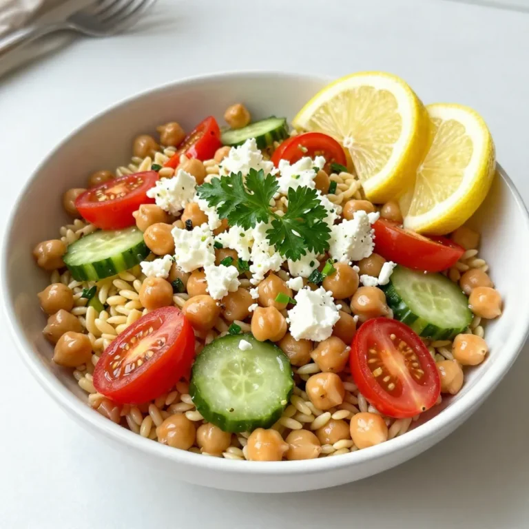 - 1 cup orzo pasta - 1 can (15 oz) chickpeas, drained and rinsed - 1 cup cherry tomatoes, halved - 1 cucumber, diced - 1/4 red onion, finely chopped - 1/4 cup fresh parsley, chopped - 1/4 cup bell pepper (any color), diced - 1/4 cup crumbled feta cheese (optional) - 3 tablespoons olive oil - 2 tablespoons lemon juice - 1 teaspoon lemon zest - 1 teaspoon dried oregano - Salt and pepper to taste When I make Lemony Chickpea Orzo Salad, I love how fresh and bright it feels. The orzo pasta serves as a great base. It cooks quickly and soaks up all the flavors. Chickpeas add protein and a nice texture. They are also simple to use, just drain and rinse them. The cherry tomatoes bring a pop of color and sweetness. I like to cut them in half for better bites. Cucumber adds crunch and coolness. Dice it small to mix well with the other veggies. Red onion gives a sharp taste that brightens the salad. I chop it finely so it blends well. Fresh parsley adds a lovely herb flavor. I always recommend using fresh herbs for the best taste. Bell pepper adds more color and sweetness. You can use any color you like. I often add feta cheese for creaminess, but it's optional. It makes the salad richer and savory. For the dressing, I mix olive oil, lemon juice, and lemon zest. This dressing is zesty and bright. The dried oregano gives a nice herbal note. I always add salt and pepper to taste, as it brings out the flavors. This salad is easy to make. You can customize it as you like. The mix of flavors makes it a favorite for warm days or picnics. {{ingredient_image_1}} To start, bring a pot of salted water to a boil. This step helps flavor the orzo. Once the water boils, add 1 cup of orzo pasta. Cook it for about 8 to 10 minutes until it is al dente. This means it should be firm but not hard. After cooking, drain the orzo in a colander. Rinse it with cold water to stop the cooking. Set the orzo aside for later. While the orzo cooks, prepare the salad base. In a large mixing bowl, combine the following ingredients: - 1 can (15 oz) chickpeas, drained and rinsed - 1 cup cherry tomatoes, halved - 1 cucumber, diced - 1/4 red onion, finely chopped - 1/4 cup fresh parsley, chopped - 1/4 cup bell pepper, diced Make sure to mix these well. The chickpeas add protein, and the veggies bring color and crunch. Next, you will make the dressing. In a small bowl, whisk together: - 3 tablespoons olive oil - 2 tablespoons lemon juice - 1 teaspoon lemon zest - 1 teaspoon dried oregano - Salt and pepper to taste This dressing ties all the flavors together. The lemon juice gives it a bright taste, while oregano adds depth. Now, it’s time to combine everything. Add the cooked orzo to the bowl with the salad base. Pour the dressing over the salad and mix gently. If you like, sprinkle in 1/4 cup of crumbled feta cheese. Toss everything lightly to coat the ingredients evenly. Lastly, let the salad chill in the refrigerator for about 15 minutes. This step allows the flavors to meld beautifully. Chilling also makes the salad refreshing and cool for serving. To make orzo just right, start by boiling salted water. Add the orzo once the water bubbles. Cook it for about 8 to 10 minutes. You want it to be al dente, which means it should have a slight bite when you chew it. After cooking, drain the orzo in a colander. Rinse it under cold water to stop the cooking process and prevent clumping. This step is key for keeping your salad light and fresh. To boost flavors, think about adding fresh herbs. Basil or mint can add a nice twist. You can also try spices like cumin or smoked paprika for a warm touch. When it comes to balancing flavors, use lemon juice for acidity. If it's too sharp, add a hint of honey or maple syrup. This will calm the flavors while keeping the dish bright and zesty. Presentation matters! Serve your salad in a large, colorful bowl. This draws the eye and makes it look appetizing. For garnish, sprinkle some extra parsley on top. You can also add lemon wedges on the side. This adds a pop of color and gives guests the option for more lemony flavor. Use a clear bowl to show off those vibrant colors! Pro Tips Cook Orzo Perfectly: Keep an eye on the orzo while cooking to ensure it doesn't get mushy. Aim for al dente for the best texture in the salad. Fresh Ingredients Matter: Use fresh vegetables and herbs for the best flavor. This salad is all about bright, fresh tastes! Chill for Flavor: Allow the salad to chill for at least 15 minutes before serving. This resting time helps the flavors meld together beautifully. Customize it: Feel free to add other veggies or proteins like grilled chicken or avocado to make it your own! {{image_2}} You can easily add protein to this salad. Grilled chicken or shrimp works great. These proteins enhance flavor and make the dish more filling. You could also try other beans, like black beans or kidney beans. They add a fun texture and extra nutrients. This salad is very flexible with veggies. You can swap in bell peppers or zucchini for a different taste. Try using seasonal vegetables too, like asparagus in spring or squash in fall. This way, you can always enjoy fresh flavors. If you want a vegan version, you can skip the feta cheese. Use a hormone-free substitute like tofu or vegan feta for creaminess. For the dressing, try using tahini or a simple vinaigrette. Both options keep the salad zesty and bright without dairy. To keep your Lemony Chickpea Orzo Salad fresh, use airtight containers. Glass containers work great, as they do not stain or absorb smells. If you plan to eat it later, keep the dressing separate. This helps keep the salad crisp and bright. Store the salad in the fridge and enjoy it within a few days. In the fridge, this salad lasts about 3 to 5 days. Always check for signs of spoilage. If the salad smells sour or looks slimy, it is best to throw it away. Freshness is key to enjoying this dish. To prepare this salad for lunches, cook the orzo and chop the veggies ahead of time. Layer cooked orzo, chickpeas, and veggies in meal prep containers. Keep the dressing in a small container. This way, the salad stays fresh until you are ready to eat. When packed correctly, it makes for a quick and healthy lunch option! Yes, you can make this salad ahead of time. To prepare it in advance, follow these steps: - Cook the orzo and let it cool completely. - Mix the chickpeas, vegetables, and dressing in a bowl. - Add the orzo just before serving to keep it fresh. - If you include feta cheese, add it right before serving too. This way, the salad stays crisp and tasty. This salad packs a nutritious punch. Here's the breakdown per serving: - Calories: About 320 - Protein: 12 grams - Carbs: 44 grams - Fats: 12 grams These values can vary based on the exact ingredients you use. To make this salad gluten-free, swap out the orzo. Here are some options: - Use gluten-free orzo made from rice or quinoa. - Substitute with gluten-free pasta, like brown rice pasta. - You can also use quinoa for a different texture. These options will keep your salad delicious and gluten-free! Absolutely! This salad is great for meal prep. Here are some tips: - Store the salad in airtight containers. - Keep the dressing separate until you're ready to eat. - The salad lasts up to four days in the fridge. This makes it easy to grab a healthy meal on the go! This salad combines fresh ingredients and simple steps for a tasty dish. We used orzo, chickpeas, and veggies, topped with a delicious dressing. Feel free to change it up with different proteins or veggies to suit your taste. Store leftovers properly for future meals. Enjoy this easy and healthy recipe any time!