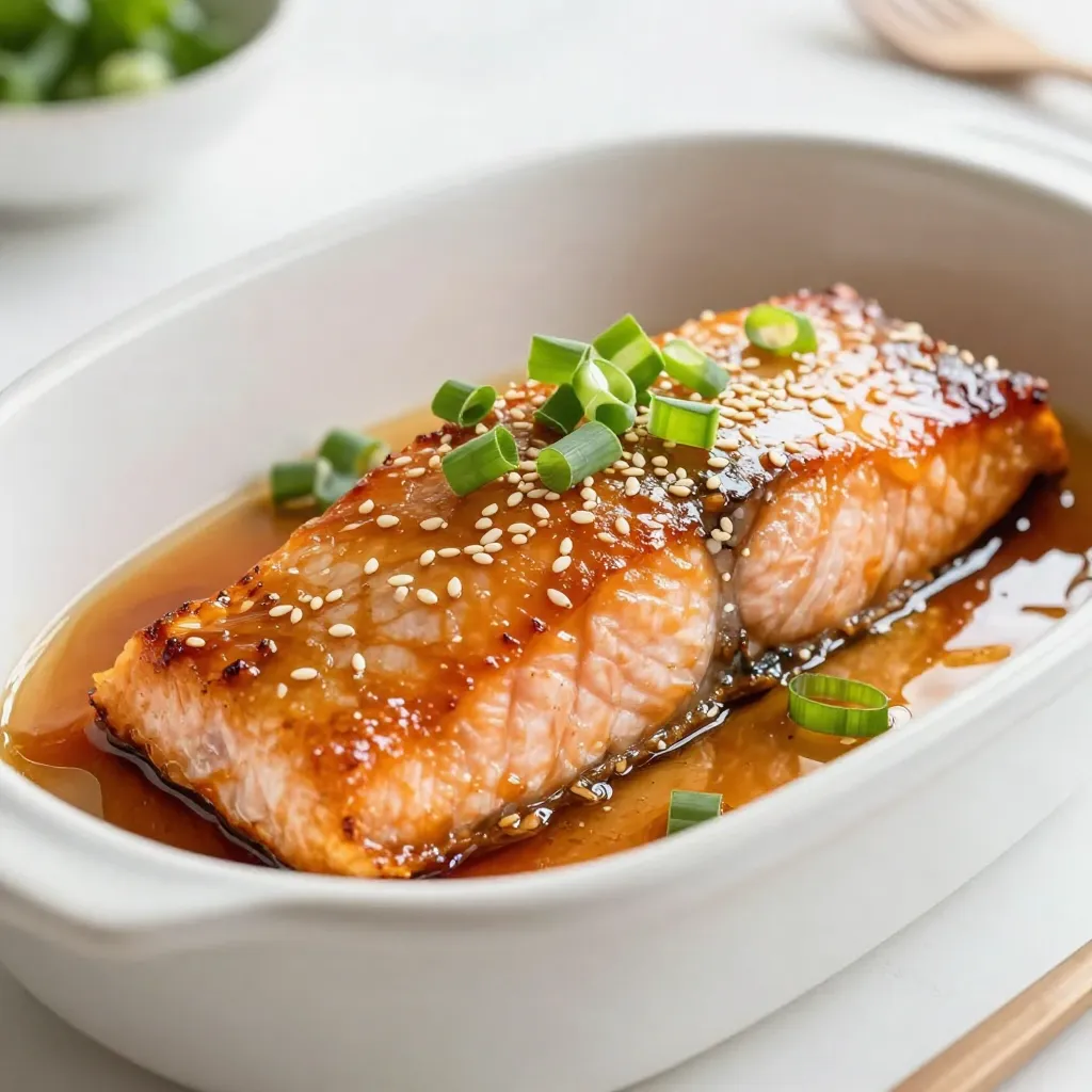 - 4 salmon fillets (about 6 ounces each) - 1/4 cup honey - 3 tablespoons soy sauce (low sodium preferred) - 4 cloves garlic, minced - 1 tablespoon fresh ginger, grated - 1 tablespoon olive oil - Salt and pepper to taste - 2 green onions, sliced (for garnish) - Sesame seeds (for garnish) Salmon fillets are the star of this dish. They are rich in omega-3 fatty acids. These healthy fats support heart health and add flavor. Honey gives the glaze a sweet touch. It balances the salty soy sauce well. Minced garlic adds a punch of flavor. Garlic is known for its health benefits, too. Fresh ginger provides warmth and a hint of spice. It makes the glaze more complex and tasty. Olive oil helps to sear the salmon. It adds a rich flavor and keeps the fish moist. If you need a substitute for salmon, try using trout or tilapia. Both are mild and cook well. For honey, maple syrup works too, though it will change the taste. If you want a gluten-free option, use tamari instead of soy sauce. You can skip ginger if you don’t have it, but it adds a nice touch. If you want less garlic, use only two cloves. {{ingredient_image_1}} To make the marinade, grab a medium bowl. Add 1/4 cup honey, 3 tablespoons soy sauce, 4 minced garlic cloves, and 1 tablespoon grated ginger. Whisk these ingredients together until they mix well. This sweet and savory sauce will give your salmon a great flavor. Now, take 4 salmon fillets and place them in a shallow dish. Pour the marinade over the salmon. Make sure the fish is well coated. Let the salmon marinate for at least 30 minutes. If you have time, go for 1 hour for even more flavor. This step makes your salmon taste amazing. While your salmon marinates, preheat your oven to 400°F (200°C). Heat 1 tablespoon of olive oil in an oven-safe skillet over medium-high heat. Once hot, take the salmon out of the marinade but keep the marinade for later. Place the salmon skin-side down in the skillet. Sear for about 3-4 minutes until the skin is crispy. After searing, flip the salmon over. Pour the reserved marinade on top. Then, transfer the skillet to the oven. Bake for 8-10 minutes or until the salmon flakes easily with a fork. If you want a nice glaze, broil for 2-3 minutes at the end. Just watch it so it doesn’t burn. When done, garnish with sliced green onions and sesame seeds. Enjoy your meal! To get that shiny, sticky glaze, you need the right balance. Use honey and soy sauce in equal parts. The honey gives sweetness, while soy adds salt. Whisk in garlic and ginger for extra flavor. Always marinate for at least 30 minutes. This helps the flavors soak in. If you want a deeper taste, marinate for up to an hour. When you bake the salmon, pour the reserved marinade over it. This adds more glaze and flavor. Searing and baking make a great combo for salmon. Start by searing the skin side down. This creates a crispy texture. Heat olive oil in an oven-safe skillet. When it’s hot, add the salmon. Sear for 3-4 minutes. Then, flip it over and pour in the marinade. Baking at 400°F is key. This cooks the salmon evenly. It usually takes 8-10 minutes. To check if it's done, use a fork. If it flakes easily, it’s ready! Honey garlic glazed salmon pairs well with lots of sides. Here are some tasty options: - Steamed broccoli - Roasted asparagus - Garlic mashed potatoes - Quinoa salad - Wild rice These sides not only taste great but also add color to your plate. Choose one or two to make a full meal. Enjoy your cooking! Pro Tips Marinating Time: For the best flavor, marinate the salmon for at least 1 hour. The longer it sits, the more the flavors will penetrate the fish. Choosing Salmon: Opt for wild-caught salmon if possible. It tends to have a richer flavor and better texture compared to farmed salmon. Perfect Searing: Ensure your skillet is hot before adding the salmon for a crispy skin. A little patience goes a long way in achieving that perfect sear. Glazing Technique: Broil the salmon at the end of cooking for a few minutes to enhance the glaze. Keep a close eye to prevent burning. {{image_2}} You can change the glaze to fit your taste. Try using maple syrup instead of honey for a rich flavor. You can also use teriyaki sauce for a sweet and savory twist. If you want some heat, add a bit of sriracha or chili paste to your marinade. Grilling is a great way to cook honey garlic glazed salmon. It adds a nice smoky flavor. Preheat your grill to medium-high heat. Place the salmon on the grill skin-side down. Cook for about 4-5 minutes per side. You can also pan-fry the salmon if you prefer. Use a non-stick skillet and heat some oil. Sear the salmon for 4-5 minutes on each side, just like in the oven method. If you want to try something new, use other types of fish. Tilapia or cod works great as they soak up flavors well. You can also use trout for a rich taste. Just make sure to adjust the cooking time, as these fish may cook faster than salmon. To store leftover salmon, let it cool first. Place the salmon in an airtight container. You can keep it in the fridge for up to three days. Make sure to cover it well to keep it fresh. If you have some glaze left, store that separately. This helps keep the flavors strong. If you want to keep salmon longer, freezing is a great option. Wrap each fillet in plastic wrap. Then place them in a freezer bag. Make sure to squeeze out as much air as possible. Label the bag with the date. You can freeze salmon for up to three months. When you're ready to use it, thaw it in the fridge overnight. To reheat salmon, preheat your oven to 350°F (175°C). Place the salmon on a baking sheet. Cover it with foil to keep it moist. Heat for about 10-15 minutes. You can also use the microwave. Just heat it for 30 seconds at a time until warm. Avoid overcooking, as it can make the salmon dry. Enjoy your tasty leftovers! You should marinate salmon for at least 30 minutes. This time allows the flavors to soak in well. For even better taste, try marinating for up to 1 hour. The longer it sits, the more flavor it gains. Yes, you can use salmon fillets with skin on. The skin helps keep the fish moist while cooking. Plus, it adds a nice crispy texture when seared. Just place the fillets skin-side down in the pan. Honey garlic glazed salmon goes well with many sides. Here are some great options: - Steamed rice - Quinoa - Roasted vegetables - Stir-fried greens - Garlic mashed potatoes These sides will balance the sweet and savory flavors of the dish. Choose what you enjoy most! This blog post covered everything you need to know about making honey garlic glazed salmon. We explored key ingredients, step-by-step cooking methods, and handy tips for the best results. Variations let you mix up flavors or use different fish. Plus, I shared storage tips for leftovers and answered common questions. Now you can confidently cook delicious salmon meals. Enjoy the joy of cooking and the great taste of your dish!