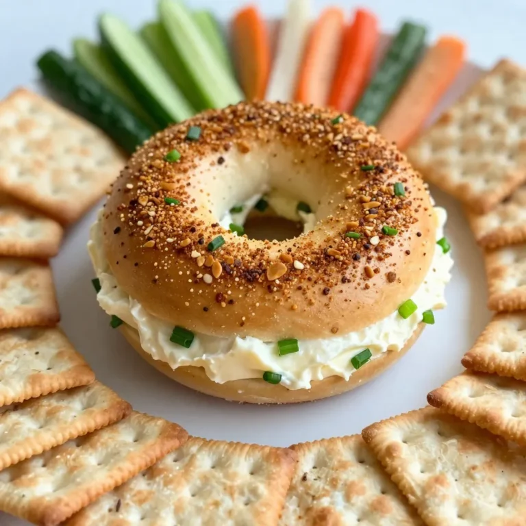 To make this tasty Everything Bagel Cheese Ball, you need these ingredients: - 16 oz cream cheese, softened - 1 cup sharp cheddar cheese, shredded - 1/2 cup chives, finely chopped - 1/2 cup green onions, finely chopped - 1/4 cup sour cream - 1 tablespoon Worcestershire sauce - 1 tablespoon garlic powder - 1 tablespoon onion powder - 2 tablespoons Everything Bagel seasoning - Optional: assorted crackers and vegetable sticks for serving You can serve your cheese ball with: - Crackers: Choose your favorites, like wheat or rice crackers. - Veggie sticks: Carrots, celery, and bell peppers add crunch and color. - Pita chips: These bring a nice texture and flavor. Per serving (assuming 10 servings): - Calories: 200 - Protein: 6g - Total Fat: 18g - Saturated Fat: 10g - Carbohydrates: 4g - Dietary Fiber: 0g - Sugars: 1g - Sodium: 300mg This information helps you keep track of what you eat. Enjoy your cheese ball and share with friends! {{ingredient_image_1}} Start by taking a large bowl. Add 16 oz of softened cream cheese. Next, mix in 1 cup of shredded sharp cheddar cheese. Then, add 1/4 cup of sour cream and 1 tablespoon of Worcestershire sauce. Use a hand mixer or spatula to blend until smooth. This step is key for a creamy texture. After that, fold in 1/2 cup of finely chopped chives and 1/2 cup of finely chopped green onions. Also, mix in 1 tablespoon each of garlic powder and onion powder. Finally, add 2 tablespoons of Everything Bagel seasoning. Make sure everything is well combined for full flavor. Now it's time to shape the mixture. Take a handful of the cheese mix and form it into a ball. Use your hands to get the right shape. Once you have the ball, roll it in the leftover Everything Bagel seasoning. Make sure it gets fully coated. This gives the cheese ball its signature look and taste. After coating, wrap the cheese ball in plastic wrap. This helps keep it fresh. Place it in the refrigerator for at least 2 hours. Chilling lets the flavors meld together nicely. When you’re ready to serve, take it out and let it sit for about 15 minutes. This makes it easier to slice. Then, place it on a platter with your favorite crackers and vegetable sticks. Enjoy your tasty treat! To get the best texture for your cheese ball, start with softened cream cheese. If it’s cold, it will be hard to mix. Use a hand mixer or spatula to blend until smooth. This step is key for a creamy finish. When you fold in the chives and onions, do it gently. This keeps the mixture light and fluffy. You can add more flavor by trying different cheeses. Creamy goat cheese or tangy feta can work well. If you want a kick, add some diced jalapeños or a dash of hot sauce. For a fresh twist, mix in some herbs like dill or parsley. You can also swap sour cream for Greek yogurt to make it healthier. Serve your cheese ball with a variety of crackers. Think about using whole grain or flavored options. Fresh vegetable sticks like carrots and celery add crunch and color. Try pairing it with sliced apples for a sweet touch. This cheese ball also goes well with wine or a light beer. Pro Tips Use Fresh Herbs: Fresh chives and green onions will enhance the flavor of your cheese ball compared to dried herbs. Chill Before Serving: Allowing the cheese ball to chill for at least two hours helps the flavors to meld together beautifully. Variety of Dippers: Serve with a mix of crackers, pretzels, and vegetable sticks to provide a range of textures and flavors. Customize the Seasoning: Feel free to adjust the amount of Everything Bagel seasoning to suit your taste preferences. {{image_2}} You can mix up the cheese for fun flavors. Try using cream cheese and feta for a tangy twist. Go for goat cheese if you want a creamier texture. You can also use mozzarella for a milder, stretchy cheese. Each choice adds a unique taste to your cheese ball. Feel free to play with spices and herbs. Add dill or parsley for fresh notes. If you like heat, include some red pepper flakes. For a smoky flavor, use smoked paprika. These small changes can make your cheese ball stand out at any party. Serving can be just as fun as making the cheese ball. Pair it with a variety of crackers and breadsticks. Fresh vegetable sticks, like carrots and celery, add crunch. You could also serve it with apple slices for a sweet touch. Consider a cheese board with fruits and nuts to impress guests. To keep your Everything Bagel Cheese Ball fresh, wrap it in plastic wrap. Place it in an airtight container. Store it in the fridge. This helps lock in flavor and moisture. If you use it within a few days, it will taste great! You can freeze the cheese ball if you want to keep it longer. Wrap it tightly in plastic wrap first. Then, place it in a freezer-safe bag. Try to push out all the air before sealing. It can last up to three months in the freezer. To thaw, place it in the fridge overnight. The cheese ball lasts about a week in the fridge. If you notice any change in smell or texture, it’s best to toss it. You don’t need to reheat the cheese ball. Serve it cold or let it sit at room temp for about 15 minutes before serving. Enjoy it with crackers or veggies! Everything Bagel seasoning is a mix of spices and seeds. It usually includes sesame seeds, poppy seeds, garlic flakes, onion flakes, and salt. This blend gives your dishes a savory, crunchy taste. It works great on bagels but can also spice up other foods. You can sprinkle it on salads, roasted veggies, or even popcorn for added flavor. This seasoning adds a fun twist to the cheese ball, making it extra tasty. Yes, you can make this cheese ball ahead of time. In fact, it tastes better after some time in the fridge. You should chill it for at least two hours. This allows the flavors to blend and grow deeper. You can even make it a day before your event. Just wrap it tightly in plastic wrap and keep it in the fridge. When it’s time to serve, let it sit out for about 15 minutes. This helps it soften a bit and makes it easier to spread. Serving an Everything Bagel Cheese Ball is easy and fun. You can place it on a nice platter. Add assorted crackers and vegetable sticks around it. Carrots, celery, and bell peppers work great for dipping. You can also serve it with pita chips for a crunchy option. It makes a perfect snack for parties, game days, or family gatherings. Your guests will love the mix of flavors and textures. Enjoy sharing this tasty treat! In this post, I shared how to make a delicious cheese ball with everything bagel seasoning. We covered the key ingredients, step-by-step instructions, and useful tips. You learned about variations to fit your taste and how to store your creation for later. Making this cheese ball is easy and fun. I hope you try it out at your next gathering. Enjoy the creamy flavor and great texture you create!