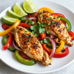 - 4 boneless, skinless chicken breasts - 2 tablespoons olive oil - 2 teaspoons chili powder - 1 teaspoon cumin - 1 teaspoon garlic powder - 1 teaspoon onion powder - 1 teaspoon smoked paprika - Salt and pepper, to taste - 1 red bell pepper, sliced - 1 yellow bell pepper, sliced - 1 green bell pepper, sliced - 1 large red onion, sliced - Fresh lime wedges, for serving - Fresh cilantro, for garnish The chicken is the star here. I prefer boneless, skinless breasts for quick cooking. They soak up the marinade well, making every bite tasty. The colorful bell peppers and onion add crunch and sweetness. Together, they balance the spices beautifully. - 2 tablespoons = 30 milliliters - 1 teaspoon = 5 milliliters - 425&deg;F = 220&deg;C If you don&rsquo;t have chili powder, you can use paprika. For cumin, try coriander. These swaps keep the flavor strong. - Choose firm, bright bell peppers. They should feel heavy for their size. - Look for onions with smooth skin and no soft spots. - Store spices in a cool, dark place. This keeps them fresh longer. {{ingredient_image_1}} First, preheat your oven to 425&deg;F (220&deg;C). This step ensures even cooking. While your oven warms up, grab a large baking sheet and line it with parchment paper. This makes cleaning easier later. Next, you&rsquo;ll want to make the marinade. In a small bowl, mix together: - 2 tablespoons olive oil - 2 teaspoons chili powder - 1 teaspoon cumin - 1 teaspoon garlic powder - 1 teaspoon onion powder - 1 teaspoon smoked paprika - Salt and pepper, to taste Stir these ingredients well. Now, take your chicken breasts and place them in a large mixing bowl. Pour the marinade over the chicken, making sure each piece is well coated. Now it&rsquo;s time to assemble everything on the baking sheet. Place the marinated chicken breasts in the center of the sheet pan. Next, scatter the sliced bell peppers and red onion around the chicken. This allows the flavors to mix as they bake. If you have leftover marinade, drizzle it over the vegetables for extra taste. Put the sheet pan in the preheated oven. Bake for 25-30 minutes. You want the chicken to reach an internal temperature of 165&deg;F (75&deg;C). Check the chicken with a meat thermometer. When it&rsquo;s done, the vegetables should be tender too. Finally, remove the pan from the oven and let it rest for 5 minutes before slicing the chicken. To enhance the flavors of your fajita chicken, use a good marinade. The mix of spices is key. I like to use chili powder, cumin, garlic powder, onion powder, and smoked paprika. This blend adds depth. You should marinate the chicken for at least 30 minutes. If you have more time, let it sit for up to two hours. This way, the chicken absorbs all those tasty flavors. To avoid dry chicken, do not overcook it. Always check the internal temperature. Chicken should reach 165&deg;F (75&deg;C). This ensures it stays juicy and tender. Keep an eye on your veggies, too. You want them to have a nice crunch. Bake them until they soften but still hold their shape. This adds a great texture. For sides, consider serving rice or warm tortillas. They pair well with the chicken and veggies. Black beans or corn salad also make great additions. For garnishing, add fresh lime wedges and chopped cilantro. This adds color and a burst of flavor. You can also serve with avocado slices for a creamy touch. Pro Tips Marinate Longer: For even more flavor, marinate the chicken for at least 30 minutes, or up to overnight in the refrigerator. Customize Your Veggies: Feel free to add other vegetables like zucchini or mushrooms for added texture and flavor. Check for Doneness: Always use a meat thermometer to ensure the chicken reaches the safe internal temperature of 165&deg;F (75&deg;C). Serve with Toppings: Enhance your fajitas with toppings like avocado, sour cream, or cheese for a delicious finish. {{image_2}} You can spice up your sheet pan fajita chicken in fun ways. If you like heat, add more chili powder or sliced jalape&ntilde;os. For a milder twist, try using sweet paprika instead of smoked paprika. You can also mix in some lime zest for a fresh kick. If you enjoy herbs, consider adding fresh cilantro or oregano to the marinade. These options let you customize the dish to your taste. If you need gluten-free options, this recipe is perfect as-is. All ingredients are naturally gluten-free. For those on a low-carb diet, skip the bell peppers and serve the chicken in lettuce wraps instead. You can also pair it with cauliflower rice for a tasty, low-carb alternative. These modifications help you enjoy the dish while sticking to your dietary needs. You have choices in how to serve your fajita chicken. You can keep it classic with warm tortillas for fajitas. Simply slice the chicken and fill the tortillas with veggies, chicken, and your favorite toppings. If you prefer bowls, layer rice or quinoa, topped with chicken and veggies. For a fun twist, roll up the chicken and veggies in a tortilla for a wrap. This adds a new texture and makes it easy to eat. To keep your fajita chicken fresh, store leftovers in the fridge. Use an airtight container. This helps keep moisture in and smells out. Place the chicken and veggies together for easy access. Your leftovers will stay good for three to four days. When you want to enjoy leftovers, the best way to reheat is in the oven. Preheat to 350&deg;F (175&deg;C). Place the chicken and veggies on a baking sheet. Heat for about 10-15 minutes. This keeps them warm and helps avoid sogginess. You can also use the microwave, but be careful. Heat in short bursts to prevent the chicken from drying out. If you have extra fajita chicken, freezing it is a great option. First, let it cool completely. Then, wrap it tightly in plastic wrap. Place it in a freezer bag. Remove as much air as you can. This will keep it fresh for up to three months. When you&rsquo;re ready to eat, thaw in the fridge overnight or use the microwave. Enjoy your easy meal anytime! Bake the fajita chicken for 25-30 minutes. Set your oven to 425&deg;F (220&deg;C). The chicken should cook until it reaches 165&deg;F (75&deg;C). This way, you ensure it is safe and juicy. Yes, you can use other proteins. Beef strips work well for a heartier meal. Shrimp is also a tasty option. For a plant-based choice, try marinated tofu or tempeh. Adjust cooking times to fit the protein you choose. Many sides complement fajita chicken. Consider serving it with: - Warm tortillas - Cilantro lime rice - Refried beans - Corn salad - Guacamole These sides add color and flavor to your meal. Check the chicken&rsquo;s internal temperature. It should reach 165&deg;F (75&deg;C). Use a meat thermometer for accuracy. When the chicken is done, it will be firm and no longer pink inside. This guide covered the key points for making perfect sheet pan fajita chicken. You learned about essential ingredients, measurement conversions, and freshness tips. I shared step-by-step baking instructions and helpful cooking tips to enhance your meal. Experimenting with flavor variations, dietary changes, and serving styles makes this dish versatile. Store and reheat leftovers effectively for future meals. Follow this advice, and you&rsquo;ll enjoy delicious fajitas every time. Happy cooking!