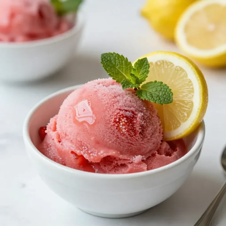 For this Frozen Strawberry Lemonade Sorbet, you need: - 2 cups fresh strawberries, hulled and halved - 1 cup fresh lemon juice (about 4-6 lemons) - 1 teaspoon lemon zest - 1 1/2 cups water Fresh strawberries give the sorbet a bright flavor. Choose ripe berries for the best taste. Fresh lemon juice adds tang and brightness, so avoid bottled juice. The zest gives a nice lemon blast that enhances the flavor. You will use: - 1/2 cup granulated sugar - 1 tablespoon agave syrup (optional, for added sweetness) Granulated sugar sweetens the strawberries and blends well with the lemon. You can add agave syrup for extra sweetness if you like it sweeter. Adjust the amount based on your taste preference. To make your sorbet look great, you can add: - Fresh mint leaves, for garnish Mint leaves add a pop of color and freshness. They pair well with the sorbet's sweet and tart flavors. You can also add a lemon slice for a fun touch. {{ingredient_image_1}} First, gather your fresh strawberries. You need two cups of hulled and halved strawberries. This means you remove the green tops and cut them in half. Place the strawberries in a blender or food processor. Add half a cup of granulated sugar. Blend the mixture until it is smooth. This step helps to release the sweet juices from the strawberries. Set this mixture aside to macerate for about ten minutes. This waiting time helps the flavors deepen. Next, grab a medium saucepan. Combine one and a half cups of water, one cup of fresh lemon juice, and one teaspoon of lemon zest. The juice usually comes from about four to six lemons. If you like extra sweetness, add one tablespoon of agave syrup. Heat the mixture gently over medium heat. Stir occasionally until the sugar fully dissolves. It should feel warm, but do not boil it. Once the sugar is dissolved, remove the pan from the heat and let it cool slightly. Now, mix the strawberry puree into the lemon-water mixture. Stir until both mixtures combine well. Pour this blend into a shallow container or a freezer-safe dish. Cover it with a lid or plastic wrap. Place it in the freezer. After about one hour, take the container out. Use a fork to stir and break up any ice crystals that form. Repeat this stirring every thirty minutes for about two to three hours. Keep mixing until the sorbet is firm yet smooth. Once ready, scoop the sorbet into bowls or cones for serving. Enjoy your refreshing treat! To get a smooth and creamy sorbet, stir it often while it freezes. Every 30 minutes, take it out of the freezer and mix it with a fork. This breaks up ice crystals and keeps the texture smooth. Aim for a consistency that is firm but not too hard. If you want it softer, let it sit at room temperature for a few minutes before serving. Store your sorbet in a shallow container. This helps it freeze evenly. Cover it tightly with a lid or plastic wrap to keep it fresh. If stored properly, it can last in the freezer for up to two weeks. You may need to stir it again after some days to keep it from becoming icy. Serve your sorbet in chilled bowls for a nice touch. You can also use cones for a fun twist. Garnish each serving with fresh mint leaves and a slice of lemon. This adds color and makes it look fancy. Pair it with a light snack or enjoy it on its own as a cool treat. Pro Tips Use Frozen Strawberries: For an even smoother texture, you can use frozen strawberries instead of fresh ones. Just make sure to let them thaw slightly before blending. Adjust Sweetness: Taste the mixture before freezing. Depending on the tartness of your lemons and strawberries, you may want to adjust the sugar or agave syrup to your liking. Prevent Ice Crystals: Stirring the mixture every 30 minutes while freezing helps break up ice crystals, ensuring a creamier sorbet. Don’t skip this step! Garnish Creatively: Enhance presentation by serving the sorbet in fancy glasses and adding garnishes like edible flowers or a colorful fruit skewer for a stunning look. {{image_2}} You can mix things up with other fruits. Try using raspberries, blueberries, or peaches. Each fruit brings its own flavor. For example, raspberries add a nice tartness. Blueberries offer a sweeter taste. Peaches can give a nice summer feel. Just replace the strawberries with your chosen fruit in the recipe. You can change the sweetness to fit your taste. If you like it sweeter, add more sugar or agave syrup. If you prefer less sweetness, reduce the sugar. Taste the mixture before freezing. This way, you can adjust it to your liking. Remember, the sweetness will change a bit when frozen. This sorbet can easily be made vegan. The main ingredients are already plant-based. Just make sure to use agave syrup instead of honey. This keeps it fully vegan and delicious. You can also explore using coconut milk for a creamier texture. This adds a nice coconut flavor too. To store your Frozen Strawberry Lemonade Sorbet, place it in an airtight container. Use a shallow dish for best results. This helps the sorbet freeze evenly. Cover the container tightly to prevent ice crystals from forming. If you want, you can also layer plastic wrap on top before sealing. This adds extra protection against freezer burn. When you want to enjoy your sorbet, take it out of the freezer. Let it sit at room temperature for about 10-15 minutes. This softens it and makes scooping easier. If you need it softer, you can microwave it for a few seconds. Just be careful not to melt it. Your Frozen Strawberry Lemonade Sorbet can last in the freezer for about 2-3 weeks. After this time, it may lose its flavor and texture. Always check for any signs of freezer burn. If it looks icy or has changed color, it may be time to toss it. To keep the flavor fresh, try to finish it sooner rather than later. You can make this sorbet without a blender. Start by mashing the hulled strawberries with a fork in a bowl. Once you have a chunky puree, mix in the granulated sugar. Let it sit for 10 minutes to draw out the juices. Next, combine this strawberry mixture with your lemon juice, water, and zest. Stir well until mixed. Pour it into a shallow container and freeze. Stir every 30 minutes to break up ice crystals until smooth and firm. Yes, you can use frozen strawberries! They work well in sorbet. Just let them thaw for about 15 minutes before you mash them. This helps to get a smoother texture. You might need a little extra sugar since frozen berries can be less sweet. Follow the same steps for mixing and freezing to get that refreshing taste. If you don’t have agave syrup, you can use honey or maple syrup. Both add sweetness and flavor. If you want a sugar-free option, try using a sugar substitute like stevia or erythritol. Just remember, these sweeteners can vary in sweetness, so adjust to taste. Add your chosen sweetener when mixing with the lemon-water mix. In this post, you learned about the key ingredients for a tasty strawberry lemonade sorbet. We covered how to make a fresh strawberry puree and the importance of sweeteners. You also discovered tips on achieving the right texture and serving suggestions. Remember, you can try different fruits and adjust sweetness to suit your taste. Proper storage ensures your sorbet stays fresh longer. Enjoy experimenting and creating your own refreshing treats!