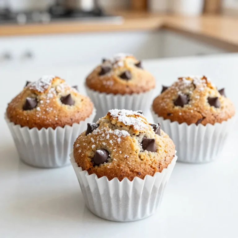 To make Chocolate Chip Banana Bread Muffins, you need some simple ingredients. Here is what you will need: - 3 ripe bananas, mashed - 1/2 cup granulated sugar - 1/4 cup brown sugar, packed - 1/3 cup melted coconut oil - 2 large eggs - 1 teaspoon vanilla extract - 1 teaspoon baking soda - 1/2 teaspoon salt - 1 teaspoon ground cinnamon - 1 1/2 cups all-purpose flour - 1 cup semi-sweet chocolate chips - 1/2 cup walnuts or pecans, chopped (optional) These ingredients blend together to create a moist and flavorful muffin. The ripe bananas add natural sweetness and moisture. Coconut oil makes the muffins rich and soft. The chocolate chips bring a delicious, sweet touch. If you like nuts, adding walnuts or pecans gives a nice crunch. This combination is simple yet so satisfying. Make sure your bananas are ripe for the best flavor. The sugars enhance the sweetness, while cinnamon adds warmth. This list keeps it easy and fun for you. Enjoy gathering these items and getting ready to bake! {{ingredient_image_1}} 1. Preheat oven and prepare muffin tin: Start by setting your oven to 350°F (175°C). Line a muffin tin with paper liners or lightly grease it with non-stick spray. 2. Mix wet ingredients: In a large bowl, mash the 3 ripe bananas. Add 1/2 cup granulated sugar, 1/4 cup brown sugar, and 1/3 cup melted coconut oil. Stir until the mixture is smooth and well combined. 3. Combine dry ingredients and mix: In another bowl, whisk together 1 teaspoon baking soda, 1/2 teaspoon salt, 1 teaspoon ground cinnamon, and 1 1/2 cups all-purpose flour. Slowly add this dry mix to the wet ingredients. Stir gently to combine, but don't overmix. 4. Fold in chocolate chips and nuts: Add 1 cup semi-sweet chocolate chips and 1/2 cup chopped walnuts or pecans if you want. Carefully fold them into the batter until they are evenly spread. 1. Fill muffin tins and bake: Spoon the batter into the prepared muffin tins, filling each cup about 2/3 full. Place the tin in the preheated oven. 2. Test for doneness: Bake for 18-20 minutes. To check if they are ready, insert a toothpick into the center of a muffin. If it comes out clean or with a few crumbs, they are done. Enjoy the process! These muffins will fill your kitchen with a wonderful smell! - Avoid overmixing the batter: Overmixing can make your muffins tough. Mix just until the dry and wet ingredients blend. This keeps the muffins light and fluffy. - Tips for perfect texture: Use ripe bananas. They add moisture and sweetness. Measure flour correctly. Too much flour makes muffins dry. Use the spoon and level method. - Presentation tips with powdered sugar and chocolate: Dust warm muffins with powdered sugar. Or drizzle melted chocolate over the top for a sweet touch. Both make the muffins look great and taste even better. - Best ways to enjoy warm muffins: Serve muffins warm from the oven. They taste best fresh. You can pair them with butter or your favorite spread. Enjoy with a cup of coffee or tea for a cozy treat. Pro Tips Use Overripe Bananas: The riper the bananas, the sweeter and more flavorful your muffins will be. Look for bananas with brown spots for the best results. Don’t Overmix the Batter: To keep your muffins light and fluffy, mix the wet and dry ingredients until just combined. A few lumps are perfectly fine! Customize Your Mix-ins: Feel free to experiment with different nuts, dried fruits, or even spices like nutmeg to personalize your muffins to your taste. Storing Muffins: Store leftover muffins in an airtight container at room temperature for up to 3 days, or freeze them for longer storage. Just reheat before serving! {{image_2}} You can change a few ingredients to suit your taste. If you need an alternative for coconut oil, use unsalted butter. It gives a rich flavor. You can also try using applesauce instead of oil. It makes the muffins moist and adds sweetness. For sugar, you can use honey or maple syrup. Just remember to adjust the liquid in your recipe. If you like nuts, swap walnuts for pecans. You can also use almonds or hazelnuts for a different crunch. To make your muffins even better, think about adding spices or extracts. A pinch of nutmeg or a dash of almond extract can really boost the flavor. You could also try adding pumpkin spice for a cozy taste. Incorporating fruits is another great idea. Chopped strawberries or blueberries can add a burst of freshness. You can even mix in shredded coconut for a tropical vibe. These small tweaks can make your muffins unique and tasty! To keep your muffins fresh for a few days, place them in an airtight container. You can use a plastic or glass container with a tight lid. Make sure the muffins are completely cool before you store them. If you leave them out, they may get dry. You can also wrap them in plastic wrap for extra protection. Store them at room temperature for up to three days. If you want to keep them longer, the fridge is not the best choice. It can make your muffins dry too fast. For long-term storage, freezing is a great option. To freeze, let the muffins cool completely first. Wrap each muffin tightly in plastic wrap or aluminum foil. Then, place the wrapped muffins in a freezer-safe bag. Make sure to remove as much air as possible to prevent freezer burn. You can freeze them for up to three months. When you're ready to enjoy them, take out a muffin and let it thaw at room temperature. If you want, you can reheat it in the oven at 350°F (175°C) for about 10 minutes. This will bring back the warm, fresh taste. How to ripen bananas quickly for baking? To ripen bananas fast, place them in a paper bag. Add an apple or a tomato. They release ethylene gas, which speeds up ripening. Check every day. Bananas will turn brown and soft in a few days. Can I make these muffins gluten-free? Yes, you can. Use a gluten-free flour blend. Make sure it has a good binding agent. Almond flour or oat flour are good options. Adjust the baking time if needed. How do I prevent muffins from sticking to the liners? To stop muffins from sticking, use high-quality liners. Lightly spray them with non-stick spray. This extra step helps remove muffins easily after baking. Why are my muffins dense? Dense muffins can happen for a few reasons. Overmixing the batter is a common cause. Make sure to mix just until combined. Using too much flour can also lead to density. Measure flour correctly. How to fix muffins that have sunk in the middle? If muffins sink in the middle, it could be due to underbaking. Always test with a toothpick. If the toothpick comes out wet, bake a bit longer. Also, check the oven temperature. An oven that is too hot can cause sinking too. You now have all the tools to bake delicious muffins using ripe bananas. We covered the key ingredients, preparation steps, and baking tips. Remember to mix your wet and dry ingredients carefully to avoid dense muffins. Explore variations and storage options for the best results. With practice, you’ll master this recipe and enjoy warm muffins anytime. Happy baking!