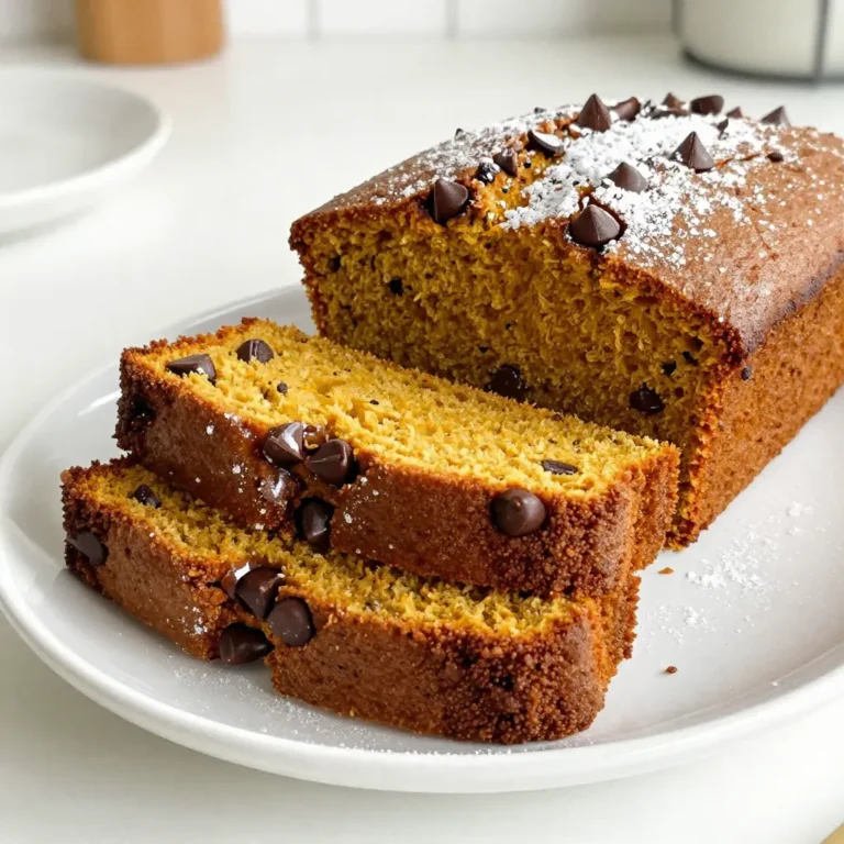 To make a tasty chocolate chip pumpkin bread, you will need: - 1 cup canned pumpkin puree - 1/2 cup vegetable oil - 1 cup brown sugar, packed - 1/2 cup granulated sugar - 2 large eggs - 1 teaspoon vanilla extract - 1 1/2 cups all-purpose flour - 1 teaspoon baking soda - 1/2 teaspoon baking powder - 1/2 teaspoon salt - 1 teaspoon ground cinnamon - 1/2 teaspoon ground nutmeg - 1/4 teaspoon ground ginger - 1 cup semi-sweet chocolate chips - Optional: 1/2 cup chopped nuts (walnuts or pecans) If you need to swap some items, here are some ideas: - Use applesauce instead of vegetable oil for a lighter loaf. - Replace brown sugar with coconut sugar for a different taste. - You can use almond flour instead of all-purpose flour for a gluten-free option. - If you do not have chocolate chips, try using dried fruit like cranberries. Choosing good ingredients makes a big difference. Here are some helpful tips: - Look for 100% pure pumpkin puree, not pumpkin pie filling. - Check oils to ensure they are fresh and free from additives. - Use fresh eggs for the best flavor and texture. - Choose spices that are aromatic and not stale. Fresh spices enhance your bread’s taste. - For chocolate chips, select high-quality brands for rich flavor. {{ingredient_image_1}} To start, I preheat my oven to 350°F (175°C) and grease a 9x5 inch loaf pan. This helps the bread slide out easily once it bakes. Next, I grab a large mixing bowl. I combine the canned pumpkin puree, vegetable oil, brown sugar, and granulated sugar. I mix these until smooth. Then, I add the eggs, one at a time. Mixing well after each egg ensures a nice, fluffy batter. After that, I stir in the vanilla extract for a warm flavor. In a separate bowl, I whisk together the dry ingredients. This includes the all-purpose flour, baking soda, baking powder, salt, cinnamon, nutmeg, and ginger. I make sure these blend well. Gradually, I add this dry mix to the wet mixture. I stir gently until just combined. Overmixing can make the bread tough. Finally, I fold in the semi-sweet chocolate chips and, if desired, the chopped nuts. This adds a delightful crunch and flavor. Now that my batter is ready, I pour it into the prepared loaf pan. I smooth the top with a spatula for an even bake. I place the pan in the oven and bake for 55 to 65 minutes. I check for doneness by inserting a toothpick in the center. If it comes out clean, the bread is done. Once the bread is baked, I remove it from the oven. I let it cool in the pan for about 10 minutes. This helps it set before I transfer it to a wire rack for complete cooling. For serving, I slice the bread and enjoy it warm. A pat of butter makes it even better. I also like to dust it with powdered sugar for a sweet touch. If I want a pretty crust, I sprinkle more chocolate chips on top before baking. This adds a nice visual and extra flavor. When making chocolate chip pumpkin bread, some mistakes can spoil your fun. Here are key points to remember: - Overmixing the batter: Stir just until combined. Overmixing makes the bread tough. - Using cold eggs: Always use room temperature eggs. They mix better with other ingredients. - Not greasing the pan: A greased pan helps the bread come out easily. Don’t skip this step! - Not checking doneness: Use a toothpick to test if it’s done. If it comes out clean, it’s ready. To get that soft and moist texture, follow these tips: - Use canned pumpkin puree: It gives moisture and flavor. Avoid fresh pumpkin as it can be too watery. - Measure flour correctly: Use the spoon-and-level method. Too much flour can make the bread dry. - Don’t skip the oil: The vegetable oil keeps the bread moist and tender. - Let it cool: Cooling helps the flavors develop. Wait at least 10 minutes before slicing. You can take your chocolate chip pumpkin bread to the next level with these add-ins: - Chopped nuts: Walnuts or pecans add crunch and depth. Use about 1/2 cup. - Dried fruit: Raisins or cranberries can add sweetness. Try 1/2 cup for a fruity twist. - Spices: Add cloves or allspice for more warmth. Just a pinch can make a big difference. - Extra chocolate: Sprinkle chocolate chips on top before baking. This gives a lovely finish. Feel free to mix and match these ideas to make the recipe your own! Pro Tips Use Fresh Spices: For the best flavor, use freshly ground spices instead of pre-ground ones. This will enhance the aromatic qualities of your pumpkin bread. Check for Doneness: Instead of relying solely on the baking time, use a toothpick to check the center. It should come out clean or with a few moist crumbs. Cool Properly: Allow the bread to cool in the pan for about 10 minutes before transferring it to a wire rack. This helps prevent it from becoming soggy. Storage Tips: Store any leftovers in an airtight container at room temperature for up to 3 days, or refrigerate for longer freshness. {{image_2}} If you want a nut-free option, just skip the nuts. You can still enjoy the rich flavors of chocolate and pumpkin. The bread will stay moist and fluffy without them. This makes it perfect for kids or those with nut allergies. Just follow the same recipe and leave out the 1/2 cup of chopped nuts. The chocolate chips will add enough texture and sweetness. To make this bread gluten-free, swap the all-purpose flour with a gluten-free blend. Look for a blend that includes xanthan gum. This helps bind the ingredients. You can also use almond flour as an alternative. Keep the other ingredients the same to keep the flavor intact. The bread will still rise well and taste delicious. Want to spice things up? You can add extra spices like cloves or allspice. This gives the bread a warm, cozy flavor. For a hint of spice, use 1/4 teaspoon of ground cloves or allspice. Mix them in with the other dry ingredients. You can also add a pinch of cayenne for a little heat. This way, you can create a unique twist that suits your taste. To keep your chocolate chip pumpkin bread fresh, store it in an airtight container. You can leave it at room temperature for up to three days. If you want it to last longer, keep it in the fridge. Just make sure it’s wrapped well to avoid drying out. Freezing is a great way to save your bread. First, let the bread cool completely. Then, wrap it in plastic wrap or aluminum foil. Place it in a freezer-safe bag. It can last up to three months in the freezer. When you’re ready to enjoy it, just thaw it in the fridge overnight. To reheat your bread, slice it first. You can use a microwave or an oven. For the microwave, heat each slice for about 15-20 seconds. If you prefer the oven, set it to 350°F (175°C) and warm the slices for about 10 minutes. This will help restore its soft texture and melt the chocolate chips again. Enjoy your warm, tasty treat! Chocolate Chip Pumpkin Bread lasts about 4 to 5 days at room temperature. Store it in an airtight container. If you want it to last longer, keep it in the fridge. This way, it can stay fresh for a week. You can also freeze it for up to three months. Just wrap it well in plastic wrap and foil. Yes, you can make this recipe without eggs. Use 1/4 cup of unsweetened applesauce for each egg. This will keep the bread moist and help it rise. You can also try using a flax egg. Mix 1 tablespoon of ground flaxseed with 2.5 tablespoons of water. Let it sit for 5 minutes before adding it to the mix. Both options work well and keep the bread tasty. If you don't have pumpkin puree, you can use mashed banana or applesauce. Both will give a nice flavor and moisture. Sweet potato puree is another great option. Just ensure that whatever you use is smooth. This keeps the texture of the bread nice and soft. Yes, this recipe is great for beginners. The steps are simple and clear, making it easy to follow. You only need basic skills like mixing and pouring. Plus, the ingredients are common and easy to find. You'll feel proud when you bake this delicious bread! In this blog post, we explored how to make delicious chocolate chip pumpkin bread. We looked at the key ingredients, substitutions, and how to choose the best ones. I shared step-by-step instructions on making, baking, and serving the bread. You learned tips to avoid common mistakes and enhance flavors. We also discussed variations like nut-free and gluten-free options. Lastly, I covered storage and reheating tips. Now, you can enjoy this treat anytime with confidence!