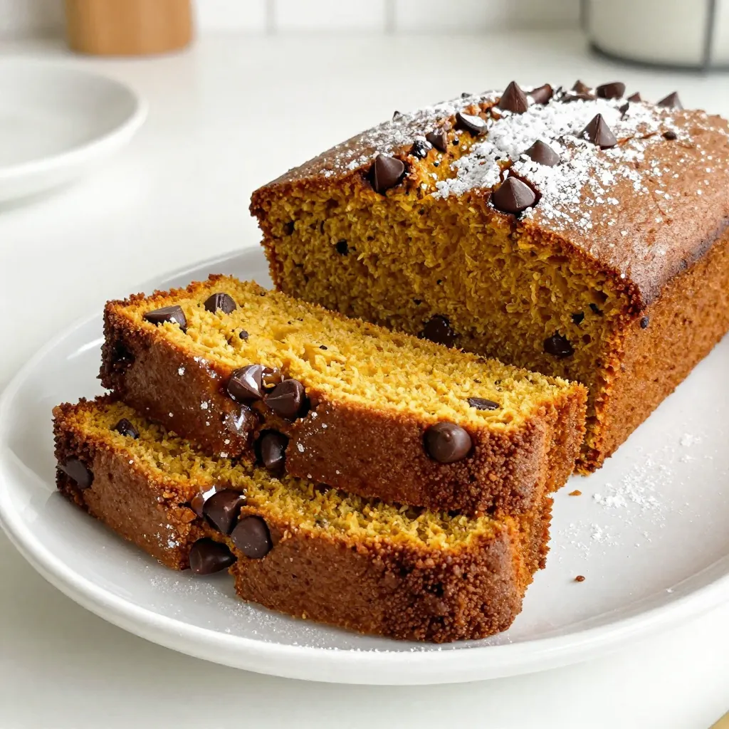 To make a tasty chocolate chip pumpkin bread, you will need: - 1 cup canned pumpkin puree - 1/2 cup vegetable oil - 1 cup brown sugar, packed - 1/2 cup granulated sugar - 2 large eggs - 1 teaspoon vanilla extract - 1 1/2 cups all-purpose flour - 1 teaspoon baking soda - 1/2 teaspoon baking powder - 1/2 teaspoon salt - 1 teaspoon ground cinnamon - 1/2 teaspoon ground nutmeg - 1/4 teaspoon ground ginger - 1 cup semi-sweet chocolate chips - Optional: 1/2 cup chopped nuts (walnuts or pecans) If you need to swap some items, here are some ideas: - Use applesauce instead of vegetable oil for a lighter loaf. - Replace brown sugar with coconut sugar for a different taste. - You can use almond flour instead of all-purpose flour for a gluten-free option. - If you do not have chocolate chips, try using dried fruit like cranberries. Choosing good ingredients makes a big difference. Here are some helpful tips: - Look for 100% pure pumpkin puree, not pumpkin pie filling. - Check oils to ensure they are fresh and free from additives. - Use fresh eggs for the best flavor and texture. - Choose spices that are aromatic and not stale. Fresh spices enhance your bread’s taste. - For chocolate chips, select high-quality brands for rich flavor. {{ingredient_image_1}} To start, I preheat my oven to 350°F (175°C) and grease a 9x5 inch loaf pan. This helps the bread slide out easily once it bakes. Next, I grab a large mixing bowl. I combine the canned pumpkin puree, vegetable oil, brown sugar, and granulated sugar. I mix these until smooth. Then, I add the eggs, one at a time. Mixing well after each egg ensures a nice, fluffy batter. After that, I stir in the vanilla extract for a warm flavor. In a separate bowl, I whisk together the dry ingredients. This includes the all-purpose flour, baking soda, baking powder, salt, cinnamon, nutmeg, and ginger. I make sure these blend well. Gradually, I add this dry mix to the wet mixture. I stir gently until just combined. Overmixing can make the bread tough. Finally, I fold in the semi-sweet chocolate chips and, if desired, the chopped nuts. This adds a delightful crunch and flavor. Now that my batter is ready, I pour it into the prepared loaf pan. I smooth the top with a spatula for an even bake. I place the pan in the oven and bake for 55 to 65 minutes. I check for doneness by inserting a toothpick in the center. If it comes out clean, the bread is done. Once the bread is baked, I remove it from the oven. I let it cool in the pan for about 10 minutes. This helps it set before I transfer it to a wire rack for complete cooling. For serving, I slice the bread and enjoy it warm. A pat of butter makes it even better. I also like to dust it with powdered sugar for a sweet touch. If I want a pretty crust, I sprinkle more chocolate chips on top before baking. This adds a nice visual and extra flavor. When making chocolate chip pumpkin bread, some mistakes can spoil your fun. Here are key points to remember: - Overmixing the batter: Stir just until combined. Overmixing makes the bread tough. - Using cold eggs: Always use room temperature eggs. They mix better with other ingredients. - Not greasing the pan: A greased pan helps the bread come out easily. Don’t skip this step! - Not checking doneness: Use a toothpick to test if it’s done. If it comes out clean, it’s ready. To get that soft and moist texture, follow these tips: - Use canned pumpkin puree: It gives moisture and flavor. Avoid fresh pumpkin as it can be too watery. - Measure flour correctly: Use the spoon-and-level method. Too much flour can make the bread dry. - Don’t skip the oil: The vegetable oil keeps the bread moist and tender. - Let it cool: Cooling helps the flavors develop. Wait at least 10 minutes before slicing. You can take your chocolate chip pumpkin bread to the next level with these add-ins: - Chopped nuts: Walnuts or pecans add crunch and depth. Use about 1/2 cup. - Dried fruit: Raisins or cranberries can add sweetness. Try 1/2 cup for a fruity twist. - Spices: Add cloves or allspice for more warmth. Just a pinch can make a big difference. - Extra chocolate: Sprinkle chocolate chips on top before baking. This gives a lovely finish. Feel free to mix and match these ideas to make the recipe your own! Pro Tips Use Fresh Spices: For the best flavor, use freshly ground spices instead of pre-ground ones. This will enhance the aromatic qualities of your pumpkin bread. Check for Doneness: Instead of relying solely on the baking time, use a toothpick to check the center. It should come out clean or with a few moist crumbs. Cool Properly: Allow the bread to cool in the pan for about 10 minutes before transferring it to a wire rack. This helps prevent it from becoming soggy. Storage Tips: Store any leftovers in an airtight container at room temperature for up to 3 days, or refrigerate for longer freshness. {{image_2}} If you want a nut-free option, just skip the nuts. You can still enjoy the rich flavors of chocolate and pumpkin. The bread will stay moist and fluffy without them. This makes it perfect for kids or those with nut allergies. Just follow the same recipe and leave out the 1/2 cup of chopped nuts. The chocolate chips will add enough texture and sweetness. To make this bread gluten-free, swap the all-purpose flour with a gluten-free blend. Look for a blend that includes xanthan gum. This helps bind the ingredients. You can also use almond flour as an alternative. Keep the other ingredients the same to keep the flavor intact. The bread will still rise well and taste delicious. Want to spice things up? You can add extra spices like cloves or allspice. This gives the bread a warm, cozy flavor. For a hint of spice, use 1/4 teaspoon of ground cloves or allspice. Mix them in with the other dry ingredients. You can also add a pinch of cayenne for a little heat. This way, you can create a unique twist that suits your taste. To keep your chocolate chip pumpkin bread fresh, store it in an airtight container. You can leave it at room temperature for up to three days. If you want it to last longer, keep it in the fridge. Just make sure it’s wrapped well to avoid drying out. Freezing is a great way to save your bread. First, let the bread cool completely. Then, wrap it in plastic wrap or aluminum foil. Place it in a freezer-safe bag. It can last up to three months in the freezer. When you’re ready to enjoy it, just thaw it in the fridge overnight. To reheat your bread, slice it first. You can use a microwave or an oven. For the microwave, heat each slice for about 15-20 seconds. If you prefer the oven, set it to 350°F (175°C) and warm the slices for about 10 minutes. This will help restore its soft texture and melt the chocolate chips again. Enjoy your warm, tasty treat! Chocolate Chip Pumpkin Bread lasts about 4 to 5 days at room temperature. Store it in an airtight container. If you want it to last longer, keep it in the fridge. This way, it can stay fresh for a week. You can also freeze it for up to three months. Just wrap it well in plastic wrap and foil. Yes, you can make this recipe without eggs. Use 1/4 cup of unsweetened applesauce for each egg. This will keep the bread moist and help it rise. You can also try using a flax egg. Mix 1 tablespoon of ground flaxseed with 2.5 tablespoons of water. Let it sit for 5 minutes before adding it to the mix. Both options work well and keep the bread tasty. If you don't have pumpkin puree, you can use mashed banana or applesauce. Both will give a nice flavor and moisture. Sweet potato puree is another great option. Just ensure that whatever you use is smooth. This keeps the texture of the bread nice and soft. Yes, this recipe is great for beginners. The steps are simple and clear, making it easy to follow. You only need basic skills like mixing and pouring. Plus, the ingredients are common and easy to find. You'll feel proud when you bake this delicious bread! In this blog post, we explored how to make delicious chocolate chip pumpkin bread. We looked at the key ingredients, substitutions, and how to choose the best ones. I shared step-by-step instructions on making, baking, and serving the bread. You learned tips to avoid common mistakes and enhance flavors. We also discussed variations like nut-free and gluten-free options. Lastly, I covered storage and reheating tips. Now, you can enjoy this treat anytime with confidence!