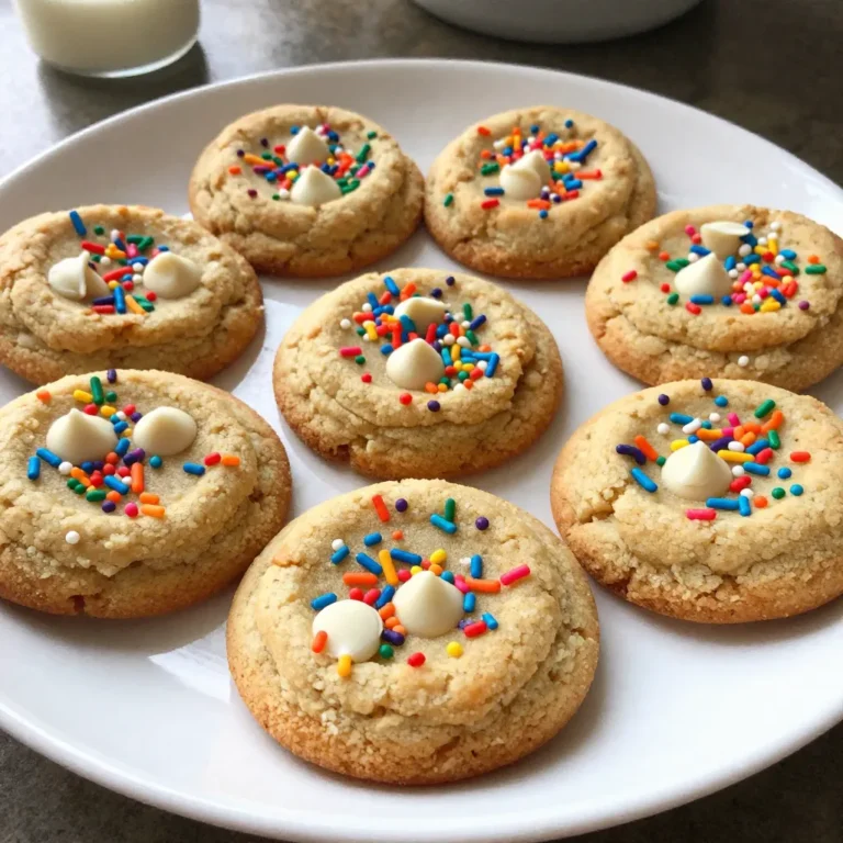 To make Funfetti Birthday Cake Cookies, you need simple and fun ingredients. The base is a mix of butter, sugars, and eggs. The flour, baking powder, and baking soda give the cookies their structure. Sprinkles add color and joy, while white chocolate chips add sweetness. Each ingredient plays a big role in taste and texture. - 1 cup unsalted butter, softened - 1 cup granulated sugar - 1 cup light brown sugar, packed - 2 large eggs - 1 teaspoon vanilla extract - 3 cups all-purpose flour - 1 teaspoon baking powder - 1 teaspoon baking soda - 1/2 teaspoon salt - 1 cup sprinkles (rainbow or themed colors) - 1 cup white chocolate chips You can change some ingredients if needed. If you want a dairy-free option, use vegan butter instead of regular butter. For the eggs, try using flax eggs. Mix 1 tablespoon of ground flaxseed with 2.5 tablespoons of water for each egg. If you don’t have white chocolate chips, you can use regular chocolate chips or nuts. You can even skip the sprinkles if you want a simpler cookie. Adjusting ingredients can still keep the cookies tasty! {{ingredient_image_1}} First, I set my oven to 350°F (175°C). This temperature works great for cookies. I take a baking sheet and line it with parchment paper. This step helps prevent sticking and makes cleanup easy. Next, I grab a large mixing bowl. I add 1 cup of softened unsalted butter, 1 cup of granulated sugar, and 1 cup of packed light brown sugar. I mix these until they are light and fluffy. Then, I add 2 large eggs, one at a time. I also pour in 1 teaspoon of vanilla extract. I mix well after each egg to keep everything smooth. In another bowl, I measure out 3 cups of all-purpose flour. I add 1 teaspoon of baking powder, 1 teaspoon of baking soda, and 1/2 teaspoon of salt. I whisk these dry ingredients together until they blend well. This step makes sure the leavening agents work evenly in the cookies. Now, I slowly add the dry mix to the wet mix. I mix just until combined. Then, I fold in 1 cup of sprinkles and 1 cup of white chocolate chips. I use a cookie scoop to drop rounded balls of dough onto the prepared baking sheet. I leave space between each cookie so they can spread while baking. I pop the sheet in the oven and bake for 10-12 minutes. I watch for the edges to turn lightly golden. The centers may look a bit underbaked, but they will set as they cool. After baking, I let the cookies cool on the sheet for 5 minutes. Then, I move them to a wire rack to cool completely. To get the best cookie texture, start with softened butter. Softened butter makes the dough creamy and smooth. This helps the cookies rise and spread just right. Mix the butter and sugars well until they look fluffy. This aeration gives the cookies their lightness. When adding flour, mix gently until combined. Over-mixing can make cookies tough. The dough should be thick but not dry. Fold in the sprinkles and chocolate chips carefully to avoid breaking them. Store your leftover cookies in an airtight container. This keeps them fresh and soft. You can use wax paper to separate layers. It helps avoid sticking. If you want them to last longer, place them in the fridge. You can also freeze cookies for later. Just make sure they cool completely first. Then, wrap them in plastic wrap and place them in a freezer bag. They can last up to three months this way. One common mistake is using cold butter. Cold butter does not mix well, and your cookies may turn out flat. Another mistake is not measuring the flour correctly. Too much flour can lead to dry cookies, while too little can make them too gooey. Baking on a hot baking sheet can also affect your cookies. Always let the sheet cool before adding more dough. Lastly, check your oven temperature with a thermometer. Ovens can vary, and a wrong temp can ruin your cookies. Pro Tips Chill the Dough: For thicker cookies, chill the dough in the refrigerator for 30 minutes before baking. This helps control spreading and results in a chewier texture. Use Parchment Paper: Lining your baking sheet with parchment paper not only prevents sticking but also promotes even baking, giving you perfectly golden edges. Mix Sprinkles Carefully: Gently fold in sprinkles to prevent them from breaking apart and losing their vibrant color. This keeps your cookies looking festive! Experiment with Flavors: Feel free to mix in different types of chocolate chips or flavored extracts to customize your cookies. Almond extract can add a lovely twist! {{image_2}} If you want to make these cookies gluten-free, swap the all-purpose flour for a gluten-free blend. Look for a mix that includes xanthan gum for the best texture. For a vegan version, replace the butter with coconut oil or a vegan butter substitute. Use flax eggs instead of regular eggs. Combine 1 tablespoon of flaxseed meal with 2.5 tablespoons of water for each egg. You can change the taste with different chips or sprinkles. Try dark chocolate chips for a richer flavor. Butterscotch chips add a warm sweetness. For sprinkles, mix themed colors for holidays or events. You can even use chocolate sprinkles for a fun twist. Get creative, and let your taste guide you! Decorating these cookies can make them stand out. For birthdays, top with a drizzle of melted chocolate or a sprinkle of extra colorful sprinkles. Use cookie icing to write names or messages. You can also sandwich two cookies with frosting for a fun treat. These ideas make every occasion more festive! To keep your Funfetti Birthday Cake Cookies fresh, store them in an airtight container. This prevents air from making them dry. Place parchment paper between layers of cookies. This helps to keep them from sticking together. Store the container at room temperature, away from heat and light. Cookies stay soft and tasty this way. You can freeze these cookies for later enjoyment. First, let the cookies cool completely. Then, place them in a single layer on a baking sheet. Freeze until solid. Once frozen, transfer them to a freezer-safe bag. Remove as much air as possible. They keep well for up to three months. When you are ready to enjoy them, thaw at room temperature. These cookies last about one week at room temperature. If you store them in the fridge, they can last up to two weeks. Freezing extends the shelf life to three months. Always check for any signs of spoilage before eating. Enjoy your cookies while they are fresh for the best taste! You can tell if your cookies are done by looking at the edges. They should be lightly golden. The centers might look a bit soft, but that’s okay. They will firm up as they cool. If you want a firmer cookie, bake them a minute longer. Keep an eye on them after 10 minutes to avoid overbaking. Yes, you can make the dough ahead of time! This makes it easy to bake fresh cookies later. Just make the dough, cover it, and store it in the fridge. You can keep it there for up to three days. When you’re ready to bake, scoop the dough onto a baking sheet and bake as usual. If you don’t have sprinkles, you can use chopped nuts, mini chocolate chips, or dried fruit. These options add flavor and fun texture. You can also use colored sugar or other themed decorations. Just make sure to keep the amount the same for best results. You learned about the key ingredients for funfetti birthday cake cookies and how to use them. I shared step-by-step instructions to make perfect cookies every time. Tips helped you achieve the best texture and avoid mistakes. We explored variations to cater to different diets and tastes. Finally, I covered how to store and freeze cookies for later enjoyment. Now, you can create tasty funfetti cookies for any occasion. Happy baking!