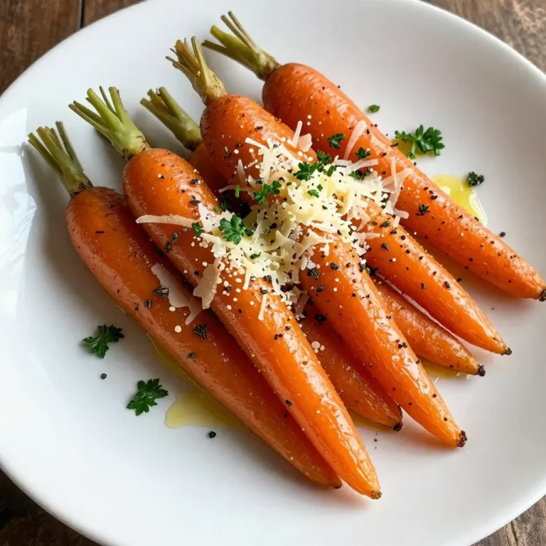 - 1 pound baby carrots, peeled - 2 tablespoons olive oil - 1/4 cup grated Parmesan cheese - 2 teaspoons dried thyme - 2 teaspoons dried rosemary - 1 teaspoon garlic powder - Salt and pepper to taste - Fresh parsley, chopped Using fresh, vibrant ingredients makes a big difference. Start with baby carrots for their sweet flavor. Peeled and ready to go, they roast up soft and tender. The olive oil helps the carrots crisp up nicely and adds rich flavor. Next, the star of the dish: Parmesan cheese. It gives a salty, nutty taste that pairs perfectly with the herbs. Dried thyme and rosemary bring earthy notes, while garlic powder adds a punch of flavor. Don’t forget to season with salt and pepper! They enhance every bite. Finally, fresh parsley adds a pop of color. It also brightens the dish and balances the rich flavors. These simple ingredients come together to make a tasty side dish that you can serve with almost anything. {{ingredient_image_1}} First, preheat your oven to 425°F (220°C). This step gets the oven hot and ready. While it warms up, take 1 pound of baby carrots and peel them if needed. Next, place the peeled carrots in a large bowl. Pour in 2 tablespoons of olive oil. Toss the carrots well, making sure they are coated evenly. This oil helps the carrots roast nicely and adds flavor. Now it’s time to add flavor. Sprinkle 1/4 cup of grated Parmesan cheese over the carrots. Then, add 2 teaspoons of dried thyme, 2 teaspoons of dried rosemary, and 1 teaspoon of garlic powder. Don't forget salt and pepper to taste! Toss the carrots again until they are fully coated. This seasoning mix makes the carrots tasty and aromatic. Spread the seasoned carrots in a single layer on a baking sheet lined with parchment paper. This helps with easy cleanup too! Place the baking sheet in the oven. Roast the carrots for 25-30 minutes. Check them halfway through and stir for even cooking. You’ll know they are done when they are tender and golden brown. For a nice touch, remove the carrots from the oven and garnish with fresh chopped parsley before serving. To get the best roasted carrots, set your oven to 425°F (220°C). This high heat helps the carrots cook evenly and brown nicely. Next, spread the carrots out in a single layer on the baking sheet. If they touch, they will steam instead of roast. Keep them spaced for that perfect crispness. You can add more herbs to boost the flavor. Try fresh thyme or rosemary for a stronger taste. You can also use herbs like oregano or basil. If you want to change the cheese, consider using Pecorino Romano or feta. Each will give a unique twist to your dish. These roasted carrots pair well with many main dishes. They go great with chicken, fish, or steak. You can also serve them with grains like quinoa or rice. For presentation, arrange the carrots on a nice platter. Sprinkle some fresh parsley on top for color. This adds a pop and makes your dish look even more appetizing. Pro Tips Choose Fresh Carrots: Look for bright, firm baby carrots that have a vibrant color to ensure the best flavor and texture. Don’t Skip the Parchment: Lining your baking sheet with parchment paper not only makes cleanup easier but also helps prevent the carrots from sticking. Adjust Seasonings: Feel free to modify the herbs according to your taste; adding a pinch of chili flakes can give a spicy kick! Serve Warm: These roasted carrots are best served warm, so enjoy them fresh out of the oven for maximum flavor! {{image_2}} You can switch up the baby carrots for other root veggies. Try using parsnips or sweet potatoes. Both add a unique taste. You can also mix different types of carrots, like rainbow carrots for color. This creates a fun look on your plate. The sweet flavor stays the same, which is great. Want to make it spicier? Add chili flakes for a kick. Just a pinch can make a big difference. If you love cheese, try different types. Pecorino Romano or even goat cheese can work well. Each cheese brings its own flavor, so feel free to experiment. If you need a vegan option, skip the cheese. Use nutritional yeast for a cheesy taste. It’s packed with nutrients too. For gluten-free needs, this recipe is already safe. Just ensure your cheese is gluten-free, and you’re set. Enjoy the dish without worry! To keep your leftover Parmesan herb roasted carrots fresh, follow these steps: - Place the carrots in an airtight container. - Store them in the fridge for best results. - They stay good for about 3 to 5 days. For freezing, make sure the carrots cool first. - Use a freezer-safe container or bag. - They can last up to 3 months in the freezer. When reheating, you want to avoid sogginess. Here’s how: - Preheat your oven to 350°F (175°C). - Place the carrots on a baking sheet. - Heat for about 10 to 15 minutes. This keeps them crispy and flavorful. You can also use the microwave for a quick fix. - Heat them in a bowl for 1 to 2 minutes. Just watch out for mushiness. Roasted carrots have a decent shelf life in the fridge. - They stay fresh for about 3 to 5 days. Check for spoilage by looking for: - A sour smell - Slimy texture - Dark spots on the surface If you see any of these signs, it's time to toss them. You know the carrots are done when they are tender and golden brown. You can poke them with a fork. If they slide off easily, they are ready. You should also see a nice caramelization on the edges. This adds flavor. Stir the carrots halfway through cooking for even results. Yes, you can use regular carrots. Just cut them into smaller pieces, about the same size as baby carrots. This helps them cook evenly. Regular carrots may take a little longer to roast, around 30 to 35 minutes. Keep an eye on them to avoid overcooking. These carrots pair well with many main dishes. They complement roasted chicken or pork nicely. You can also serve them with grilled steak or fish. For sides, consider mashed potatoes or a fresh salad. Enjoy the colors and flavors together on your plate! This blog post covered how to make simple and tasty Parmesan Herb Roasted Carrots. You learned about the right ingredients, from baby carrots to herbs and cheese. I shared step-by-step instructions to ensure great results, plus tips to enhance flavor. You also found variations, storage info, and answers to common questions. Roasted carrots can be a fantastic side dish. Try these ideas today. Enjoy cooking and experimenting with flavors. You might discover new family favorites!