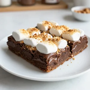 For these S'mores Brownie Bars, you will need simple ingredients. Each one plays an important role in flavor and texture. Here&rsquo;s what you need: - 1/2 cup unsalted butter, melted - 1 cup granulated sugar - 2 large eggs - 1 teaspoon vanilla extract - 1/3 cup unsweetened cocoa powder - 1 cup all-purpose flour - 1/4 teaspoon salt - 1 cup mini marshmallows - 1/2 cup chocolate chips - 1/2 cup crushed graham crackers (plus extra for topping) - 1/2 cup milk chocolate bar, broken into pieces The melted butter adds richness and moisture. Granulated sugar provides sweetness and helps the bars rise. Eggs bind everything together, creating a soft, chewy texture. Vanilla extract adds warmth and depth to the flavor. Cocoa powder gives that deep chocolate taste, while flour helps form the structure. Salt enhances all the flavors. Mini marshmallows create those gooey pockets of sweetness. Chocolate chips add extra chocolatey goodness. Crushed graham crackers give a nice crunch and bring that classic S'mores taste. Lastly, the milk chocolate bar on top makes everything extra special. These ingredients work together to create a treat that is both sweet and satisfying. Enjoy the process of mixing and baking these tasty bars! {{ingredient_image_1}} First, set your oven to 350&deg;F (175&deg;C). This step is key for even baking. Next, grab a 9x9 inch baking pan. You can grease it or use parchment paper. Both options work well to stop sticking. In a large bowl, melt your butter. Then, add the granulated sugar. Mix these together until smooth. Next, crack in two eggs. Add one at a time, mixing well after each. Finally, stir in one teaspoon of vanilla extract. This will add great flavor. In another bowl, whisk together the cocoa powder, flour, and salt. Use 1/3 cup cocoa powder, 1 cup flour, and 1/4 teaspoon salt. Gradually mix this dry mix into your wet ingredients. Stir until just combined but don&rsquo;t over-mix. Now it&rsquo;s time to add some fun! Fold in one cup of mini marshmallows, half a cup of chocolate chips, and half a cup of crushed graham crackers. Make sure they are evenly spread throughout the batter. This adds texture and flavor. Pour the batter into your prepared pan. Spread it evenly. Gently press pieces of a milk chocolate bar into the top. This makes it extra gooey. Bake in the oven for 25 to 30 minutes. Stick a toothpick in the center. It should come out with a few moist crumbs. Let the brownie bars cool in the pan for about 15 minutes. For a toasted look, sprinkle more crushed graham crackers and mini marshmallows on top. You can broil them for just a minute or two. Watch closely to avoid burning. This step adds a lovely finish! To get the ideal texture for S'mores Brownie Bars, focus on mixing. After you add the dry ingredients, mix just until combined. Overmixing makes brownies tough. You want a smooth batter with small lumps. This keeps the bars soft and chewy. To keep your S'mores Brownie Bars fresh, store them in an airtight container. Place parchment paper between layers to prevent sticking. If you seal them well, they last up to four days at room temperature. For longer storage, put them in the fridge, where they can last about a week. Serve these bars warm for the best taste. You can heat them in the microwave for a few seconds. Top with whipped cream or ice cream for a treat. Add extra crushed graham crackers on top for a nice crunch. They also pair well with a cold glass of milk. Enjoy! Pro Tips Use Room Temperature Ingredients: Make sure your eggs are at room temperature before adding them to the batter. This helps to create a smoother and more consistent mixture. Don't Overmix the Batter: When combining the wet and dry ingredients, mix until just combined. Overmixing can lead to dense brownies. Customize Your Toppings: Feel free to add your favorite mix-ins such as nuts, or swap out the chocolate chips for white chocolate or peanut butter chips for a unique flavor twist. Watch the Browning: If you decide to broil the top for a toasted marshmallow effect, keep a close eye on it. It can go from perfectly toasted to burnt in seconds! {{image_2}} You can change the type of chocolate in your S'mores Brownie Bars. Use dark chocolate for a richer taste. It brings out the cocoa flavor more than milk chocolate. You can also try white chocolate for a sweeter twist. Mix chocolate types for a fun surprise in every bite. Each choice changes the flavor and makes it unique. Want to add extra crunch? Try adding nuts like walnuts or pecans. They give a nice texture and pair well with chocolate. If you prefer fruity flavors, add chopped strawberries or raspberries. This adds a fresh taste. You can even use dried fruits like cherries or apricots for a chewy bite. Just remember to adjust the other ingredients if you add a lot. For a gluten-free version, swap the all-purpose flour with a gluten-free blend. Many brands offer one-to-one substitutes that work well. Just ensure the mix has xantham gum for better texture. This way, everyone can enjoy these tasty bars. They will still taste great, with a chewy and rich texture. To keep your S'mores Brownie Bars fresh, store them in an airtight container. This prevents moisture loss and keeps them soft. If you use a pan, cover it tightly with plastic wrap or aluminum foil. I often line my pan with parchment paper, making it easy to lift and cut the bars. When stored well, these brownie bars can last up to 5 days at room temperature. If you want to keep them longer, consider freezing them. They can stay fresh for about 3 months in the freezer. Just make sure to wrap them tightly to avoid freezer burn. If you want a warm treat, you can reheat the brownie bars. Place them in the microwave for about 10 to 15 seconds. This warms them up while keeping the gooey chocolate inside. Enjoy them fresh out of the microwave for a melty experience! Yes, you can use dark chocolate. Dark chocolate gives a richer taste. It pairs well with the sweet marshmallows and graham crackers. Just remember, dark chocolate is less sweet. You may want to adjust the sugar in your recipe. The brownie bars are done when a toothpick comes out with a few moist crumbs. If it's clean, they may be overbaked. Keep an eye on them, as ovens vary. Bake them for 25 to 30 minutes for best results. Absolutely! These bars freeze well. Let them cool completely first. Cut them into squares and wrap each piece tightly. Store them in an airtight container. They can last up to three months in the freezer. You can use applesauce or mashed bananas. Use 1/4 cup of either for each egg. This keeps the bars moist and adds some flavor. You can also use flaxseed meal mixed with water for a vegan option. You now have a clear guide to make delicious S'mores Brownie Bars. We covered the right ingredients and steps to achieve great taste and texture. Remember to keep an eye on baking time and feel free to try different mix-ins. Don't hesitate to explore variations, like adding nuts or using dark chocolate. Store them well to keep them fresh. Enjoy this treat with family and friends, and share your tasty results. Happy baking!