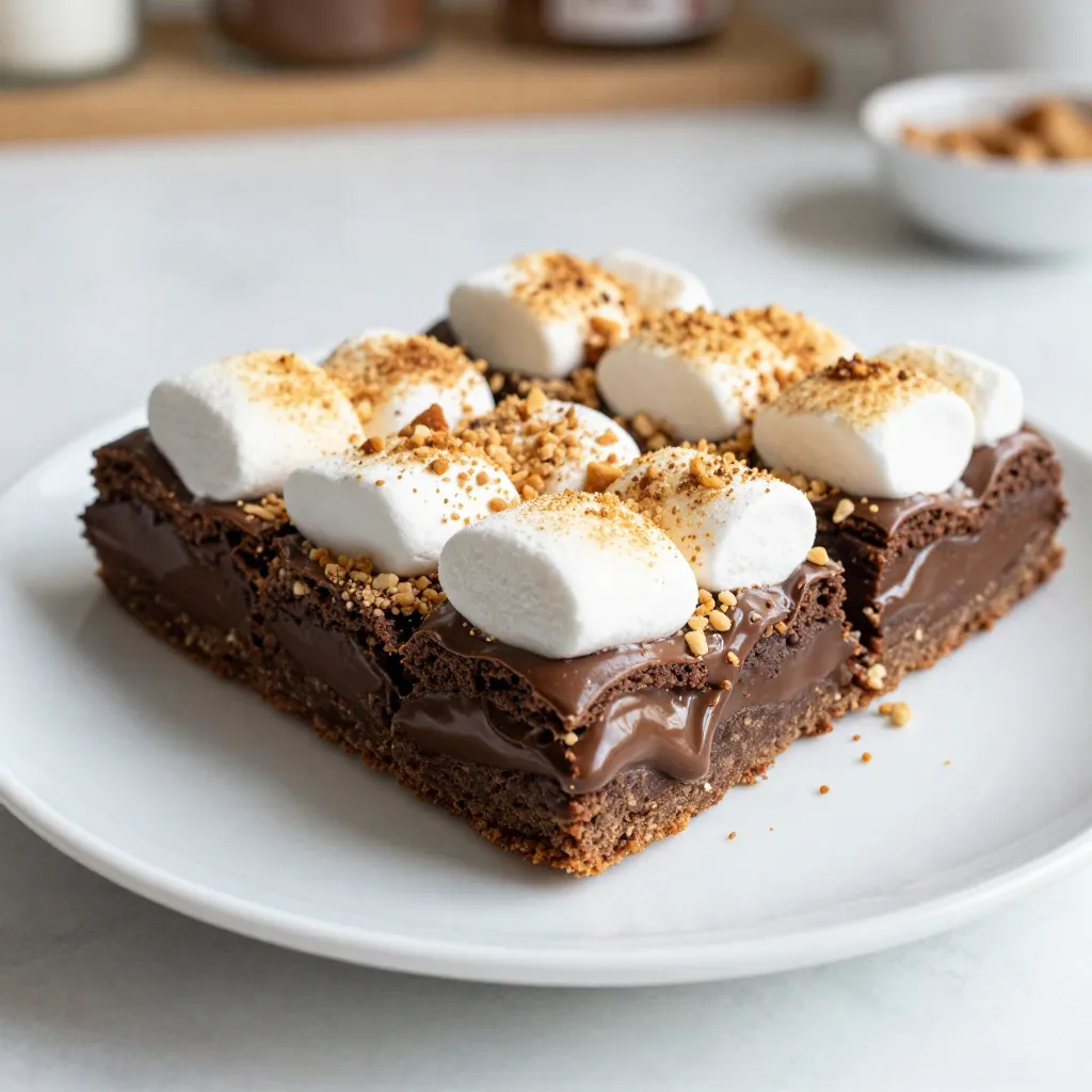 For these S'mores Brownie Bars, you will need simple ingredients. Each one plays an important role in flavor and texture. Here’s what you need: - 1/2 cup unsalted butter, melted - 1 cup granulated sugar - 2 large eggs - 1 teaspoon vanilla extract - 1/3 cup unsweetened cocoa powder - 1 cup all-purpose flour - 1/4 teaspoon salt - 1 cup mini marshmallows - 1/2 cup chocolate chips - 1/2 cup crushed graham crackers (plus extra for topping) - 1/2 cup milk chocolate bar, broken into pieces The melted butter adds richness and moisture. Granulated sugar provides sweetness and helps the bars rise. Eggs bind everything together, creating a soft, chewy texture. Vanilla extract adds warmth and depth to the flavor. Cocoa powder gives that deep chocolate taste, while flour helps form the structure. Salt enhances all the flavors. Mini marshmallows create those gooey pockets of sweetness. Chocolate chips add extra chocolatey goodness. Crushed graham crackers give a nice crunch and bring that classic S'mores taste. Lastly, the milk chocolate bar on top makes everything extra special. These ingredients work together to create a treat that is both sweet and satisfying. Enjoy the process of mixing and baking these tasty bars! {{ingredient_image_1}} First, set your oven to 350°F (175°C). This step is key for even baking. Next, grab a 9x9 inch baking pan. You can grease it or use parchment paper. Both options work well to stop sticking. In a large bowl, melt your butter. Then, add the granulated sugar. Mix these together until smooth. Next, crack in two eggs. Add one at a time, mixing well after each. Finally, stir in one teaspoon of vanilla extract. This will add great flavor. In another bowl, whisk together the cocoa powder, flour, and salt. Use 1/3 cup cocoa powder, 1 cup flour, and 1/4 teaspoon salt. Gradually mix this dry mix into your wet ingredients. Stir until just combined but don’t over-mix. Now it’s time to add some fun! Fold in one cup of mini marshmallows, half a cup of chocolate chips, and half a cup of crushed graham crackers. Make sure they are evenly spread throughout the batter. This adds texture and flavor. Pour the batter into your prepared pan. Spread it evenly. Gently press pieces of a milk chocolate bar into the top. This makes it extra gooey. Bake in the oven for 25 to 30 minutes. Stick a toothpick in the center. It should come out with a few moist crumbs. Let the brownie bars cool in the pan for about 15 minutes. For a toasted look, sprinkle more crushed graham crackers and mini marshmallows on top. You can broil them for just a minute or two. Watch closely to avoid burning. This step adds a lovely finish! To get the ideal texture for S'mores Brownie Bars, focus on mixing. After you add the dry ingredients, mix just until combined. Overmixing makes brownies tough. You want a smooth batter with small lumps. This keeps the bars soft and chewy. To keep your S'mores Brownie Bars fresh, store them in an airtight container. Place parchment paper between layers to prevent sticking. If you seal them well, they last up to four days at room temperature. For longer storage, put them in the fridge, where they can last about a week. Serve these bars warm for the best taste. You can heat them in the microwave for a few seconds. Top with whipped cream or ice cream for a treat. Add extra crushed graham crackers on top for a nice crunch. They also pair well with a cold glass of milk. Enjoy! Pro Tips Use Room Temperature Ingredients: Make sure your eggs are at room temperature before adding them to the batter. This helps to create a smoother and more consistent mixture. Don't Overmix the Batter: When combining the wet and dry ingredients, mix until just combined. Overmixing can lead to dense brownies. Customize Your Toppings: Feel free to add your favorite mix-ins such as nuts, or swap out the chocolate chips for white chocolate or peanut butter chips for a unique flavor twist. Watch the Browning: If you decide to broil the top for a toasted marshmallow effect, keep a close eye on it. It can go from perfectly toasted to burnt in seconds! {{image_2}} You can change the type of chocolate in your S'mores Brownie Bars. Use dark chocolate for a richer taste. It brings out the cocoa flavor more than milk chocolate. You can also try white chocolate for a sweeter twist. Mix chocolate types for a fun surprise in every bite. Each choice changes the flavor and makes it unique. Want to add extra crunch? Try adding nuts like walnuts or pecans. They give a nice texture and pair well with chocolate. If you prefer fruity flavors, add chopped strawberries or raspberries. This adds a fresh taste. You can even use dried fruits like cherries or apricots for a chewy bite. Just remember to adjust the other ingredients if you add a lot. For a gluten-free version, swap the all-purpose flour with a gluten-free blend. Many brands offer one-to-one substitutes that work well. Just ensure the mix has xantham gum for better texture. This way, everyone can enjoy these tasty bars. They will still taste great, with a chewy and rich texture. To keep your S'mores Brownie Bars fresh, store them in an airtight container. This prevents moisture loss and keeps them soft. If you use a pan, cover it tightly with plastic wrap or aluminum foil. I often line my pan with parchment paper, making it easy to lift and cut the bars. When stored well, these brownie bars can last up to 5 days at room temperature. If you want to keep them longer, consider freezing them. They can stay fresh for about 3 months in the freezer. Just make sure to wrap them tightly to avoid freezer burn. If you want a warm treat, you can reheat the brownie bars. Place them in the microwave for about 10 to 15 seconds. This warms them up while keeping the gooey chocolate inside. Enjoy them fresh out of the microwave for a melty experience! Yes, you can use dark chocolate. Dark chocolate gives a richer taste. It pairs well with the sweet marshmallows and graham crackers. Just remember, dark chocolate is less sweet. You may want to adjust the sugar in your recipe. The brownie bars are done when a toothpick comes out with a few moist crumbs. If it's clean, they may be overbaked. Keep an eye on them, as ovens vary. Bake them for 25 to 30 minutes for best results. Absolutely! These bars freeze well. Let them cool completely first. Cut them into squares and wrap each piece tightly. Store them in an airtight container. They can last up to three months in the freezer. You can use applesauce or mashed bananas. Use 1/4 cup of either for each egg. This keeps the bars moist and adds some flavor. You can also use flaxseed meal mixed with water for a vegan option. You now have a clear guide to make delicious S'mores Brownie Bars. We covered the right ingredients and steps to achieve great taste and texture. Remember to keep an eye on baking time and feel free to try different mix-ins. Don't hesitate to explore variations, like adding nuts or using dark chocolate. Store them well to keep them fresh. Enjoy this treat with family and friends, and share your tasty results. Happy baking!