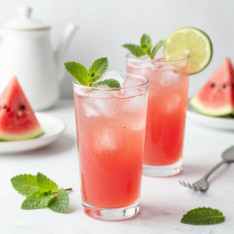 For this drink, you need 4 cups of fresh watermelon. Choose a ripe watermelon that feels heavy for its size. Look for a smooth skin with a creamy spot. This spot shows it ripened on the vine and is sweet. You will use 1/2 cup of freshly squeezed lime juice. This is about 4 to 5 limes. Fresh juice gives a bright taste that bottled juice cannot match. Roll the limes on the counter before cutting. This helps release more juice. Add 1/4 cup of honey or agave syrup. You can adjust this amount to suit your taste. Honey brings a floral note, while agave syrup is milder. Both sweeteners blend nicely with the watermelon and lime. You need 2 cups of chilled sparkling water. This adds fizz and makes the drink refreshing. Use plain sparkling water to keep the flavors pure. Ensure it is well-chilled for the best experience. Fresh mint leaves and lime slices are perfect for garnish. Mint adds a nice aroma, and lime slices make the drink look pretty. Place a mint leaf and a lime slice on each glass to impress your guests. {{ingredient_image_1}} First, take your fresh watermelon and cut it into cubes. I like to use about 4 cups. Place the cubes into a blender. Blend until the watermelon is smooth. Next, strain the juice through a fine mesh sieve into a large pitcher. This removes the pulp and gives you nice, smooth juice. You can save the pulp for another use or toss it away. Now, add the freshly squeezed lime juice to the pitcher. You will need about 1/2 cup, which comes from about 4 to 5 limes. Next, pour in 1/4 cup of honey or agave syrup. Stir the mixture well until the sweetener dissolves completely. This step is key to balancing the tartness of the lime with the sweetness of the watermelon. Carefully add 2 cups of chilled sparkling water to the pitcher. Pour it gently, so you keep that nice fizz. After adding the sparkling water, stir the mixture lightly. You want to mix the ingredients without losing that refreshing bubble. Now, it’s time to taste your drink. If you want it sweeter, add a little more honey or agave syrup. You can adjust it based on your taste buds. Remember, the sweetness should balance with the lime's tanginess. To serve, fill each glass with ice. Then pour the sparkling watermelon limeade over the ice. For a nice touch, garnish each glass with fresh mint leaves and a slice of lime on the rim. This adds a pop of color and freshness to your drink. Enjoy your refreshing summer drink! Pick a watermelon that feels heavy for its size. Look for a uniform shape and a creamy spot on one side. This spot shows where it rested on the ground. A ripe watermelon will also sound hollow when you tap it. These tips help you select a sweet and juicy fruit for your drink. Honey and agave syrup work well, but you can try other sweeteners too. Use maple syrup for a unique flavor. Stevia is a low-calorie choice if you're cutting sugar. Adjust the amount based on your taste. Always start with a little, then add more if needed. To keep the fizz, add sparkling water last. Stir gently so you don’t lose the bubbles. Serve the drink right away after mixing. If you need to prepare ahead, keep sparkling water separate until serving. This helps keep your drink lively and refreshing. Make your drink look great with simple garnishes. Use fresh mint leaves for a pop of color. Add lime slices on the rim of your glass for a fun touch. Serve in clear glasses to show off the pink hue. You can even add ice cubes with mint leaves frozen inside for a cool look. Pro Tips Choose Ripe Watermelon: For the best flavor, select a watermelon that feels heavy for its size and has a uniform shape. Look for a creamy yellow spot on one side, indicating it ripened on the ground. Chill Your Sparkling Water: Make sure your sparkling water is chilled before mixing it with the watermelon juice to keep the drink refreshing and fizzy. Adjust Sweetness to Taste: Everyone's palate is different, so taste the mixture after adding honey or agave syrup and adjust the sweetness to your liking before serving. Garnish Creatively: Enhance the presentation by using colorful garnishes like edible flowers or thinly sliced fruits along with mint leaves for a beautiful touch. {{image_2}} You can easily change the flavor by adding other fruits. Try mixing in strawberries or pineapples for a twist. Blend these fruits with the watermelon for more depth. You can also muddle fruit in the glass before pouring in the limeade. This method adds a fun texture and bursts of flavor. Herbs can enhance your drink. Try adding fresh basil or rosemary for a unique taste. You can muddle the herbs at the bottom of the glass to release their oils. Mint is a classic choice that pairs well with watermelon. Just a few leaves can add a refreshing note. Want to turn your limeade into a cocktail? Add a splash of vodka or rum for an adult twist. Mix in a shot before serving over ice. This change makes it perfect for summer parties. Remember to adjust the sweetness if you add alcohol; you want a balanced drink. To keep your Sparkling Watermelon Limeade fresh, store leftovers in a sealed container. Use a pitcher or a jar with a lid. This helps to keep flavors intact. Make sure to consume it within two days for best taste. Always refrigerate your Sparkling Watermelon Limeade. Place it in the fridge as soon as possible. Cold temperatures keep the drink refreshing. It can lose fizz if left out too long. If you notice any separation, just give it a gentle stir. You can freeze leftover watermelon juice for later use. Pour the juice into ice cube trays. Once frozen, store the cubes in a zip-top bag. This method is great for smoothies or future limeade. Just remember to use it within three months for the best flavor. Yes, you can use bottled lime juice. However, fresh lime juice tastes best. Fresh limes give a bright and zesty flavor. Bottled juice can be more tart. If you use bottled juice, taste and adjust the sweetness. To make it less sweet, use less honey or agave syrup. Start with half the amount, then taste it. You can also add more lime juice for tartness. This adds balance and makes it refreshing. Yes, you can easily scale this recipe. Simply multiply the ingredients. If you want to serve a crowd, it works great. Make sure to use a bigger pitcher. Keep the sparkling water separate until serving for the best fizz. Store leftovers in the fridge in a sealed container. It stays fresh for up to two days. However, it may lose some fizz. If you want to keep the bubbles, add sparkling water just before serving. Yes, you can use soda instead of sparkling water. Choose a lemon-lime soda for a nice twist. This will add sweetness and flavor. Just remember to adjust the amount of honey or agave syrup based on the soda's sweetness. This blog post covered how to make a refreshing Sparkling Watermelon Limeade. We talked about key ingredients, step-by-step instructions, and tips to make it better. You learned how to add other fruits and herbs for extra flavor. We also shared storing tips to keep your drink fresh. This recipe is easy, fun, and perfect for warm days. Enjoy making this drink and impress your friends!